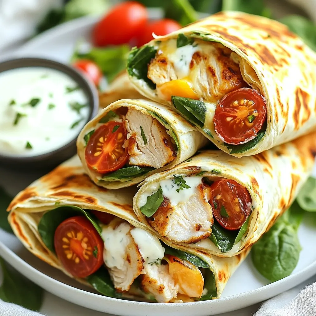 - 2 chicken breasts, sliced thinly - 1 teaspoon paprika - 1 teaspoon garlic powder - 1 teaspoon onion powder - 1/2 teaspoon salt - 1/2 teaspoon black pepper - 1 tablespoon olive oil - 4 large tortilla wraps - 1 cup shredded mozzarella cheese - 1/2 cup baby spinach - 1/2 cup cherry tomatoes, halved - 1/4 cup ranch dressing (optional for dipping) For these crispy air fryer chicken and mozzarella wraps, you need some simple and fresh ingredients. The chicken breasts bring protein and a nice base for flavor. I like to use spices like paprika, garlic powder, onion powder, salt, and black pepper. They make the chicken taste great! You also need olive oil to help the spices stick and add moisture. The large tortilla wraps hold everything together. For a cheesy burst, grab some shredded mozzarella cheese. I love adding baby spinach and halved cherry tomatoes for freshness and color. If you want a little extra flavor, a side of ranch dressing works well for dipping. Using these ingredients, you create a balanced, tasty meal that is easy to make. {{ingredient_image_1}} To start, slice the chicken breasts thinly. In a bowl, mix the chicken with paprika, garlic powder, onion powder, salt, black pepper, and olive oil. You want every piece to get coated well. This step is key for flavor. Let the chicken marinate for at least 15 minutes. This allows the spices to soak in. Preheat your air fryer to 400°F (200°C). This takes about 5 minutes. Place the marinated chicken in the air fryer basket. Make sure not to overcrowd it. Cook for 10-12 minutes. Shake the basket halfway through. This helps the chicken cook evenly. The chicken should look crispy and cooked through when done. Lay out a large tortilla wrap on a clean surface. Start layering with shredded mozzarella cheese. Add the cooked chicken next, followed by baby spinach and halved cherry tomatoes. For extra cheesiness, sprinkle some more mozzarella on top. Now, starting from one end, roll the tortilla tightly around the fillings. If needed, secure it with toothpicks. Place the wraps seam side down in the air fryer basket. Lightly spray the outside with olive oil. This helps them crisp up nicely. Air fry at 400°F (200°C) for 5-7 minutes. Keep an eye on them until they turn golden brown and crispy. - Serving suggestions: After air frying, remove the wraps and let them cool for a minute. Slice them diagonally for a nice presentation. Serve with ranch dressing on the side for dipping if you like. Enjoy your delicious crispy wraps! To get the best crispy chicken, start with thin slices. Thin pieces cook faster and get crispier. Use a mix of spices to add flavor. Paprika, garlic powder, and onion powder work great. Don’t skip the olive oil. It helps in achieving that nice crunch. Marinate for at least 15 minutes, but longer is even better. This allows the flavors to soak in. When you cook, avoid overcrowding the air fryer basket. This lets hot air circulate and crisp up the chicken evenly. Rolling your wraps tightly is key. Start from one end and roll carefully. This keeps all the fillings inside. If you find it hard to roll, warm the tortillas slightly. This makes them more pliable. Don’t overfill your wraps. Too much filling can lead to messy rolling. If needed, secure the wraps with toothpicks. This keeps them together while cooking. Preheating your air fryer is a must. This helps start cooking right away. Set it to 400°F (200°C) for the best results. When cooking the wraps, spray a little olive oil on the outside. This adds crispness and flavor. Keep an eye on the wraps as they cook. Every air fryer is different, so cooking times may vary. When they are golden brown, they are ready to eat! Pro Tips Choose the Right Chicken: Use thinly sliced chicken breasts to ensure even cooking and a crispy texture in the air fryer. Even Coating: Make sure the chicken is evenly coated with the marinade to enhance flavor and promote crispiness. Careful Wrapping: When rolling the wraps, keep them tight to prevent the filling from spilling out during cooking. Perfect Crispiness: Lightly spray the wraps with olive oil before air frying to achieve a golden, crispy exterior. {{image_2}} You can switch out chicken for other proteins. Turkey works well and stays juicy. Tofu is a great choice for a plant-based meal. Shrimp adds a tasty twist and cooks fast. Pork can also shine in this wrap, especially when seasoned well. While mozzarella is classic, feel free to get creative. Cheddar gives a sharp flavor and melts nicely. Pepper jack adds a kick if you like heat. Gouda brings a rich taste that pairs well with chicken. Feta can provide a tangy contrast, especially with veggies. Boost your wraps with more veggies. Bell peppers add crunch and color. Zucchini slices cook well in the air fryer. Avocado offers creaminess and healthy fats. Fresh herbs like basil or cilantro can brighten the dish. For added flavor, consider a drizzle of balsamic glaze or a sprinkle of lemon juice. To store leftover wraps, let them cool first. Place them in an airtight container. This keeps them fresh and tasty. You can also wrap them in plastic wrap. Store in the fridge for up to three days. If you want to keep them longer, consider freezing. Reheat the wraps in the air fryer for the best results. Set the air fryer to 350°F (175°C). Heat for about 5-7 minutes. This method keeps the wraps crispy. Avoid the microwave, as it can make the wraps soggy. If you do use a microwave, heat them for only a short time. To freeze wraps, make sure they are fully cooled first. Wrap each one in plastic wrap, then place them in a freezer bag. They can stay in the freezer for up to three months. When ready to eat, thaw in the fridge overnight. Then reheat in the air fryer for a delicious meal. To boost the chicken's flavor, use fresh herbs like thyme or basil. You can also add a splash of lemon juice for a zesty kick. Marinating the chicken longer, up to an hour, helps the spices soak in better. Try adding cayenne pepper for heat or a dash of soy sauce for umami. A mix of different spices can bring new life to the dish. Yes, you can use any type of wrap you like. Whole wheat, spinach, or even a low-carb wrap work well. If you want to make it lighter, consider using lettuce leaves instead of tortillas. Each option brings its own flavor and texture, so feel free to experiment. If you use frozen wraps, increase the cooking time by about 5 minutes. Start checking them at the 10-minute mark to avoid overcooking. You want them to be hot and crispy but not burnt. This way, you still enjoy that great crunch and warm filling. Absolutely! Use gluten-free wraps to make this dish suitable for those with gluten sensitivities. Many brands offer tasty gluten-free options. Also, check the seasoning and ranch dressing labels to ensure they are gluten-free. With these swaps, you can enjoy crispy chicken wraps without worry. In this blog post, I outlined how to make delicious air fryer chicken wraps. We covered the key ingredients like chicken, tortillas, and optional dips. I shared step-by-step instructions on marinating, cooking, and assembling your wraps. You also learned tips for crispy chicken and rolling techniques. Variations included using different proteins and cheese types. Lastly, I explained how to store leftovers and reheat them for the best taste. Enjoy making these tasty wraps and get creative with your flavors!