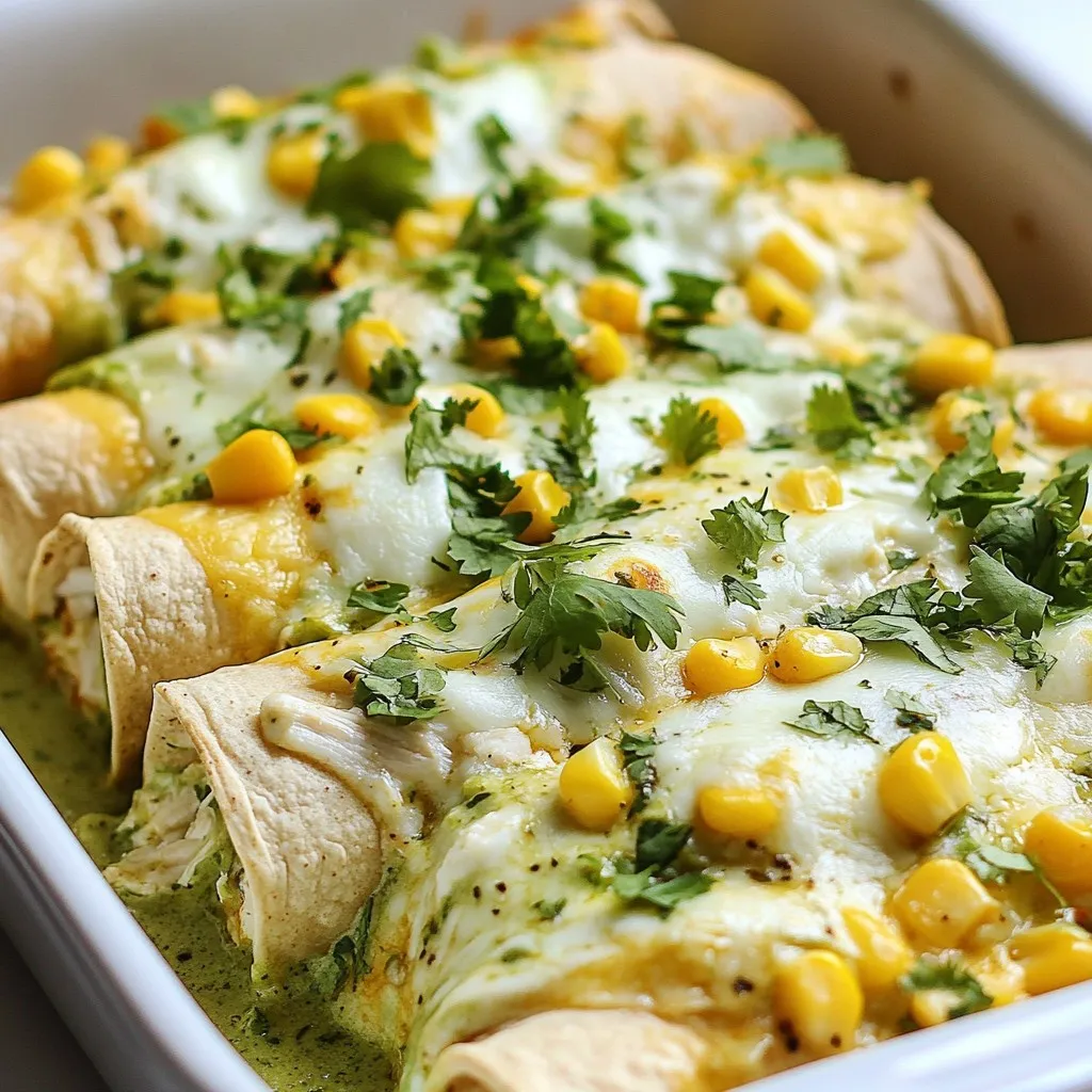 - Fresh Ingredients - 2 cups cooked chicken breast, shredded - 1 cup low-fat Greek yogurt - 1 cup shredded low-fat mozzarella cheese - 1 cup diced green bell pepper - 1/2 cup corn kernels (fresh or frozen) - Fresh cilantro, chopped (for garnish) - Pantry Items - 1 can (10 oz) green enchilada sauce - 1 teaspoon garlic powder - 1 teaspoon onion powder - 1/2 teaspoon ground cumin - 1/2 teaspoon chili powder - Salt and pepper to taste - 8 whole wheat tortillas - Optional Garnishes - Fresh cilantro can add a bright touch. - You can add a squeeze of lime for extra zest. This list gives you all you need for high-protein white chicken enchiladas. Each ingredient plays a role in flavor and nutrition. The chicken provides protein, while Greek yogurt adds creaminess without the fat. The whole wheat tortillas give fiber, keeping you full longer. Enjoy shopping for these fresh and pantry items to create your dish! {{ingredient_image_1}} First, preheat your oven to 350°F (175°C). This step is key to getting a nice bake. While the oven heats, gather your ingredients. You will need chicken, Greek yogurt, cheese, and the spices. Having everything ready helps speed up the process. In a large bowl, mix the shredded chicken and Greek yogurt. Add half of the mozzarella cheese, diced green bell pepper, and corn. Sprinkle in garlic powder, onion powder, ground cumin, chili powder, salt, and pepper. Stir it all until it is well mixed. This blend gives your enchiladas flavor and protein. Now, take a baking dish and spread 1/2 cup of green enchilada sauce on the bottom. Lay out your whole wheat tortillas on a flat surface. Place about 1/3 cup of the chicken mixture in the center of each tortilla. Roll them up tightly and place them seam-side down in the dish. Pour the rest of the green enchilada sauce over the rolled enchiladas. Make sure to cover them well. Top with the remaining mozzarella cheese. Cover the dish with aluminum foil and bake for 20 minutes. After that, remove the foil and bake for another 10 minutes. You want the cheese to be bubbly and slightly golden. Once done, take it out and let it cool for a few minutes. Garnish with fresh cilantro before serving. You can easily swap some ingredients for healthier choices. Instead of regular tortillas, use whole wheat ones for more fiber. Low-fat Greek yogurt works great in place of sour cream, giving you creaminess with less fat. Try using fresh veggies, like spinach or zucchini, for added nutrients. You can also replace the cheese with a plant-based option if you prefer. To shred chicken fast, first let it cool slightly. Use two forks to pull the meat apart. You can also use your hands if you prefer. For even faster results, try a stand mixer. Place the cooked chicken in the bowl and mix on low speed. The chicken will shred quickly without much effort. To prevent sticking, use a non-stick baking dish or spray it lightly with oil. Make sure to spread the enchilada sauce on the bottom before placing the tortillas. This keeps them moist and helps prevent sticking. When baking, cover the dish with foil for the first part. This traps steam and helps cook them evenly. Remove the foil later to get that nice, golden cheese on top. Pro Tips Use Rotisserie Chicken: For a quicker option, use store-bought rotisserie chicken to save time on shredding. Customize Your Veggies: Feel free to add other vegetables like spinach or zucchini to boost the nutrition and flavor. Make Ahead: Prepare the enchiladas in advance and refrigerate them, then bake just before serving for a hassle-free meal. Garnish for Flavor: Don't skip the fresh cilantro; it adds a refreshing touch that enhances the overall taste of the dish. {{image_2}} You can make these enchiladas vegetarian by using plant-based protein. Try using: - 2 cups cooked quinoa - 2 cups black beans, rinsed and drained - 2 cups diced mushrooms These options add protein while keeping flavors rich. The quinoa and beans also provide fiber. If you want to keep it cheesy, substitute the chicken with more low-fat mozzarella. To amp up the flavor in your enchiladas, consider adding: - 1 cup diced tomatoes - 1/2 cup diced onions - 1 teaspoon smoked paprika These ingredients add a fresh taste and a smoky kick. You can also include jalapeños for heat. Just chop them finely and mix them into the filling. Experiment with spices to find your perfect blend. If you want to change the sauce, here are some tasty choices: - Red enchilada sauce for a bolder flavor - Salsa verde for a zesty twist - Tomato sauce mixed with spices for a mild taste These sauces can give your enchiladas a new life. Choose one based on your mood or what you have at home. Each sauce will bring its unique style to the dish. Store leftover enchiladas in an airtight container. Keep them in the fridge. They stay fresh for up to three days. Make sure they cool down before sealing. This helps maintain texture and flavor. If you want to keep them longer, freezing is a great option. To freeze enchiladas, first let them cool completely. Wrap each enchilada tightly in plastic wrap. Then, place them in a freezer bag or container. This prevents freezer burn. They can last up to three months in the freezer. When you're ready to eat, simply thaw in the fridge overnight. For reheating, preheat your oven to 350°F (175°C). Place the enchiladas in a baking dish. Add a splash of water or sauce to keep them moist. Cover with foil to prevent drying out. Heat for about 20 minutes, or until warm throughout. You can also reheat in the microwave, but the oven keeps them crispy. To make High-Protein White Chicken Enchiladas, first gather your ingredients. You need two cups of cooked, shredded chicken, one cup of low-fat Greek yogurt, and one cup of shredded low-fat mozzarella cheese. You will also need one can of green enchilada sauce, one cup of diced green bell pepper, and half a cup of corn. Add garlic powder, onion powder, cumin, chili powder, salt, and pepper for flavor. Use eight whole wheat tortillas to wrap the filling. Start by preheating your oven to 350°F (175°C). In a bowl, mix the chicken, Greek yogurt, half the cheese, bell pepper, corn, and spices. Spread half a cup of enchilada sauce in a baking dish. Then, fill each tortilla with the chicken mixture and roll them up. Place the rolled tortillas seam-side down in the dish. Pour the rest of the sauce over them and top with the remaining cheese. Cover with foil and bake for twenty minutes. Remove the foil and bake for ten more minutes until the cheese is bubbly. Yes, you can use other types of cheese. Cheddar, pepper jack, or even queso fresco work well. Each cheese brings a different flavor. If you want a stronger taste, try sharp cheddar. For a creamier texture, use Monterey Jack cheese. Mixing cheeses can also create a unique flavor blend. Several side dishes pair well with enchiladas. Here are a few ideas: - Spanish rice - Refried beans - A simple green salad - Cilantro lime quinoa - Corn on the cob These sides complement the flavors in the enchiladas. They also add color and nutrition to your meal. To boost the protein in your enchiladas, consider these tips: - Add black beans or pinto beans to the filling. - Use extra chicken or turkey. - Mix in cottage cheese with the Greek yogurt. - Top the enchiladas with a sprinkle of hemp seeds or chopped nuts. These options will help you create a protein-packed meal while keeping it delicious and balanced. In this blog post, we explored making high-protein white chicken enchiladas. We covered the fresh ingredients needed, including pantry items and garnishes. You learned step-by-step instructions for preparation and baking. We shared tips for healthy substitutions and easy chicken shredding. Variations allow for creativity, like vegetarian options and sauce alternatives. Lastly, we discussed storing leftovers and reheating tips. Now, you're ready to make delicious enchiladas at home. Enjoy experimenting with flavors and techniques!