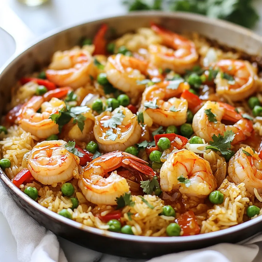 - Large shrimp (1 lb), peeled and deveined - Jasmine rice (1 cup) - Vegetable broth (2 cups) - Honey (2 tablespoons) - Minced garlic (3 cloves) - Soy sauce (2 tablespoons) - Sesame oil (1 tablespoon) - Peas (1 cup, fresh or frozen) - Diced red bell pepper (1) - Sliced green onions (3) - Salt and pepper to taste - Fresh cilantro for garnish (optional) The ingredients for One Pan Honey Garlic Shrimp Rice are simple yet full of flavor. You start with large shrimp, which give the dish a nice bite. I love using jasmine rice because it cooks fluffy and has a lovely aroma. The vegetable broth adds depth and richness, making every bite special. Honey and soy sauce create that sweet and savory taste we all crave. Minced garlic brings a warm, fragrant note that fills your kitchen with joy. Sesame oil gives a slight nutty taste, which balances the dish perfectly. I often throw in peas and red bell pepper for color and crunch. Green onions add a fresh finish, while cilantro gives a pop of brightness. Remember, you can adjust salt and pepper to your liking. Each ingredient plays a role in making this a delightful meal. {{ingredient_image_1}} - First, pour 1 tablespoon of sesame oil into a large skillet. Heat it over medium heat. - Next, add 3 cloves of minced garlic. Sauté for about 30 seconds until you smell the garlic. - Now, toss in 1 diced red bell pepper. Cook it for 2-3 minutes until it softens slightly. - Then, add 1 pound of peeled and deveined shrimp to the skillet. Cook until the shrimp turn pink, which takes about 2-3 minutes. Season with salt and pepper to taste. - In a small bowl, mix 2 tablespoons of honey and 2 tablespoons of soy sauce. Pour this mixture over the shrimp and veggies. Stir well to coat everything evenly. - Next, add 1 cup of jasmine rice to the skillet. Mix everything well to combine. - Pour in 2 cups of vegetable broth. Bring this mixture to a gentle boil. - Once boiling, lower the heat to simmer. Cover the skillet and let it cook for 15-20 minutes. This lets the rice absorb all the flavors and liquid. - During the last 5 minutes of cooking, stir in 1 cup of peas. They will add color and sweetness to the dish. Once everything is done, you can serve it hot and enjoy! To ensure your shrimp are cooked perfectly, watch the color closely. They should turn pink and opaque. This usually takes about 2-3 minutes. Overcooking makes shrimp tough, so take them off the heat when they look just right. For fluffy rice, rinse the jasmine rice before cooking. Rinsing removes extra starch. This helps the rice stay separate and light. Use the right amount of broth to rice. The two-to-one ratio gives the best results. For a delightful serving, you can plate the dish directly from the skillet. This gives a warm, rustic vibe. If you prefer, serve it on individual plates. A sprinkle of green onions and cilantro adds a nice touch of color. Pair your One Pan Honey Garlic Shrimp Rice with a light salad or steamed veggies. This makes a complete meal. You can also serve it with a chilled glass of white wine to enhance the flavors. Pro Tips Fresh Shrimp is Key: Always opt for fresh or properly thawed shrimp to ensure the best texture and flavor in your dish. Adjust the Sweetness: Feel free to adjust the amount of honey based on your taste preferences; you can add more for a sweeter dish or reduce it for a more savory flavor. Don’t Overcook the Rice: Keep an eye on the rice as it cooks; if you overcook it, it can become mushy. Check for doneness a few minutes before the recommended time. Customize with Veggies: You can easily add other vegetables such as bell peppers, carrots, or broccoli to enhance the nutritional value and flavor of the dish. {{image_2}} You can easily swap ingredients in this dish. If shrimp isn't your thing, try chicken or tofu. Both options work well and cook up nicely. For grains, jasmine rice shines, but brown rice or quinoa make great choices too. Brown rice gives a nutty flavor and a chewier texture. Quinoa adds protein and a bit of crunch. Want to mix it up? Add more veggies! Broccoli and carrots add color and nutrients. You can toss them in with the red bell pepper for a colorful dish. If you like heat, sprinkle in some red pepper flakes. They add a spicy kick that makes every bite exciting. You can adjust the amount based on your spice level. To store your One Pan Honey Garlic Shrimp Rice, let it cool first. Place leftovers in an airtight container. This keeps the dish fresh. You can store it in the fridge for up to three days. Make sure to label the container with the date. This helps you track how long it’s been. Always check for any signs of spoilage before eating. When reheating, you want to keep the shrimp tender. A great way is to use the stovetop. Place the rice in a pan with a splash of water. Heat over low until warm. Stir often to prevent sticking. You can also use a microwave. Cover the dish with a damp paper towel. This keeps moisture in and helps heat it evenly. For a little extra flavor, add a squeeze of fresh lemon juice or a dash of soy sauce while reheating. This gives your meal a fresh taste, just like when it was first cooked. Enjoy your delicious leftovers! To make this dish gluten-free, use gluten-free soy sauce. Many brands make this option. You can find it in most grocery stores. Always check the label to ensure it is gluten-free. This small change keeps the flavor while making it safe for those with gluten issues. Yes, you can prepare this dish ahead of time. Cook it as directed and let it cool. Store it in an airtight container in the fridge. It will stay fresh for about 3 days. When you are ready to eat, simply reheat it on the stove or in the microwave. If you need a honey substitute, use maple syrup or agave nectar. Both options will give a nice sweetness. Brown sugar mixed with water can also work. Just mix one cup of sugar with a quarter cup of water to mimic the honey's texture. This blog post covered a tasty One Pan Honey Garlic Shrimp Rice dish. We explored key ingredients, like shrimp and jasmine rice, and shared clear steps for cooking. I gave tips for perfect shrimp and fluffy rice, as well as variations for different tastes. Storing and reheating leftovers was also discussed for your convenience. Enjoy making this dish your own, and remember, cooking is all about having fun and being creative!