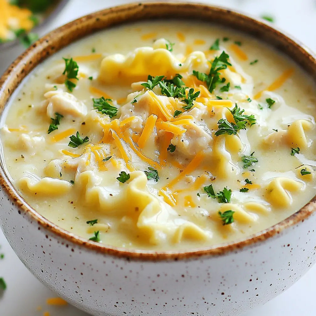 - 1 tablespoon olive oil - 1 medium onion, diced - 3 cloves garlic, minced - 2 cups cooked chicken breast, shredded - 4 cups chicken broth - 1 cup heavy cream For this soup, I start with olive oil, onion, and garlic. I love how these simple ingredients create a great base. The cooked chicken adds protein, while chicken broth gives flavor. The heavy cream brings a rich, smooth texture that makes every bite comforting. - 1 cup ricotta cheese - 1 1/2 cups shredded mozzarella cheese - 1/2 cup grated Parmesan cheese Cheese makes this soup extra special. I use ricotta for creaminess. Mozzarella melts beautifully and adds stretch. Grated Parmesan adds a salty, nutty flavor that ties it all together. - 1 teaspoon dried oregano - 1 teaspoon dried basil - 1/2 teaspoon red pepper flakes (optional) - Salt and pepper to taste - Fresh parsley, chopped for garnish Seasonings are key to flavor. Dried oregano and basil provide great depth. Red pepper flakes can add a nice kick, but you can skip them if you prefer mild soup. Salt and pepper enhance all the flavors. Fresh parsley brightens the dish and makes it look pretty. {{ingredient_image_1}} First, I heat one tablespoon of olive oil in a large pot. I add one diced onion and sauté it for about five minutes. The onion should look soft and clear. Next, I stir in three minced garlic cloves. I cook this for one more minute to bring out the flavor. Then, I add two cups of shredded cooked chicken. After that, I pour in four cups of chicken broth. I also add one teaspoon of dried oregano, one teaspoon of dried basil, and half a teaspoon of red pepper flakes, if I want some heat. I bring this to a nice simmer. Once the base is ready, I slowly stir in one cup of heavy cream. I let the soup simmer gently for about five minutes. This step makes the soup rich and smooth. The cream blends in well, making it comforting and creamy. Next, I add eight broken lasagna noodles into the pot. I cook them according to the package instructions, which usually takes about ten to twelve minutes. While the noodles cook, I keep an eye on the pot. Once the noodles are tender, I lower the heat. Then, I mix in one cup of ricotta cheese, one and a half cups of shredded mozzarella, and half a cup of grated Parmesan cheese. I stir until the cheese melts and the soup is thick. I taste and season with salt and pepper. For the last step, I ladle the soup into bowls. I garnish each bowl with freshly chopped parsley. This adds a nice touch and some color. Now, the soup is ready to enjoy! To make your soup burst with flavor, add some spices and herbs. I recommend using: - 1 teaspoon dried oregano - 1 teaspoon dried basil - 1/2 teaspoon red pepper flakes (optional) These ingredients add depth and aroma. You can also try fresh herbs like thyme or rosemary. They bring a nice brightness to the dish. The key to a creamy soup is how you add the cream. Slowly pour in the heavy cream while stirring. This helps it blend well and prevents curdling. Let the soup simmer gently after adding the cream. This will make sure the flavors meld together beautifully. For the best noodle texture, cook the lasagna noodles according to the package instructions. Break them into smaller pieces for even cooking. If your soup is too thick, add more chicken broth or water. For a thicker soup, you can mash a few noodles while cooking. This will add a nice body to your soup. Pro Tips Use Rotisserie Chicken: For a quicker meal, consider using store-bought rotisserie chicken. It saves time and adds great flavor to the soup. Adjust the Creaminess: If you prefer a lighter soup, reduce the amount of heavy cream and replace it with more chicken broth. Customize the Herbs: Feel free to add fresh herbs like thyme or parsley towards the end of cooking for an extra burst of flavor. Leftover Storage: Store any leftovers in an airtight container in the refrigerator for up to 3 days. Reheat gently on the stove, adding a splash of broth if needed. {{image_2}} You can easily switch proteins in this soup. If you want a quicker option, use rotisserie chicken. It saves time and still tastes great. Shredded turkey is another tasty choice. If you prefer plant-based options, try using chickpeas or tofu. Both mix well with the creamy soup. If you're avoiding dairy, there are good choices. Coconut milk can replace heavy cream for a rich taste. Almond or oat milk also work well. For cheese, look for dairy-free mozzarella or creamy cashew cheese. These swaps keep the soup delicious and creamy without dairy. Adding veggies can make this soup heartier. You might try spinach or kale for a boost of greens. Carrots and celery add crunch and flavor. You can also toss in mushrooms for an earthy taste. Just chop them up and add them when you sauté the onion and garlic. This will help the flavors blend nicely. To keep your white chicken lasagna soup fresh, store it in an airtight container. Let the soup cool first. This helps prevent condensation. Place the container in the fridge. It will last for about 3 to 4 days. When you’re ready to enjoy it again, stir well before serving. You can freeze the soup for later. First, allow it to cool completely. Then, pour the soup into freezer-safe bags or containers. Leave some space at the top, as it will expand. Label the bags with the date. The soup can stay in the freezer for up to three months. To thaw it, place it in the fridge overnight. When reheating, use the stovetop for best results. Pour the soup into a pot and heat over medium-low. Stir often to prevent sticking. If the soup seems thick, add a splash of chicken broth or cream. You can also use the microwave. Heat in short bursts, stirring in between. Enjoy your creamy soup warm and delicious! Yes, you can make this soup ahead of time. Store it in an airtight container in the fridge for up to three days. When you want to eat it, just reheat on the stove. If the soup gets too thick, add a little chicken broth or water to bring it back to life. To add some heat, you can increase the red pepper flakes. Start with one teaspoon and adjust to your taste. You can also add sliced jalapeños or a dash of hot sauce. Just remember to taste as you go. This soup pairs well with many sides. Here are some ideas: - Crusty bread or garlic bread for dipping - A fresh green salad with a light vinaigrette - A side of roasted vegetables for extra flavor These choices will round out your meal and make it even more satisfying. Enjoy! This blog post covered how to make White Chicken Lasagna Soup. We discussed the key ingredients, like chicken, cheese, and spices. I shared step-by-step instructions for cooking and tips for better flavor. We looked at variations, such as using rotisserie chicken or plant-based options, to fit your needs. Finally, I explained how to store leftovers and reheat the soup. Now you have all the tools to make this dish great. Enjoy your cooking adventure and share this delicious soup with others!