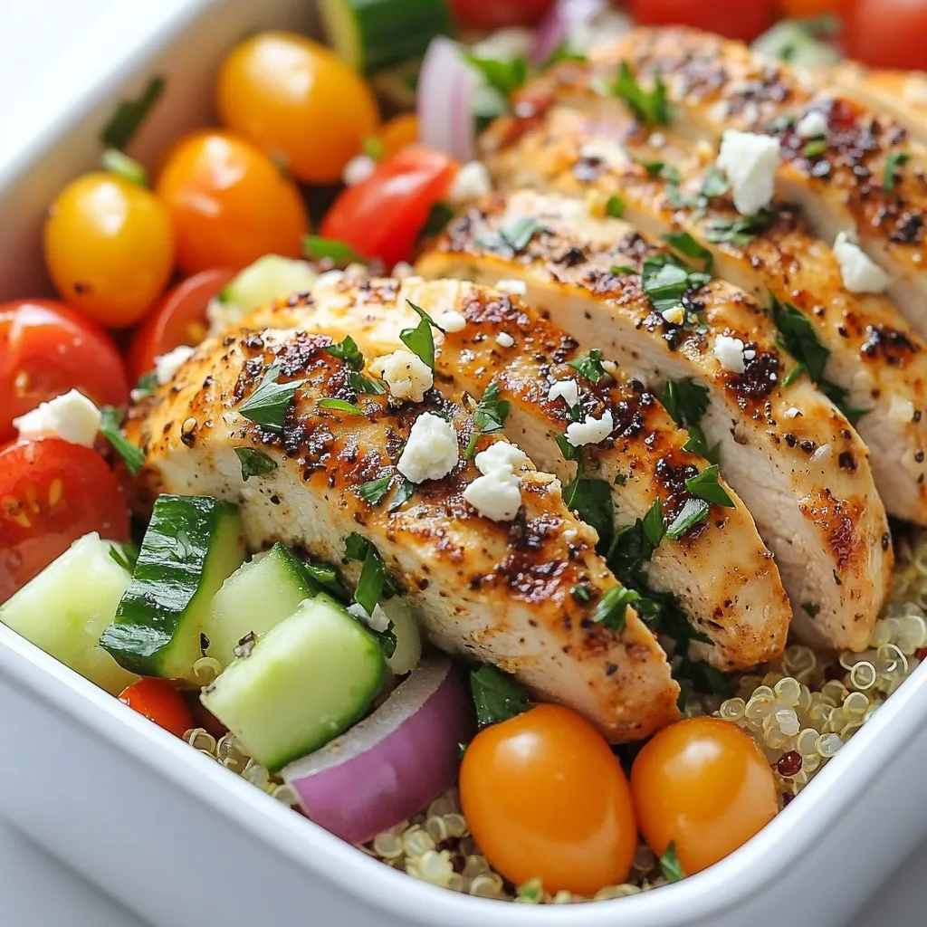 - 2 boneless, skinless chicken breasts - 1 cup quinoa - 1 cup cherry tomatoes, halved - 1 cucumber, diced - 1 red onion, finely chopped - 1 cup kalamata olives, pitted and halved - 1 cup feta cheese, crumbled These main ingredients create the heart of our Greek chicken meal prep bowls. The chicken offers lean protein, while quinoa provides fiber and nutrients. The fresh veggies add crunch and color. Kalamata olives and feta cheese bring a burst of flavor and richness. - 2 tablespoons olive oil - 2 teaspoons oregano - 1 teaspoon paprika - 1 teaspoon garlic powder - Juice of 1 lemon - Fresh parsley, chopped for garnish The additional ingredients enhance the taste. Olive oil adds healthy fats. Oregano, paprika, and garlic powder give the chicken a Mediterranean twist. Lemon juice brightens the dish, while fresh parsley adds a pop of green. These flavors blend perfectly, making every bite enjoyable. {{ingredient_image_1}} 1. Preheating the oven: Start by preheating your oven to 400°F (200°C). This step is key for even cooking. 2. Preparing the seasoning for chicken: In a small bowl, mix together 2 tablespoons of olive oil, 2 teaspoons of oregano, 1 teaspoon of paprika, 1 teaspoon of garlic powder, and salt and pepper. Rub this mixture all over the 2 chicken breasts. 3. Baking the chicken: Place the seasoned chicken on a baking sheet lined with parchment paper. Bake for 25-30 minutes, or until it reaches an internal temperature of 165°F (75°C). After baking, let the chicken rest for 5 minutes before slicing. 1. Combining ingredients: While the chicken bakes, prepare the quinoa. In a medium saucepan, combine 1 cup of rinsed quinoa with 2 cups of water or chicken broth. 2. Cooking process and fluffing quinoa: Bring the mixture to a boil. Then, reduce the heat to low, cover, and let it simmer for about 15 minutes. Once the liquid is absorbed, fluff the quinoa with a fork and set it aside. 1. Combining salad ingredients: In a large bowl, mix together 1 cup of halved cherry tomatoes, 1 diced cucumber, 1 finely chopped red onion, 1 cup of pitted and halved kalamata olives, and 1 cup of crumbled feta cheese. Drizzle the juice of 1 lemon over the salad and toss gently. 2. Layering ingredients in meal prep containers: To assemble the meal prep bowls, start by adding a base of quinoa in each container. Top it with sliced chicken and then add the Mediterranean salad. 3. Garnishing the meal prep bowls: Finish by garnishing with fresh parsley. You can also add extra lemon wedges if you like. Seal the containers and store them in the fridge for a healthy meal option throughout the week. - To ensure the chicken is fully cooked, use a meat thermometer. The chicken should reach 165°F (75°C). This keeps it safe and juicy. Let it rest for five minutes after baking. This step helps keep the juices inside. - Fluffing quinoa is easy. After cooking, use a fork to gently stir it. This breaks up clumps and gives it a light texture. Perfect quinoa makes your meal prep bowls taste even better. - For best storage, use airtight containers. This keeps your meal fresh. Store your bowls in the fridge for up to four days. - To reheat for optimal flavor, use a microwave or stovetop. If using a microwave, cover the bowl with a damp paper towel. This keeps the moisture in. Heat until warm but not too hot. Enjoy your delicious Greek chicken meal prep bowls! Pro Tips Marinate for More Flavor: For extra flavor, marinate the chicken in the olive oil and spice mixture for at least 30 minutes before baking. Cook Quinoa Perfectly: Rinse quinoa under cold water before cooking to remove bitterness, and use broth instead of water for added flavor. Customize Your Veggies: Feel free to add or substitute any of your favorite vegetables in the salad to suit your taste. Meal Prep Storage: Use airtight containers to keep your meal prep bowls fresh in the fridge, and consume within 4 days for the best taste. {{image_2}} You can change the protein in your Greek chicken meal prep bowls. Instead of chicken, try using tofu or shrimp. Tofu works well as a plant-based option. Just make sure to press it to remove the water. Shrimp cooks quickly and absorbs flavors nicely. Both options will keep your meal exciting. You can also switch up the grains in your bowls. Instead of quinoa, use brown rice or couscous. Brown rice gives a chewy texture and is very filling. Couscous cooks fast and has a light flavor. Both grains add variety and keep your meals fresh. To boost flavor, add different herbs and spices. Fresh dill, thyme, or basil can give a new twist. You might also sprinkle in some crushed red pepper for heat. A little change can make your meal pop. Incorporating dressings or sauces is another great way to enhance flavors. Try a tangy tzatziki sauce or a simple vinaigrette. A drizzle of tahini or a squeeze of lemon can also brighten the dish. These additions will make each meal feel special and different. You can keep your Greek chicken meal prep bowls in the fridge for about four days. To maintain freshness, store the bowls in airtight containers. This helps keep out air and moisture. Label your containers with the date you made them. This way, you can track how long they last. To enjoy the best taste, eat them within the first two days. If you notice any changes in smell or color, it’s best not to eat them. Always make sure to cool the bowls before sealing them. This prevents condensation that can lead to sogginess. If you want to keep your meal prep bowls longer, freezing is a great option. For best results, freeze the chicken and quinoa separately from the salad. This keeps the veggies crisp. Make sure to use freezer-safe containers or bags. Remove as much air as possible to avoid freezer burn. To thaw, place the frozen bowl in the fridge overnight. This will slowly bring it back to a safe temperature. When you're ready to eat, reheat in the microwave until hot. Stir well to ensure even heating. If you want, you can add a little fresh lemon juice or more herbs after reheating for extra flavor. To make Greek Chicken Meal Prep Bowls, you need to bake chicken breasts. First, mix olive oil, oregano, paprika, garlic powder, salt, and pepper in a bowl. Rub this on the chicken. Bake it at 400°F for 25-30 minutes. While the chicken cooks, prepare quinoa by boiling it in water or broth. After the quinoa is ready, mix cherry tomatoes, cucumber, red onion, olives, and feta in a bowl. Add lemon juice and toss. Finally, layer quinoa, chicken, and salad in meal prep containers. Yes, you can use other vegetables in this recipe. Bell peppers, zucchini, or spinach work well. Just chop them up and add them to the salad. You can also roast some veggies alongside the chicken for extra flavor. Feel free to mix and match based on what you like or have on hand. The best way to season chicken for meal prep is to use a mix of spices. A simple blend of olive oil, oregano, paprika, garlic powder, salt, and pepper makes a great choice. This combo gives the chicken a nice Mediterranean flavor. You can also try adding lemon zest or other herbs for a twist. To make this recipe gluten-free, use quinoa as your grain. Quinoa is naturally gluten-free. Make sure to check the broth you use, as some broths may contain gluten. You can also skip the feta cheese or check for gluten-free brands. Enjoy your meal prep without worry! This blog post outlined a simple way to make Greek Chicken Meal Prep Bowls. You learned about the key ingredients and how to prepare them. I shared tips on cooking and meal prep, plus ways to mix things up. Remember, you can swap proteins and grains to suit your taste. With proper storage, your bowls will stay fresh. Enjoy making these meals for the week. They’re tasty, easy, and good for you! Embrace this recipe and make it your own. You’ll love the variety and flavors!