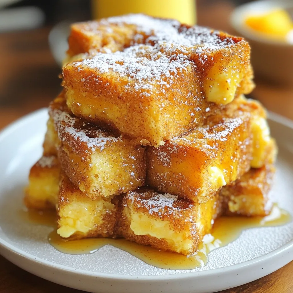 - 1 loaf of challah bread, cut into cubes - 6 large eggs - 2 cups milk - 1/2 cup heavy cream - 1 tablespoon vanilla extract - 1 tablespoon ground cinnamon - 1/4 cup granulated sugar - 1/4 teaspoon salt - 1/2 cup brown sugar - 1/4 cup unsalted butter, melted - Powdered sugar for dusting - Maple syrup for serving You will need to use a 9x13 inch baking dish for this recipe. The bread, eggs, and milk form the base. The heavy cream adds richness. The cinnamon and sugars give it that sweet spice we love. You can switch the challah bread for brioche if you want. For a lighter option, use almond milk instead of regular milk. If you want it dairy-free, try a dairy-free cream or omit it. You can also use coconut sugar instead of brown sugar for a different flavor. {{ingredient_image_1}} Start by preheating your oven to 350°F (175°C). Grab a 9x13 inch baking dish and lightly grease it with cooking spray or butter. This step helps the casserole cook evenly and prevents sticking. In a large mixing bowl, crack open 6 large eggs. Add 2 cups of milk and 1/2 cup of heavy cream. Next, pour in 1 tablespoon of vanilla extract. Add 1 tablespoon of ground cinnamon, 1/4 cup of granulated sugar, and 1/4 teaspoon of salt. Whisk all the ingredients together until they are well blended. This mixture will soak into the bread, creating a rich flavor. Cut 1 loaf of challah bread into cubes. Add the bread cubes to your egg mixture. Gently fold the bread into the mixture. You want every piece to soak up the liquid. Let it sit for about 15 minutes. This waiting time is key for a soft, flavorful casserole. In a small bowl, mix 1/2 cup of brown sugar with 1/4 cup of melted unsalted butter. Pour half of the bread mixture into the greased baking dish. Drizzle half of the brown sugar mixture on top. Then, add the rest of the bread mixture and drizzle the remaining brown sugar mixture over it. Use a spatula to press down lightly. This helps the bread absorb any leftover liquid. Cover the dish with aluminum foil and place it in the oven. Bake for 30 minutes. After that, remove the foil and bake for an additional 15-20 minutes. You want the top to turn golden brown and the casserole to be set. Once done, let it cool for a few minutes. Dust with powdered sugar before serving warm with maple syrup. Enjoy the delightful flavors! To make sure the bread soaks up the egg mixture, use fresh challah bread. Cut the bread into cubes, about one inch in size. Place the cubes in the egg mix. Gently fold them in, but do not smash them. Let the mix sit for about 15 minutes. This helps the bread absorb all the flavors well. For best results, press down lightly with a spatula. This will help the bread soak up more liquid. You can play with flavors and textures! Swap the challah for brioche or sourdough for a different taste. Add fruits, like berries or bananas, for a fresh twist. You can also mix in nuts or chocolate chips for added texture. Try different spices, like nutmeg or cardamom, to change the flavor profile. Get creative and make it your own! When serving, cut the casserole into squares. Stack them on a plate for a nice look. Dust with powdered sugar for a sweet touch. Drizzle warm maple syrup on top for extra flavor. Fresh berries can add color and taste. Serve with whipped cream for a fun treat, too! Enjoy it warm for the best experience. Pro Tips Use Day-Old Bread: For the best texture, use day-old challah bread. It will absorb the egg mixture better without becoming too soggy. Soak Longer for Extra Flavor: If you have time, let the bread soak in the egg mixture for 30 minutes or even overnight in the fridge for a richer flavor. Customize Your Spices: Feel free to experiment with spices like nutmeg or cardamom to add a unique twist to the flavor profile. Perfect Baking Time: To ensure a golden top, keep an eye on the casserole during the last few minutes of baking. You want it to be firm but not dry. {{image_2}} You can add fruit for a fresh twist. Berries, bananas, or apples work great. Chop them into small pieces. Mix them into the egg mixture before adding the bread. You can also layer slices of fruit between bread layers. This makes the dish colorful and tasty. Try adding a sprinkle of nutmeg for extra flavor. If you love nuts, throw in some chopped walnuts or pecans. They add crunch and flavor. You can also mix in some chocolate chips. Use semi-sweet or dark chocolate for a rich taste. Just fold them into the bread mixture. This makes your casserole feel like a dessert! To make this dish gluten-free, use gluten-free bread. There are many tasty options available. Just check the label to ensure it is gluten-free. The rest of the recipe stays the same. You will still get that yummy cinnamon sugar flavor. Enjoy your meal without worry! To store leftovers, let the casserole cool to room temperature. Then, cover it tightly with plastic wrap or foil. You can also place it in an airtight container. This will keep it fresh for up to three days in the fridge. To reheat, preheat your oven to 350°F (175°C). Place the casserole in the oven for about 15-20 minutes. Cover it with foil to prevent it from drying out. You can also use the microwave. Heat in 30-second intervals until warm. You can freeze the casserole for later use. Cut it into portions and wrap each piece tightly in plastic wrap. Then, place them in a freezer bag. This helps prevent freezer burn. The casserole will last for up to three months in the freezer. To enjoy, thaw it overnight in the fridge and reheat as mentioned above. Yes, you can prepare this casserole the night before. Just follow these steps: 1. Mix the egg and milk mixture as the recipe states. 2. Combine it with the cubed challah bread. 3. Place everything in the baking dish and cover it with plastic wrap. 4. Store it in the fridge overnight. This allows the bread to soak up the flavors. In the morning, just bake it straight from the fridge. The best bread for this recipe is challah. Its soft texture soaks up the egg mixture well. Other options include brioche or French bread. These breads add flavor and create a nice texture. Avoid using plain sandwich bread, as it won't give the same result. To make it more indulgent, add more cream or sugar. You can use 1 cup of heavy cream instead of 1/2 cup. Adding chocolate chips or nuts also enhances the flavor. Top with whipped cream or caramel sauce for extra sweetness. Your guests will love the extra special touch! Yes, you can make this recipe dairy-free. Use almond milk or oat milk instead of regular milk. Replace heavy cream with coconut cream or a dairy-free alternative. Use a dairy-free butter to mix with the brown sugar. This way, you still enjoy the great taste without dairy. In this article, we covered key ingredients, step-by-step instructions, and helpful tips for your baked French toast. You learned how to prepare your dish, mix the perfect egg mixture, and layer your flavors. I shared variations to excite your taste buds, from fruity to gluten-free options. Remember, baking is fun and flexible. Experiment with your ingredients and enjoy the process. You now have the tools to make a tasty breakfast treat. Happy baking!