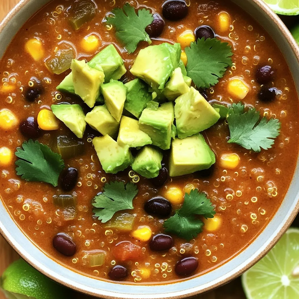 - 1 cup quinoa, thoroughly rinsed and drained - 1 can (15 oz) black beans, well-rinsed and drained - 1 can (15 oz) corn kernels, drained - 1 can (15 oz) diced tomatoes with green chilies, including their juices - 1 small onion, finely diced - 2 cloves garlic, minced - 2 cups vegetable broth (low-sodium recommended) - 2 tablespoons enchilada sauce (either store-bought or homemade) - 1 teaspoon chili powder - 1 teaspoon ground cumin - 1 teaspoon smoked paprika - Salt and freshly ground pepper, to taste - Fresh cilantro leaves, for garnish - Diced avocado, for a creamy topping - Lime wedges, for serving You can swap quinoa for brown rice or millet if you prefer. Use any canned beans you have, like pinto or kidney beans. For a spicier kick, try using fire-roasted diced tomatoes. If you don't have enchilada sauce, a mix of salsa and tomato sauce works well. You can also use vegetable stock instead of broth. Fresh herbs like parsley can replace cilantro if you dislike it. This soup is healthy and filling. Each serving has about: - Calories: 250 - Protein: 9g - Carbs: 45g - Fiber: 10g - Fat: 4g The soup also provides vitamins and minerals from the veggies and quinoa. It is a great choice for a wholesome meal. First, gather all your ingredients. This makes cooking easier and fun. Here’s what you need: - 1 cup quinoa, thoroughly rinsed and drained - 1 can (15 oz) black beans, well-rinsed and drained - 1 can (15 oz) corn kernels, drained - 1 can (15 oz) diced tomatoes with green chilies, including their juices - 1 small onion, finely diced - 2 cloves garlic, minced - 2 cups vegetable broth (low-sodium recommended) - 2 tablespoons enchilada sauce (either store-bought or homemade) - 1 teaspoon chili powder - 1 teaspoon ground cumin - 1 teaspoon smoked paprika - Salt and freshly ground pepper, to taste - Fresh cilantro leaves, for garnish - Diced avocado, for a creamy topping - Lime wedges, for serving Start by rinsing the quinoa. This step removes bitterness and helps it cook well. Drain the black beans and corn. Make sure to get rid of all the extra liquid. Dice your onion and mince the garlic. These aromatics add depth to your soup. Now, it’s time to add everything to the slow cooker. Place the rinsed quinoa, black beans, corn, diced tomatoes (with juices), diced onion, and minced garlic into the pot. Next, pour in the vegetable broth and enchilada sauce. Sprinkle in the chili powder, ground cumin, and smoked paprika. Add salt and pepper to taste. This mix makes the soup flavorful. Stir everything gently to combine well. Cover the slow cooker with the lid. Set it to cook on low for 6-8 hours or on high for 3-4 hours. The soup is ready when the quinoa is fluffy and cooked through. You will also notice the lovely smell of spices filling your kitchen. When the cooking time is up, take a fork and fluff the quinoa gently. This helps separate the grains. Stir the soup thoroughly to mix everything. Taste it and adjust the seasoning if needed. Serve the soup hot. Top each bowl with fresh cilantro and diced avocado. The avocado adds a creamy touch. Serve lime wedges on the side for an extra burst of flavor. For a fun twist, consider adding crushed tortilla chips or shredded cheese on top. Enjoy your savory slow cooker quinoa enchilada soup! To get the best soup, you need the right balance. Here are my top tips: - Use well-rinsed quinoa. This helps remove bitterness. - Adjust broth amount. If you prefer a thicker soup, cut back on broth. - Let it cook long enough. Cooking for the full time helps the flavors blend. Using a slow cooker makes life easier. Follow these tips for success: - Layer the ingredients. Start with quinoa and add beans and veggies on top. - Don’t peek too often. Opening the lid lets heat out, slowing cooking time. - Use a timer. Set it to avoid overcooking. Want to take your soup to the next level? Try these ideas: - Add lime juice. A splash brightens the flavor. - Use fresh herbs. Cilantro adds freshness, while green onions give a mild bite. - Spice it up. Add jalapeños for heat or smoked paprika for depth. - Toppings matter. Crushed tortilla chips or shredded cheese add crunch and richness. These tips will help you create a perfect bowl of savory slow cooker quinoa enchilada soup every time! {{image_4}} Making this soup vegan is easy. All the ingredients are plant-based. You just need to use vegetable broth. This soup is already gluten-free too. The quinoa and beans provide great protein and fiber. If you want a thicker soup, add more quinoa. You can also blend part of the soup for a creamier texture. For more heat, add jalapeños or serrano peppers. You can mix them in with the garlic and onion. Use hot enchilada sauce instead of mild. Add a pinch of cayenne pepper for a kick. Top with a sprinkle of chili flakes before serving. This will make your soup even spicier. Toppings can make your soup fun and tasty. Try crushed tortilla chips for crunch. A dollop of sour cream or Greek yogurt adds creaminess. Fresh lime juice brightens the flavors. Diced red onions and chopped green onions give a fresh bite. You can also add a sprinkle of cheese if you like. Enjoy mixing and matching your toppings! To store your leftover soup, let it cool first. Then, transfer the soup into an airtight container. You can keep it in the fridge for up to three days. Make sure the lid is tight to keep it fresh. If you want to freeze the soup, use freezer-safe bags or containers. Divide it into single servings for easy meals later. The soup can last up to three months in the freezer. Remember to label the bags with the date. To reheat the soup, you can use the microwave or a pot on the stove. If using the microwave, heat it in short bursts, stirring in between. If on the stove, pour the soup into a pot and warm it over medium heat. Stir until it's hot. You might want to add a splash of broth or water if it seems too thick. Enjoy your soup warm! Yes, you can use other grains. Brown rice or farro work well. Keep in mind, cooking times may change. Brown rice takes longer to cook than quinoa. You may need to add extra broth and time. Always check for doneness. This soup lasts about four to five days in the fridge. Be sure to store it in an airtight container. If you want to keep it longer, consider freezing it. Just remember to let it cool completely before freezing. Toppings can make your soup even better! Here are some great options: - Fresh cilantro for brightness - Diced avocado for creaminess - Crushed tortilla chips for crunch - Shredded cheese for extra flavor - Lime wedges to squeeze in some zest Feel free to mix and match these toppings to suit your taste! This article covered all you need to make Slow Cooker Quinoa Enchilada Soup. We looked at the ingredients, step-by-step instructions, and helpful tips. You learned how to ensure the best soup thickness and flavor. We also explored variations for special diets and toppings. Storing and reheating tips helped you plan for leftovers. Now, you can whip up this tasty soup easily. Enjoy every bowl, and share it with loved ones.