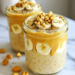 - 1 cup rolled oats - 2 tablespoons creamy peanut butter - 1 ripe banana, mashed - 1 cup almond milk (or any preferred milk) - 1 tablespoon chia seeds - 1 tablespoon honey or maple syrup (optional) - 1/2 teaspoon vanilla extract - A pinch of salt - Sliced banana and chopped peanuts for garnish For this recipe, I measure everything carefully. Use a standard cup for oats and milk. For peanut butter and honey, a tablespoon works well. It helps to get the right balance. This ensures your oats turn out creamy and tasty. You can customize your oats! Try adding: - A sprinkle of cinnamon for warmth. - A handful of berries for a fruity twist. - A scoop of protein powder for extra energy. These add-ins can make your overnight oats even more special. Enjoy exploring new flavors! {{ingredient_image_1}} Start by taking a medium bowl. Add 1 cup of rolled oats. Next, add 1 tablespoon of chia seeds and a pinch of salt. Mix these dry ingredients well. This step helps the flavors blend. Now, grab a separate bowl. Whisk together 1 cup of almond milk, 2 tablespoons of creamy peanut butter, and 1 ripe banana that you have mashed. If you want it sweeter, add 1 tablespoon of honey or maple syrup. Don&rsquo;t forget to add 1/2 teaspoon of vanilla extract. Mix until it&rsquo;s smooth and creamy. Pour the wet mixture into the bowl with dry ingredients. Stir them together until everything is mixed well. Make sure all the oats are coated with the wet mixture. This helps the oats soak up the flavors overnight. Divide the mixture into two jars or containers. Secure the lids tightly. Place them in the fridge overnight, or for at least 4 hours. This step allows the oats to absorb the liquid and soften. In the morning, take out your jars. Give the oats a good stir. If they seem too thick, add a splash of almond milk. Top each serving with sliced banana and chopped peanuts. This adds a nice crunch and fresh flavor. Enjoy your tasty breakfast! You can change how sweet your oats taste. If you like them sweeter, add more honey or maple syrup. You can also use a ripe banana. The riper the banana, the sweeter the oats will be. Just remember to taste as you go! To get the best texture, mix the oats and chia seeds well. This helps them soak up the milk evenly. If your oats are too thick in the morning, just stir in a splash of almond milk. This will make them creamy and smooth again. Presentation matters! Serve your oats in clear glass jars. You can see the layers of oats, banana, and peanut butter. For extra flair, drizzle some peanut butter on top. Finish with sliced banana and chopped peanuts for a pop of color and crunch. This makes your breakfast look as good as it tastes! Pro Tips Use Ripe Bananas: The riper the banana, the sweeter and more flavorful your overnight oats will be. Look for bananas with brown spots for optimal taste. Adjust Sweetness: Depending on your preference, feel free to adjust the amount of honey or maple syrup. You can always add more sweetness in the morning if needed. Experiment with Toppings: Get creative with toppings! Try adding nuts, seeds, or even a sprinkle of cinnamon for added flavor and texture. Make It Ahead: This recipe is perfect for meal prep! Make a batch for the week and store them in the fridge for quick, healthy breakfasts. {{image_2}} You can enjoy Peanut Butter Banana Overnight Oats without nuts. Use sunflower seed butter instead of peanut butter. It gives a similar creamy texture. You can also try tahini for a unique flavor. Sunflower seed butter is great for kids with nut allergies. If you want a dairy-free option, almond milk works well. You can also use oat milk or coconut milk. Both will add a different taste. Make sure to check the labels for added sugars. This way, you keep it healthy and tasty. You can mix up the flavors of your overnight oats. Add cocoa powder for a chocolate twist. A sprinkle of cinnamon will give warmth and spice. Want something fruity? Toss in some berries or diced apples. Each adds a new layer of flavor. Enjoy experimenting to find your favorite! You can store your Peanut Butter Banana Overnight Oats in the fridge. Use airtight jars or containers. This keeps them fresh and safe to eat. Make sure to cover them well. For the best taste, eat your oats within 3 days. The oats absorb liquid and soften over time. If you notice any change in smell or color, it's best to discard them. Always check for freshness before eating. You can enjoy these oats cold or warm. If you prefer them warm, microwave them for about 30 seconds. Stir well and check the temperature. Add a splash of almond milk if they seem too thick. Enjoy your tasty breakfast! Yes, you can use quick oats. Quick oats cook faster and absorb liquid quickly. The texture will be softer than rolled oats, but they will still taste great. If you want a creamier dish, quick oats work well. Just remember, they may become mushy if left too long. These oats last up to five days in the fridge. Make sure to store them in airtight containers. The flavors will blend, and the oats will soften more over time. If you notice any off smells, it&rsquo;s best to toss them out. Absolutely! This recipe is perfect for meal prep. You can make several jars at once. Just follow the recipe and store them in the fridge. They make a great grab-and-go breakfast for busy mornings. Yes, feel free to use any nut butter you like. Almond butter, cashew butter, or sunflower seed butter are great options. Each nut butter will bring a unique flavor. Just choose one that fits your taste and dietary needs. This blog post covered the key steps to make delicious Peanut Butter Banana Overnight Oats. You learned about the ingredients, measurements, and optional add-ins. I shared tips for sweetness, texture, and presentation. You also discovered fun variations and important storage info. These oats are perfect for quick meals and easy to customize. Feel free to experiment with your favorite flavors. Trust that with these tips, you will create tasty, healthy breakfasts every time!