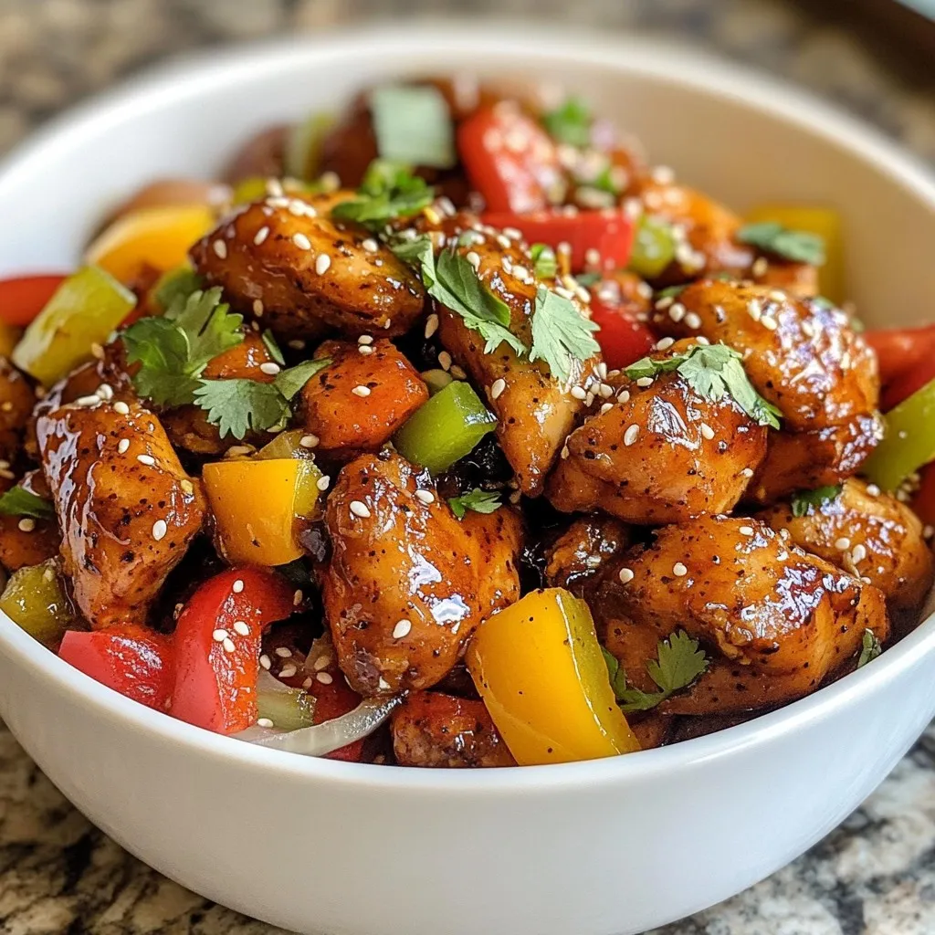 - 500g chicken thighs, boneless and skinless, cut into bite-sized pieces - 2 tablespoons soy sauce - 1 tablespoon oyster sauce - 1 tablespoon hoisin sauce - 1 tablespoon brown sugar - 2 teaspoons freshly cracked black pepper - 2 cloves garlic, minced - 1-inch piece ginger, grated - 2 tablespoons vegetable oil - 1 red bell pepper, chopped - 1 green bell pepper, chopped - 1 small onion, sliced - Sesame seeds, for garnish - Fresh cilantro, for garnish Precise measurements matter in cooking. They ensure the right balance of flavors. If you add too much soy sauce, your dish may taste too salty. On the other hand, not enough black pepper can lessen the flavor. You can adjust the quantities based on how many people you serve. For example, if you need to feed six, just increase the chicken to 750g. You can also add more sauces and spices in line with the chicken. Always keep in mind that more ingredients may change the cooking time slightly. {{ingredient_image_1}} To start, you need to marinate the chicken. In a big bowl, mix the chicken with soy sauce, oyster sauce, hoisin sauce, brown sugar, minced garlic, grated ginger, and black pepper. Make sure every piece of chicken gets coated. This step is key for flavor. Let the chicken sit for at least 20 minutes. This time lets the flavors sink in. Next, heat vegetable oil in a large skillet or wok on medium-high heat. When the oil is hot, lay the marinated chicken in a single layer. Don’t move it for about 3-4 minutes. This searing helps create a nice crust. Afterward, stir-fry the chicken for 5-7 minutes. Cook until it’s fully done and has a caramelized look. Now, it’s time for the veggies! Add the chopped red and green bell peppers and sliced onion. Stir-fry these for another 3-4 minutes. You want them to be soft but still crunchy. This keeps the dish fresh and colorful. If you like, sprinkle in more black pepper for a little extra heat. Stir everything together until it’s all mixed well. To get that perfect sticky sauce, focus on caramelization. Start by searing the chicken in hot oil. This helps create a nice brown color. The sugar in the sauce adds to the stickiness. If your sauce is not thick enough, cook it longer. This will help reduce it and make it stick better. When it comes to sweetness and spice, taste as you go. You can adjust the brown sugar for more sweetness. If you like heat, add more black pepper. A little extra cracked black pepper can elevate the dish. Don't be afraid to experiment until it matches your taste. You can cook this dish in different ways. Oven-baking is a great option if you want a hands-off approach. Preheat your oven to 400°F (200°C). Place the marinated chicken in a baking dish. Bake for about 25-30 minutes or until cooked through. This method will give you juicy chicken with less fuss. Stovetop cooking is quicker and gives you more control. You can easily stir-fry the chicken and watch it caramelize. If you want even more convenience, try a slow cooker. Just add all your ingredients and set it on low for 6-8 hours. You’ll come home to a flavorful meal ready to enjoy. Pro Tips Marinate for Maximum Flavor: Allow the chicken to marinate for at least 20 minutes, or even up to an hour if you have time. This enhances the flavor and tenderness of the chicken. Use High Heat: Cooking the chicken on medium-high heat helps achieve a nice sear and caramelization, giving the dish a delightful texture and flavor. Customize the Veggies: Feel free to add your favorite vegetables or whatever you have on hand. Broccoli, snap peas, or carrots can also work well in this recipe. Garnish for Presentation: Don’t skip the sesame seeds and fresh cilantro! They not only add flavor but also enhance the visual appeal of your dish. {{image_2}} You can add heat to your sticky black pepper chicken by using chili peppers. Fresh or dried chili peppers work well. Start with half a chili for mild heat. If you like it spicy, add more! You can also try different types like jalapeños or serranos. Incorporating other spices like cumin can enhance the flavor. Cumin adds a warm, earthy taste. Just add one teaspoon when marinating the chicken. This small change can make a big difference! Not a fan of chicken? You can easily swap it for pork. Use the same amount of pork shoulder, cut into bite-sized pieces. The cooking method remains the same. If you prefer a vegetarian dish, use tofu. Firm tofu is best for this recipe. Press it to remove excess water, then cut it into cubes. Marinate it just like the chicken. This way, you can enjoy the same great flavor! To keep your sticky black pepper chicken fresh, place it in an airtight container. This helps prevent odors and keeps the dish tasty. The chicken will last for up to three days in the fridge. When you're ready to eat, reheat it on the stove over medium heat. Stir it gently to warm it evenly. This method helps maintain the flavor and texture. You can also microwave it in short bursts, stirring in between, until hot. If you want to save some for later, freezing is a great option. Let the chicken cool completely before freezing. Place it in a freezer-safe container or bag, removing as much air as possible. It can stay in the freezer for up to three months. When you're ready to enjoy it, thaw the chicken in the fridge overnight. After thawing, reheat it on the stove for the best taste. This way, it stays juicy and delicious! You can marinate the chicken for at least 20 minutes. This time allows the chicken to soak up all the tasty flavors. For even better flavor, try marinating it for up to 2 hours or overnight in the fridge. Just remember to cover it so it stays fresh. The longer you marinate, the more flavor it gets. Yes, you can experiment with different sauces! Try adding some chili sauce for heat or teriyaki sauce for sweetness. You could even use fish sauce instead of oyster sauce for a unique twist. Each sauce changes the flavor in fun ways. Mix and match to find your favorite combo! Sticky black pepper chicken pairs well with many sides. Here are some great options: - Steamed rice - Fried rice - Noodles - Stir-fried vegetables - A fresh salad These sides balance the rich flavors of the chicken. Enjoy your meal with bright colors and textures! This guide covered everything you need for making Sticky Black Pepper Chicken. We explored the key ingredients like chicken thighs and tasty sauces. I shared step-by-step instructions for marinating, cooking, and adding vegetables. You learned tips for the perfect sauce and different cooking methods. We discussed variations with spices and protein options, plus storage tips for leftovers. Experiment with your flavors and enjoy creating your dish. Each step brings you closer to a meal that’s both delicious and rewarding. Get cooking!