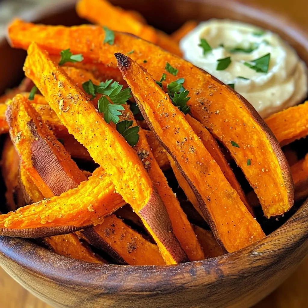- Sweet potatoes and their preparation - 2 large sweet potatoes, peeled and cut into thin fries. Thin fries cook better and get crispier than thick ones. - Seasoning and coating essentials - 2 tablespoons cornstarch for that extra crunch. - 2 tablespoons olive oil to help seasonings stick. - 1 teaspoon garlic powder for a savory punch. - 1 teaspoon smoked paprika for a hint of smokiness. - 1/2 teaspoon ground cumin to add warmth. - Salt and black pepper to taste, enhancing the overall flavor. - Optional garnishes for presentation - Fresh parsley, finely chopped, adds color and freshness. It's a simple touch that makes your fries look great. Using these ingredients, you can craft delicious, crispy sweet potato fries that are sure to impress. Each component plays a role in creating a satisfying snack that is both flavorful and visually appealing. To start, peel the sweet potatoes using a simple vegetable peeler. Next, cut them into thin fries. Aim for about 1/4 inch thick. Thin fries cook evenly and get crispy. If they are too thick, they may not cook well. In a large bowl, mix the sweet potato fries with olive oil. Toss them well so each fry gets coated. Then, add 2 tablespoons of cornstarch. This makes the fries crispy. Mix again to ensure every fry has a light coating. Next, sprinkle in garlic powder, smoked paprika, ground cumin, salt, and black pepper. Toss once more to cover the fries evenly with spices. Set your oven to 425°F (220°C) and prepare a baking sheet with parchment paper. This helps to prevent sticking and makes cleaning easier. Spread the fries in a single layer on the sheet. Leave space between them for air to flow. This is key for that perfect crispiness. Bake the fries for 25-30 minutes. Remember to turn them halfway through to get an even golden color. To make sweet potato fries super crispy, spacing is key. Place fries in a single layer on the baking sheet. This allows hot air to circulate and cook each fry evenly. Avoid overcrowding the tray. If the fries touch, they won't crisp up well. Cornstarch plays an important role in getting that crunch. It absorbs moisture and creates a nice coating. When you toss the fries with cornstarch, each piece gets a light dusting. This helps them crisp up in the oven. To know when your fries are done, look for a golden-brown color. Use a fork to test them. If they feel tender inside and crisp outside, they’re ready. Pay attention to the time, too. For thicker fries, you may need to bake them a bit longer. Thin fries cook fast, while thicker ones take more time. Check at the 25-minute mark, then decide if they need more minutes. Dipping sauces make sweet potato fries even better. Try garlic aioli or spicy ketchup for a tasty combo. You can also serve them with ranch dressing or a yogurt dip. For a nice touch, serve fries in a rustic wooden bowl. It adds charm to your table. You can also sprinkle fresh parsley on top for color and flavor. Enjoy your crispy baked sweet potato fries! {{image_4}} You can change the taste of your crispy baked sweet potato fries easily. Try different spices to find your favorite combo. Here are some ideas: - Cinnamon and brown sugar for a sweet treat. - Chili powder and lime for a zesty kick. - Italian herbs like oregano for a savory twist. You can mix sweet and savory flavors too. For example, use garlic powder with a touch of honey. The contrast will delight your taste buds. If you want a healthier option, consider air-frying your fries. Air-frying gives a nice crunch with less oil. Here’s how you can make them: - Baking: Stick to the oven method for a classic version. Use just a bit of oil. - Air-frying: Use the same ingredients, but cook in an air fryer. It takes about 15-20 minutes. You can also use less oil. Try coating the fries lightly or using oil spray. You still get great taste without extra calories. To store your leftover sweet potato fries, first, let them cool completely. Place the fries in an airtight container. Keep them in the fridge for up to three days. If you want to store them longer, freeze them. For freezing, spread the fries out on a baking sheet and freeze until firm. Then, transfer them to a freezer bag. They can last for up to three months in the freezer. When you reheat sweet potato fries, aim to keep them crispy. Preheat your oven to 400°F (200°C). Spread the fries on a baking sheet in a single layer. Bake for about 10-15 minutes. This method warms them up without making them soggy. Avoid using the microwave, as it can make them soft and chewy. If you want, you can also reheat them in an air fryer. Just cook at 350°F (175°C) for about 5 minutes. To make sweet potato fries extra crispy, start by choosing the right oil. I recommend using olive oil or avocado oil. Both oils help achieve that golden crunch. Next, coat the fries properly. After tossing the fries in oil, sprinkle cornstarch evenly. This will create a light, crispy coating. Make sure not to crowd the baking sheet. Space each fry out for air to flow around them. This is key for crispiness! Yes, you can use other potatoes! Regular russet potatoes are a great option. They also turn crispy when baked. You can try red potatoes or Yukon Golds, too. Each type of potato gives a different taste. Sweet potatoes are sweeter and have a nice color. Regular potatoes have a more neutral flavor. Choose the one that fits your taste best! If you want to skip cornstarch, try using flour instead. All-purpose flour or rice flour works well. Just coat the fries lightly, like with cornstarch. Another option is to bake the fries longer. This helps them crisp up without any coating. You can also try using a bit more oil for better crunch. Keep an eye on them while they bake! To sum up, this blog post walks you through making sweet potato fries from scratch. We covered the ingredients needed, including sweet potatoes and essential seasonings. The step-by-step guide helps you prep, coat, and bake your fries to perfection. I shared tips for achieving crispiness and serving ideas to impress. We even discussed variations and storage methods. Now, you have all the tools to create your tasty fries. Enjoy experimenting with flavors and impressing family and friends with your cooking skills. Happy frying!