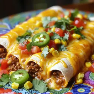 To make cheesy ground beef enchiladas, gather these key ingredients: - 1 lb ground beef - 1 small onion, finely chopped - 2 cloves garlic, minced - 1 can (10 oz) diced tomatoes with green chilies - 1 cup corn (frozen or canned, drained) - 1 teaspoon chili powder - 1 teaspoon cumin - Salt and pepper to taste - 8 small flour tortillas - 2 cups shredded Mexican cheese blend - 1 cup enchilada sauce (store-bought or homemade) These ingredients create a rich filling and a cheesy topping that everyone loves. Feel free to add personal touches to your enchiladas. Here are some optional ingredients to consider: - Black beans for extra protein - Bell peppers for added crunch - Zucchini for more veggies - Spices like smoked paprika for a smoky flavor These options let you adjust the recipe to fit your taste and diet. Garnishing enhances the dish. Here are a few ideas for garnishes: - Fresh cilantro for a pop of color - Sliced jalapeños for heat - Sour cream for a creamy touch - Avocado or guacamole for richness These garnishes not only add flavor but also make the dish look appealing. Enjoy your cheesy ground beef enchiladas! First, set your oven to 375°F (190°C). Preheating is key to getting that perfect bake. You want the cheese to melt just right and the enchiladas to warm through evenly. Grab a large skillet and heat it over medium heat. Add 1 pound of ground beef. Cook it, breaking it apart with a wooden spoon. You will want it browned, which takes about 5-7 minutes. Drain any fat after cooking to keep it light. Now, add 1 small chopped onion and 2 minced garlic cloves. Sauté these with the beef for about 3-4 minutes. The onion should become soft and clear. Next, stir in 1 can of diced tomatoes with green chilies, 1 cup of corn, 1 teaspoon of chili powder, 1 teaspoon of cumin, and some salt and pepper. Let this mix simmer for about 5 minutes so the flavors blend well. While the beef mixture simmers, warm up 8 small flour tortillas. You can microwave them for about 30 seconds or heat them in a dry skillet. This softens them, making it easier to roll. To assemble, take one tortilla and spoon a generous amount of the beef mixture onto its center. Add a handful of shredded cheese on top. Roll the tortilla tightly, folding in the sides as you go. Place it seam-side down in a greased 9x13 inch baking dish. Repeat this with the rest of the tortillas. Once all the enchiladas are in the dish, pour the enchilada sauce over them. Make sure each one gets a good coat. Then, sprinkle the remaining cheese over the top. Now, it's time to bake. Place the dish in the preheated oven and bake for 20-25 minutes. You want the cheese to melt and bubble, creating a lovely golden crust. After baking, let the enchiladas cool for a few minutes. Before serving, add fresh cilantro and sliced jalapeños on top for a pop of color and flavor. To get that rich flavor, start by heating your skillet over medium heat. Add the ground beef and break it into small pieces using a wooden spoon. Cook it for about 5-7 minutes. You want it to be evenly browned. Drain any fat to keep it lean and tasty. If you're unsure, look for no pink spots. This step is key for a great taste. Warming tortillas is crucial for easy rolling. You can microwave them for about 30 seconds. Alternatively, place them in a dry skillet on low heat for a minute. This makes them soft and pliable. If they cool too much, they can crack. So, keep them warm as you work. If you have leftover filling, don’t toss it! You can use it in many ways. Try mixing it into scrambled eggs for a delicious breakfast. You can also add it to a salad for extra flavor. Another idea is to spread it on a tortilla and make a quick wrap. The options are endless, and they all taste great! {{image_4}} You can easily swap the ground beef for beans or lentils. Black beans or pinto beans work well. For a vegan option, use lentils and skip cheese or use a vegan cheese substitute. Load the filling with veggies like bell peppers or zucchini for extra flavor and color. Cheese can change the taste of your enchiladas. Try Monterey Jack or pepper jack for a kick. If you want more spice, add a pinch of cayenne or red pepper flakes. Mix in some cream cheese for a creamier texture. Flour tortillas are the classic choice, but corn tortillas are a great gluten-free option. You can even try whole wheat tortillas for a healthier twist. Just warm them up before filling to keep them soft and easy to roll. Store leftover enchiladas in an airtight container. Let them cool for about 30 minutes first. Place a piece of wax paper between layers to keep them fresh. They can last in the fridge for up to three days. To reheat, place the enchiladas in a baking dish. Cover them with foil to keep them moist. Preheat your oven to 350°F (175°C) and bake for about 15-20 minutes. If you prefer the microwave, heat them for 2-3 minutes on a microwave-safe plate. You can freeze enchiladas for later. Wrap each one in plastic wrap, then place them in a freezer bag. They will stay good for up to three months. To cook, thaw them overnight in the fridge. Bake as usual for a quick meal! You can use ground turkey or chicken instead of ground beef. These meats work well and taste great. For a vegetarian option, try black beans or lentils. Both options add good flavor and texture to the dish. Yes, you can prep these enchiladas ahead. Assemble them, cover, and store in the fridge for up to 24 hours. When ready to bake, just add the sauce and cheese, then pop them in the oven. Enchiladas pair well with rice, beans, or a fresh salad. You can also serve them with guacamole, sour cream, or salsa on the side. These sides add flavor and balance to your meal. These enchiladas have a mild spice level. The diced tomatoes with green chilies add a nice kick. If you like it spicier, add more chili powder or sliced jalapeños to the filling or as a garnish. Absolutely! Homemade enchilada sauce can add a personal touch. It allows you to control the flavors and spice level. Use your favorite recipe, and enjoy the extra depth it brings to the dish. Cheesy ground beef enchiladas are delicious and fun to make. You learned the best ingredients and how to assemble them step by step. We discussed tips for browning beef and keeping tortillas soft. You can even make tasty variations, including vegetarian options. Proper storage helps you enjoy leftovers, too. These enchiladas are flexible and allow for your own twist. Try your favorites, and don’t hesitate to experiment! Enjoy your cooking adventure!