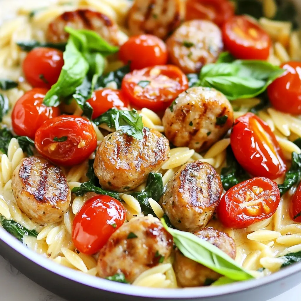 - 1 lb (450g) chicken sausage - 1 cup orzo pasta - 4 cups chicken broth - 1 cup heavy cream - 1 cup baby spinach - 1 cup cherry tomatoes - 1 small onion - 2 cloves garlic - 1 teaspoon Italian seasoning - 2 tablespoons olive oil - Salt and pepper - Fresh basil Gather these ingredients before you start cooking. Each one plays a vital role in the flavor and texture of the dish. Chicken sausage adds a savory flavor and pairs well with the orzo. Use any type you like, such as spicy or mild. Orzo pasta is small and cooks quickly, soaking up the broth and cream. Chicken broth gives the dish moisture and depth. You can use low-sodium broth to control the salt. Heavy cream creates that rich and creamy sauce everyone loves. Baby spinach adds color and nutrition. It wilts down nicely, making it easy to include in the meal. Cherry tomatoes bring sweetness and a pop of flavor. You will need a small onion and garlic for a solid flavor base. Italian seasoning gives it an aromatic touch. Use olive oil for sautéing. It’s healthy and enhances the dish's richness. Don’t forget salt and pepper to taste. Finally, fresh basil makes a great garnish, adding a fresh note to your creamy chicken sausage orzo skillet. Make sure you have everything ready. This will help you enjoy the cooking process. {{ingredient_image_1}} Start by heating the olive oil in a large skillet over medium heat. Add the diced onion. Sauté the onion for about 3 to 4 minutes until it becomes soft and clear. Next, add minced garlic and sliced chicken sausage to the skillet. Cook for another 5 to 6 minutes until the sausage turns a nice brown color. This step builds a strong base of flavor. Now, stir in the orzo pasta and pour in the chicken broth. Add the Italian seasoning for extra taste. Bring the mixture to a boil. Once boiling, reduce the heat to low and cover the skillet. Let it simmer for about 10 to 12 minutes. The orzo will soak up the broth and become tender. Check the texture; it should be just right. Once the orzo is cooked, it’s time to finish the dish. Stir in the heavy cream, chopped spinach, and halved cherry tomatoes. Mix everything well. Cook for an additional 2 to 3 minutes until the spinach wilts and the tomatoes warm up. Season with salt and pepper to taste. Serve this creamy delight immediately, and don’t forget to add fresh basil on top for a burst of flavor. To get the best texture for orzo, cook it until it’s just tender. You want it to be firm but not hard. If it gets too soft, it can turn mushy. Always stir the orzo as it cooks. This helps it cook evenly and prevents sticking. When adjusting flavors, taste the dish as you go. Add salt and pepper a little at a time until it’s just right. If you like more herbs, add more Italian seasoning. You can also mix in some lemon juice for a fresh kick. Garnishing with fresh basil makes your dish pop. Tear the basil leaves by hand for a rustic look. You can also sprinkle some finely chopped basil on top for a burst of color and flavor. For a colorful dish, add more veggies. Try bell peppers, zucchini, or peas. They not only add color but also extra nutrients. Mix them in right before serving to keep them bright and crisp. Pro Tips Use Quality Chicken Sausage: Opt for a high-quality chicken sausage for enhanced flavor and texture. Look for varieties without fillers or preservatives for a healthier option. Don’t Overcook the Orzo: Keep an eye on the orzo while it simmers. It should be al dente, as it will continue to absorb liquid and cook slightly after being removed from heat. Add More Greens: Feel free to add additional leafy greens like kale or Swiss chard for extra nutrition. Just make sure to adjust the cooking time so they wilt properly. Customize Your Seasoning: Adjust the Italian seasoning to suit your taste. Experiment by adding crushed red pepper flakes for heat or fresh herbs for a burst of flavor. {{image_2}} You can replace chicken sausage with other proteins. Try turkey sausage for a leaner choice. Ground chicken or beef also works well. If you want a meat-free meal, use plant-based sausage. They add great flavor and texture too. You can swap out heavy cream for lighter options. Coconut milk or cashew cream makes a nice substitute. They both add creaminess without extra calories. Seasonal veggies are a great addition as well. In the summer, add zucchini or bell peppers. In the fall, try butternut squash or mushrooms. These swaps keep your dish fresh and exciting! To keep your Creamy Chicken Sausage Orzo Skillet fresh, store leftovers in an airtight container. Make sure to cool the dish to room temperature before sealing it. This helps prevent moisture buildup. Place the container in the fridge. Consume the leftovers within three days for the best taste. When reheating, use a skillet over low heat. Add a splash of chicken broth to keep it creamy. Stir often to ensure even heating. You can also microwave it. Cover the dish to retain moisture. Heat in short bursts, stirring in between. If you want to save this meal for later, freezing is a great option. Allow the dish to cool completely before transferring it to a freezer-safe container. Leave some space at the top, as the orzo will expand. Label the container with the date. You can freeze it for up to three months. To thaw, place the container in the fridge overnight. For a quicker method, use the microwave. After thawing, reheat it in a skillet with a bit of chicken broth. Stir frequently until it’s heated through. This way, you’ll enjoy the same creamy texture. How can I make the dish lighter? To lighten the dish, you can use less heavy cream. Try half-and-half instead. You can also add more veggies, like zucchini or bell peppers. This adds flavor and cuts calories. Another option is to use turkey sausage instead of chicken sausage for a leaner protein. Can I prepare it ahead of time? Yes, you can prepare this dish ahead of time. Make the orzo and sausage mix, then cool it down. Store it in the fridge for up to three days. When you're ready to eat, just heat it on the stove and add the cream and veggies. This makes dinner quick and easy! What can I serve with it? This creamy chicken sausage orzo skillet pairs well with a simple salad. A fresh green salad with a light vinaigrette is great. You can also serve it with crusty bread to soak up the sauce. If you want a side dish, garlic bread works well too. This blog post shared a simple, tasty recipe for creamy chicken sausage orzo skillet. You learned about the key ingredients, step-by-step cooking, and useful storage tips. You can easily change the recipe to fit your tastes or ingredients on hand. Remember, cooking is fun and a chance to be creative. Enjoy making this dish for friends and family. The joy of sharing good food is what really matters.
