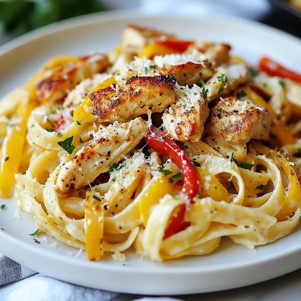 To make this dish, gather these key ingredients: - 2 boneless, skinless chicken breasts, sliced into strips - 8 ounces fettuccine pasta - 1 tablespoon olive oil - 1 medium onion, diced - 3 cloves garlic, minced - 1 red bell pepper, sliced - 1 yellow bell pepper, sliced - 1 cup heavy cream - 1 cup chicken broth These ingredients form the base of your creamy Cajun chicken pasta. The chicken brings protein, while the pasta adds heartiness. The colorful bell peppers and onion provide crunch and flavor. The heavy cream and chicken broth create a rich, velvety sauce. For that Cajun kick, you’ll need: - 2 teaspoons Cajun seasoning - 1 teaspoon smoked paprika - Salt and pepper to taste Cajun seasoning gives the dish its signature flavor. Smoked paprika adds a hint of smokiness. Adjust salt and pepper to your taste. This blend makes your meal exciting and full of flavor. Add some flair to your dish with these garnishes: - Fresh parsley, chopped - Grated Parmesan cheese Chopped parsley adds freshness and color. Grated Parmesan brings creaminess and a savory touch. These garnishes make your creamy Cajun chicken pasta not just tasty, but also visually appealing. {{ingredient_image_1}} To start, fill a large pot with water. Add salt to the water to enhance the flavor. Bring the water to a boil over high heat. Once it boils, add 8 ounces of fettuccine pasta. Cook it according to the package instructions until it is al dente. This usually takes about 8-10 minutes. After cooking, drain the pasta in a colander. Be sure to save 1/2 cup of that pasta water, as you may need it later. Next, grab a large skillet and heat 1 tablespoon of olive oil over medium heat. While the oil heats, slice 2 boneless, skinless chicken breasts into strips. Season the chicken with salt, pepper, and 1 teaspoon of Cajun seasoning for that kick. Add the chicken to the skillet. Cook for about 5-7 minutes, turning occasionally. You want it to be golden brown and fully cooked. Once done, take the chicken out and set it aside on a plate. In the same skillet, add your diced onion. Cook it for about 2-3 minutes until it becomes soft and see-through. Then, add 3 cloves of minced garlic and stir. Next, toss in the sliced red and yellow bell peppers. Cook this mix for another 3-4 minutes until the peppers are tender. This step adds great flavor and color to your dish. Now, it’s time to make the sauce. Pour in 1 cup of chicken broth and 1 cup of heavy cream right into the skillet with the veggies. Stir it all together. Add the remaining Cajun seasoning and 1 teaspoon of smoked paprika. Bring the mixture to a simmer. Let it cook for about 5 minutes so it thickens a little. This creamy sauce will bring everything together. After your sauce is ready, return the cooked chicken to the skillet. Stir to mix it well with the sauce. Now, add the drained fettuccine to the skillet. If the mixture is too thick, pour in some of that reserved pasta water to loosen it up. Mix everything together until the pasta is well coated. Taste it and adjust with more salt, pepper, or Cajun seasoning if you like more heat. Finally, it’s time to serve! Plate the creamy Cajun chicken pasta into bowls. Garnish with chopped parsley for a fresh touch. Don’t forget to sprinkle some grated Parmesan cheese on top for extra flavor. Enjoy your delicious meal! Start with a large pot of salted water. Bring it to a rolling boil. Add your fettuccine and stir it a bit. Cook until it's al dente, usually about 8-10 minutes. Check the package for exact times. Once done, drain the pasta but save half a cup of that water. This water helps if your sauce needs thinning. Cajun seasoning packs a punch. If you want less heat, use less seasoning. Start with one teaspoon in the chicken and one in the sauce. Taste as you go. You can always add more if you like it spicy. If it’s too hot, balance it with extra cream or a bit of sugar. To keep your sauce thick, let it simmer. After you add the cream and broth, let it cook for about five minutes. This reduces the liquid and thickens the sauce. If it does get too thin, toss in some grated Parmesan cheese. It adds flavor and helps to thicken up the sauce. Pro Tips Cook Pasta Al Dente: For the best texture, ensure your pasta is cooked al dente. This means it should be firm to the bite, which helps it hold up better in the creamy sauce. Season Chicken Generously: Don’t skimp on seasoning the chicken before cooking. A good amount of Cajun seasoning will enhance the overall flavor of the dish. Use Fresh Ingredients: Fresh vegetables and herbs elevate the dish significantly. Opt for fresh bell peppers and parsley for a vibrant taste and presentation. Adjust Sauce Consistency: If the sauce is too thick, gradually add reserved pasta water until you reach your desired consistency. This helps the sauce cling to the pasta perfectly. {{image_2}} You can make a tasty vegetarian version of this dish. Instead of chicken, use mushrooms or tofu. They both soak up flavors well. For the sauce, keep the same base with heavy cream and Cajun spices. Add more veggies like zucchini or spinach. This gives you great flavor and color. To make this dish gluten-free, choose gluten-free fettuccine. Many brands offer good pasta that cooks well. The rest of the recipe stays the same. Just ensure your chicken broth is gluten-free. This way, everyone at your table can enjoy it. If you want a dairy-free dish, swap heavy cream with coconut milk or cashew cream. These options add a creamy texture without dairy. Use nutritional yeast for a cheesy flavor. This keeps the Cajun taste while making it safe for those with dairy allergies. After you enjoy your creamy Cajun chicken pasta, let it cool down. Place it in an airtight container. This helps keep it fresh. Store it in the fridge for up to three days. If you want to keep it longer, freezing is a great option. To reheat your pasta, use the stovetop or microwave. If using the stovetop, add a splash of chicken broth or water. This helps bring back creaminess. Heat it over low heat until warm. In the microwave, cover it loosely. Heat in 30-second bursts, stirring in between. This prevents hot spots. If you freeze the pasta, use a freezer-safe container. It can last up to three months. When ready to eat, thaw it overnight in the fridge. Then, reheat it gently. The sauce may separate a bit. Adding a little cream or broth can help. Enjoy your flavorful dish whenever you like! You can use whole milk or a mix of milk and butter. This will give you a creamy feel. Another option is to use half-and-half. It is less rich but still works well. For a lighter choice, try unsweetened almond milk with cornstarch. This helps thicken the sauce. Yes, shrimp is a great swap for chicken. Cook the shrimp until pink and tender. It will add a nice seafood flavor. Adjust cooking time, as shrimp cooks faster than chicken. Just remember to season well to keep the Cajun flavor. Creamy Cajun chicken pasta lasts about 3 to 4 days in the fridge. Store it in an airtight container. To keep it fresh, let it cool before sealing. If you notice any off smells or changes in color, it’s best to toss it. You can serve garlic bread or a simple salad. A Caesar salad adds a nice crunch. Roasted vegetables also make a great side. If you like rice, Cajun-style rice complements the dish well. This blog post covered creamy Cajun chicken pasta. You learned key ingredients, cooking steps, and tips for perfect pasta. I shared ways to adjust spice levels and explore variations. Remember to store your leftovers properly for later enjoyment. Cajun chicken pasta is versatile and fun to make. Don't hesitate to customize it to fit your taste. Happy cooking! You will impress your friends and family with this dish.