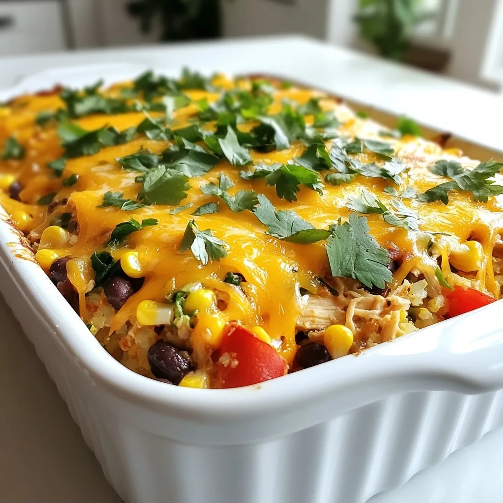 - 2 cups cooked shredded chicken - 1 cup cauliflower rice - 1 can black beans (15 oz), drained and rinsed - 1 cup diced tomatoes (canned or fresh) - 1 small red onion, finely chopped - 1 cup corn (fresh or frozen) - 1 teaspoon cumin - 1 teaspoon chili powder - 1 teaspoon garlic powder - 1 cup shredded cheddar cheese - 1 cup salsa - 2 tablespoons olive oil - Salt and pepper to taste - Fresh cilantro for garnish (optional) When making this low-carb chicken burrito casserole, I find fresh ingredients make a big difference. The cooked shredded chicken provides protein and flavor. Cauliflower rice keeps it low-carb and gives a nice texture. Black beans add fiber and taste. For the additional ingredients, I love using diced tomatoes for freshness. The red onion adds a slight crunch and sweetness. Corn brings a pop of color and sweetness, making each bite enjoyable. The seasonings are essential. Cumin gives warmth, while chili powder adds depth. Garlic powder enhances the dish with a savory touch. Topping it off with cheddar cheese creates a rich, melty layer. Salsa adds moisture and zing, while olive oil helps everything blend well. Don't forget salt and pepper for balance, and a sprinkle of fresh cilantro at the end can brighten the flavors. Each ingredient plays a part in making this casserole a flavorful delight! {{ingredient_image_1}} Set your oven to 375°F (190°C). This is the perfect heat for our casserole. Preheating is key for even cooking. In a large bowl, mix these ingredients: - 2 cups cooked shredded chicken - 1 cup cauliflower rice - 1 can black beans (15 oz), drained and rinsed - 1 cup diced tomatoes - 1 cup corn - 1 small red onion, finely chopped Stir everything well. This base is hearty and full of flavor. Add these spices to the bowl: - 1 teaspoon cumin - 1 teaspoon chili powder - 1 teaspoon garlic powder - Salt and pepper to taste Mix the spices into the chicken and veggie blend. Make sure every bite has flavor. Pour in 1 cup of salsa. Mix it all again until everything is well combined. The salsa adds moisture and zest. Grease a 9x13 inch baking dish with 2 tablespoons of olive oil. Pour your mixture into the dish and spread it evenly. Bake in the preheated oven for 25-30 minutes. Look for bubbling cheese and a golden top. Once it's done, take the casserole out. Let it cool for a few minutes. If you like, add fresh cilantro on top. This adds a pop of color and flavor. Serve hot and enjoy! To get the best texture and flavor in your low-carb chicken burrito casserole, follow these tips: - Use freshly cooked chicken for more flavor. - Make sure to drain and rinse the black beans well. This helps remove excess sodium. - Sauté the red onion in olive oil for a few minutes before adding. This adds sweetness and depth. - Mix all ingredients well to ensure the spices coat everything evenly. - Bake until the cheese is melted and golden brown. This gives a great texture. If you have dietary needs, here are some simple swaps: - For gluten-free, check that your salsa is gluten-free. - Use quinoa instead of cauliflower rice if you want a grain option. - Swap black beans for pinto beans or chickpeas for a different taste. - Use low-fat cheese if you want a lighter version of the dish. To enhance your meal, consider these serving ideas: - Serve with fresh salsa on the side for added flavor. - Add slices of avocado for creaminess and healthy fats. - Top with fresh cilantro for a burst of freshness. - Pair with a simple side salad for some crunch and color. These tips will help you create a delicious low-carb chicken burrito casserole that everyone will love! Pro Tips Use Rotisserie Chicken: For a quick and easy option, use store-bought rotisserie chicken instead of cooking your own. It saves time and adds great flavor! Customize Your Veggies: Feel free to mix in any other vegetables you have on hand, such as bell peppers, zucchini, or spinach, to enhance the nutritional value and taste. Cheese Variations: Experiment with different types of cheese like Monterey Jack or pepper jack for a spicier kick. You can also use dairy-free cheese for a healthier alternative. Make Ahead: Prepare the casserole a day in advance and refrigerate it. Just bake it when you’re ready to serve for a hassle-free meal. {{image_2}} You can easily make a vegetarian version of this casserole. Instead of chicken, use a mix of hearty vegetables. Good choices include: - 1 cup black beans - 1 cup diced zucchini - 1 cup bell peppers (any color) - 1 cup corn These swaps keep the dish filling and tasty. Add more spices for flavor. You could also use a plant-based protein to enhance the dish. Adjusting the spice level is simple. For a mild version, skip the chili powder. Instead, use sweet paprika. For medium heat, keep the chili powder, but add only half a teaspoon. If you love spice, double the chili powder. You can also add diced jalapeños or hot sauce to kick it up a notch. To boost the low-carb nature of this dish, make a few changes. Replace black beans with more cauliflower rice. You can also add extra cheese for flavor and richness. Use salsa that has no added sugar. This keeps the carbs low while still being delicious. To store leftovers, let the casserole cool first. Cover it tightly with plastic wrap or foil. You can also use an airtight container. This keeps it fresh and safe. Place it in the fridge. Enjoy the leftovers within three to four days for the best taste. For freezing, cut the casserole into portions. Wrap each piece in plastic wrap. Then, put them in a freezer-safe bag or container. It helps to label the bag with the date. This way, you can easily track freshness. When ready to eat, thaw in the fridge overnight. Reheat in the oven or microwave until hot. In the fridge, the casserole lasts three to four days. In the freezer, it stays good for about three months. After that, it may lose taste and texture. Always check for any signs of spoilage before eating. To make this tasty casserole, follow these steps: 1. Preheat the Oven: Set your oven to 375°F (190°C). 2. Prepare the Base: In a bowl, mix 2 cups cooked shredded chicken, 1 cup cauliflower rice, 1 can black beans, 1 cup diced tomatoes, 1 cup corn, and 1 small red onion. 3. Season the Mixture: Add 1 teaspoon cumin, 1 teaspoon chili powder, and 1 teaspoon garlic powder. Mix well. 4. Add Salsa: Pour in 1 cup salsa and mix until all is combined. 5. Transfer to Baking Dish: Grease a 9x13 inch dish with 2 tablespoons olive oil. Spread the mixture evenly in the dish. 6. Add Cheese: Sprinkle 1 cup shredded cheddar cheese on top. 7. Bake the Casserole: Place the dish in the oven. Bake for 25-30 minutes until the cheese is bubbly and golden. 8. Garnish and Serve: Let it cool for a few minutes. Garnish with fresh cilantro if you like. Yes, you can switch beans or add veggies. Try kidney beans or pinto beans. For vegetables, use bell peppers or zucchini. They add great flavor. Just keep the total amount similar to what the recipe calls for. Absolutely! This casserole works great for meal prep. You can make it ahead and store it in the fridge for a few days. It also freezes well. Just keep it in an airtight container. Reheat it in the oven or microwave when you’re ready to eat. To spice up the casserole, add more chili powder or cumin. You can also mix in diced jalapeños or hot salsa. For a real kick, sprinkle some crushed red pepper flakes on top. Adjust the spice to fit your taste! This casserole combines tasty ingredients like chicken, black beans, and spices. The oven baking gives it a warm and hearty flavor. You can customize it easily for your diet or spice level. Remember, leftovers are great for meal prep and can be saved for later. Enjoy experimenting and finding what you love most. This dish is not only simple but also a hit for any meal. Get creative and make it your own!