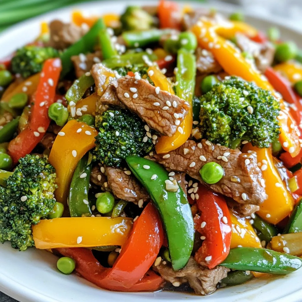 - 1 pound beef sirloin, thinly sliced - 2 tablespoons soy sauce - 1 tablespoon sesame oil - 1 cup bell peppers (red and green), sliced - 1 cup broccoli florets - 1 cup snap peas - 3 cloves garlic, minced - 1 tablespoon fresh ginger, grated - Salt and pepper to taste To make this stir fry tasty, start with fresh beef sirloin. Slice it thin for quick cooking. The soy sauce adds a savory touch while sesame oil gives a nice nutty flavor. Fresh veggies make this dish colorful and healthy. Bell peppers, broccoli, and snap peas add crunch and nutrition. - 2 green onions, chopped (for garnish) - Sesame seeds (optional, for garnish) Garnishes are key for a beautiful dish. Chopped green onions add a fresh taste. Sesame seeds can give a nice crunch and look. Feel free to add these as you like. Choose oils that can take high heat. I suggest using vegetable oil or canola oil. They are great for stir-frying and won’t burn easily. You can also use peanut oil for a bit of extra flavor. {{ingredient_image_1}} First, gather your beef sirloin. Slice it thinly for quick cooking. Place the beef in a medium bowl. Add soy sauce, sesame oil, minced garlic, and grated ginger. Mix well to coat the beef. Let it marinate for about 10 minutes. This step adds rich flavor and keeps the beef tender. While the beef marinates, prepare your veggies. Slice the bell peppers into thin strips. Cut the broccoli into small florets. Trim the snap peas by removing their ends. Having all your veggies ready makes cooking easier and faster. Heat a large skillet or wok over medium-high heat. Add a splash of oil to the pan. Once the oil is hot, add the marinated beef in a single layer. Cook for 2-3 minutes, stirring occasionally until browned. Remove the beef from the skillet and set it aside. In the same skillet, add the bell peppers, broccoli, and snap peas. Stir-fry for 3-4 minutes until they turn vibrant and slightly tender. Return the beef to the skillet and mix with the veggies. Cook for an additional 2 minutes to blend the flavors. Season with salt and pepper to taste. Remove from heat and garnish with chopped green onions and sesame seeds if you like. Enjoy your fast and flavorful meal! To make great beef, start with sirloin. Slice it thin for quick cooking. Marinate it in soy sauce, sesame oil, garlic, and ginger. This adds flavor. Let it sit for about 10 minutes. Heat your skillet well before cooking. This helps brown the beef quickly. Cook in a single layer. This ensures even cooking. Stir occasionally, but don’t overdo it. It should take about 2-3 minutes to brown perfectly. Use fresh vegetables for the best taste. Bell peppers, broccoli, and snap peas add color and crunch. Cut them into even sizes for uniform cooking. Heat your skillet on medium-high heat. This helps the veggies cook fast. Add them after the beef. Stir-fry for 3-4 minutes. You want them bright and slightly tender, not mushy. This keeps their nutrients and flavor intact. Season your stir-fry to boost flavor. Start with salt and pepper. Add more soy sauce if you want a saltier taste. Try adding a splash of lime juice for brightness. Sesame seeds add a nice crunch. Fresh herbs like cilantro can also enhance the dish. Don’t forget to garnish with chopped green onions. They add a fresh bite at the end. Pro Tips Marinate for Flavor: Allow the beef to marinate for at least 10 minutes to absorb the flavors of soy sauce, garlic, and ginger. High Heat is Key: Stir-fry on high heat to achieve a nice sear on the beef and keep the vegetables crisp and vibrant. Prep Ahead: Chop your vegetables in advance to save time during cooking, making it easier to whip up this quick stir-fry. Customize Your Veggies: Feel free to add or substitute your favorite vegetables such as carrots, zucchini, or mushrooms for a personal touch. {{image_2}} If you want to swap out beef, try chicken or tofu. Chicken breast works well sliced thin. Tofu gives a nice texture and absorbs flavors well. For a lighter option, shrimp cooks fast and adds great taste. Simply adjust cooking times based on the protein you choose. Feel free to mix up your veggies! Carrots, zucchini, or mushrooms can add crunch. You can also use leafy greens like bok choy or spinach. If you love heat, add sliced jalapeños or chili peppers. Just remember, keep the cooking time similar for even cooking. To make this dish gluten-free, use tamari instead of soy sauce. You can also try coconut aminos for a different flavor. If you need it dairy-free, this recipe is already perfect. Just check any sauces you use to ensure they fit your needs. After enjoying Minute Beef Veggie Stir Fry, store any leftovers in an airtight container. This keeps the dish fresh and tasty. Make sure to cool it to room temperature first. You can place it in the fridge for up to three days. Label your container with the date to track freshness. To reheat, use a skillet over medium heat. Add a splash of water or oil to keep it moist. Stir often to heat evenly. You can also use the microwave. Place the stir fry in a microwave-safe bowl, cover it, and heat in short bursts. Stir in between to avoid hot spots. If you want to keep it longer, freeze your beef veggie stir fry. Use freezer-safe bags or containers. Make sure to remove as much air as possible. It’s best to freeze it without the garnishes. You can keep it in the freezer for up to three months. When ready to eat, thaw it in the fridge overnight before reheating. You can marinate the beef for about 10 minutes. This time allows the meat to soak in the flavors from the soy sauce, sesame oil, garlic, and ginger. If you have extra time, marinating for up to 30 minutes can add even more taste. Just keep it in the fridge to stay fresh! Yes, you can use frozen vegetables! They are quick and easy. Just make sure to thaw and drain them first. This helps avoid extra water in your stir fry. Frozen veggies are great when fresh ones are not available. They can still taste good and keep some crunch. Beef veggie stir fry pairs well with steamed rice or noodles. You can also serve it with quinoa for a healthier twist. Add a side of spring rolls to make it a feast. For a light meal, serve it with a fresh salad. Each option adds a fun touch to your dish! This blog covers everything you need for a great beef veggie stir fry. We discussed the best ingredients to use and how to prepare them well. I shared cooking tips to make sure your meal turns out perfect. You can also tweak recipes to fit your diet or tastes. Lastly, I explained how to store and heat leftovers safely. Follow these steps, and your stir fry will impress everyone at your table. Happy cooking!
