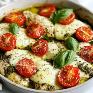 To make this tasty pesto chicken, you need: - 4 boneless, skinless chicken breasts - 1 cup fresh basil pesto - 1 cup cherry tomatoes, halved - 1/2 cup mozzarella cheese, shredded - 1/4 cup grated Parmesan cheese - 2 tablespoons olive oil - Salt and pepper to taste - Fresh basil leaves for garnish These ingredients work together to create a bright and flavorful dish. If you can't find something, here are some swaps you can use: - Chicken: You can use thighs for more flavor. - Pesto: Try sun-dried tomato pesto for a twist. - Cheese: Use goat cheese for a tangy taste. - Tomatoes: Substitute with diced bell peppers for a crunch. - Olive oil: Use avocado oil if you prefer. These substitutes keep the dish tasty and fun! When picking basil pesto, look for these signs: - Color: It should be a vibrant green, not brown. - Smell: Fresh pesto has a strong, herbal scent. - Texture: Look for a smooth, creamy feel, not grainy. If you want to make your own, blend fresh basil, garlic, nuts, Parmesan, and olive oil. This way, you control the taste! {{ingredient_image_1}} First, set your oven to 375&deg;F (190&deg;C). This temperature helps the chicken cook evenly. While the oven heats, get your ingredients ready. You will need four boneless, skinless chicken breasts. Make sure they are dry. This helps with searing later. Season each chicken breast with salt and pepper. Use just enough so every bite has flavor. Next, heat olive oil in a large skillet on medium heat. Wait until the oil is hot but not smoking. Place the chicken breasts in the skillet. Sear them for about three to four minutes on each side. You want a nice golden color. This step locks in the juices and adds flavor. When both sides are golden, take the chicken out of the skillet. Set it aside for a moment. Now, it's time to put everything together in the baking dish. Start by placing the seared chicken breasts inside. Spread a generous amount of fresh basil pesto over each piece. This adds a burst of flavor. Next, take the halved cherry tomatoes and place them on top of the chicken. Press them gently into the pesto. Finally, sprinkle the shredded mozzarella cheese and grated Parmesan cheese on top. This will melt and create a cheesy layer. Cover the dish with aluminum foil. Bake it in the oven for 20 minutes. After that, remove the foil and bake for another 10 to 15 minutes. Check to ensure the chicken reaches an internal temperature of 165&deg;F (75&deg;C). When it&rsquo;s done, let it rest for a few minutes. Add fresh basil leaves for a beautiful touch. Enjoy your flavorful pesto chicken! To get a nice crust on your chicken, heat the olive oil in a skillet. Use medium heat and let the oil shimmer. Season the chicken breasts with salt and pepper. Place them in the skillet and don&rsquo;t crowd the pan. Sear each side for about 3-4 minutes until golden brown. This step locks in the juices and flavor. After searing, transfer the chicken to your baking dish. While basil pesto adds great taste, you can boost the flavor even more. Try adding some garlic powder or crushed red pepper flakes to the chicken. Fresh thyme or oregano also works well. These herbs bring extra depth to the dish. Just sprinkle a little on top of the pesto before baking. Pesto chicken pairs well with many sides. Serve it with a fresh salad or steamed veggies for balance. You can also offer garlic bread for a nice touch. If you like carbs, try it with pasta tossed in olive oil. Don&rsquo;t forget to garnish with fresh basil leaves for a pop of color and freshness! Pro Tips Use Fresh Ingredients: For the best flavor, use fresh basil pesto and ripe cherry tomatoes. Fresh ingredients elevate the dish significantly. Let the Chicken Rest: After baking, allow the chicken to rest for a few minutes before slicing. This helps keep the juices locked in, ensuring tender meat. Experiment with Cheese: Feel free to mix different types of cheese, such as provolone or gouda, for a unique flavor twist on the classic mozzarella. Serve with a Side: Pair this dish with a simple side salad or garlic bread to complete your meal and add extra texture. {{image_2}} You can add sun-dried tomatoes for extra flavor. Chop them up and mix them with the pesto. This will give your chicken a lovely, tangy taste. Sun-dried tomatoes add color and a sweet touch. You can layer them on top of the chicken, under the cheese. This dish becomes even more vibrant and tasty! If you want a low-carb meal, skip the cheese and use zucchini. Slice the zucchini thin and layer it on the chicken. The pesto will still bring great flavor. You can also serve the chicken with a salad. This keeps the meal light and fresh. You can enjoy all the taste without the carbs. You can grill your pesto chicken for a smoky flavor. Just marinate the chicken in the pesto first. Then, cook on a hot grill for about six to seven minutes per side. This gives the chicken a nice char. Baking is great for cheese lovers, as it melts perfectly. Both methods work well, so choose what you like best! To store leftover pesto chicken, let it cool first. Place the chicken in an airtight container. You can keep it in the fridge for up to three days. If you want to keep it longer, consider freezing it. When you are ready to eat, reheat the pesto chicken in the oven. Set the oven to 350&deg;F (175&deg;C). Place the chicken on a baking sheet. Cover it with foil to keep it moist. Heat for about 15-20 minutes, or until warm. You can also use a microwave. Just heat in short bursts to avoid drying it out. To freeze pesto chicken, cut it into portions. Wrap each piece tightly in plastic wrap. Then, place them in a freezer bag. Make sure to squeeze out all the air. This way, it can last up to three months in the freezer. Remember to label the bag with the date. When you&rsquo;re ready to eat, thaw it overnight in the fridge. Yes, you can use store-bought pesto. It saves time and is still tasty. Just choose a brand with fresh ingredients. Look for a pesto without added preservatives. This way, you keep the flavor and make cooking easier. The best way to check is by using a meat thermometer. Insert it into the thickest part of the chicken. The chicken is done when it reaches 165&deg;F or 75&deg;C. If you don&rsquo;t have a thermometer, cut into the chicken. The meat should be white, not pink. Juices should run clear. Yes, you can prepare it in advance. Assemble the dish and cover it tightly. Store it in the fridge for up to 24 hours before baking. This makes meal prep easy and fast. Just remember to add a bit more baking time if it's cold from the fridge. We covered how to make pesto chicken from start to finish. You learned about the ingredients you need and some substitutes. I shared tips to pick fresh basil pesto and how to prepare your chicken for baking. You also got ideas for variations, like adding sun-dried tomatoes. Finally, I included storage and reheating tips. In short, with these steps, you can craft a tasty pesto chicken meal anytime. Enjoy the flavors and make it your own!