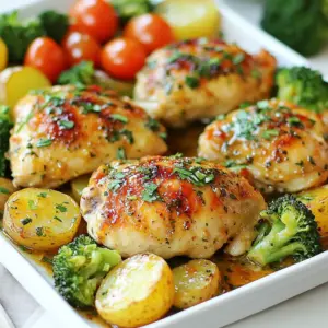 - 4 boneless, skinless chicken breasts - 1 cup baby potatoes, halved - 2 cups broccoli florets - 1 cup cherry tomatoes - 4 tablespoons unsalted butter, melted - 4 cloves garlic, minced - 1 teaspoon dried thyme - 1 teaspoon dried rosemary - 1 teaspoon paprika - Salt and pepper to taste - Fresh parsley, chopped (for garnish) - Large baking sheet - Mixing bowl - Measuring spoons and cups - Oven thermometer (optional) Gather these ingredients to make the dish easy and fun. The chicken breasts are the star. They bring protein and flavor. Baby potatoes add heartiness. Broccoli florets and cherry tomatoes bring color and nutrients. You will need a few tools to make cooking smooth. A large baking sheet holds everything. A mixing bowl helps mix the garlic butter sauce. Measuring spoons and cups make sure you use the right amounts. An oven thermometer is optional but helpful. With these ingredients and tools ready, you're all set to create a tasty meal. This dish is not just easy; it is also a joy to share. {{ingredient_image_1}} - Preheat your oven to 400&deg;F (200&deg;C). - In a small bowl, mix melted butter, minced garlic, thyme, rosemary, paprika, salt, and pepper. This mix is your garlic butter sauce. - On a large baking sheet, place chicken breasts in the center. Drizzle half of the garlic butter sauce over the chicken. - Arrange halved baby potatoes, broccoli florets, and cherry tomatoes around the chicken. - Drizzle the remaining garlic butter sauce over the veggies. Make sure everything is well coated. - Roast in the oven for 25-30 minutes. The chicken must reach an internal temperature of 165&deg;F (75&deg;C). The veggies should be tender. - Let the dish sit for 5 minutes before serving. This helps the flavors settle and makes serving easier. To ensure juicy chicken, cook it for 25 to 30 minutes. Use a meat thermometer to check. The chicken should reach 165&deg;F (75&deg;C). This helps keep it moist and safe to eat. For the veggies, cook them until they are tender. Broccoli should be bright green but not mushy. The baby potatoes should be soft when pierced with a fork. Keep an eye on them to avoid overcooking. To boost flavor, add herbs like thyme and rosemary. They bring a fresh taste that pairs well with garlic and butter. You can also sprinkle paprika for a hint of smokiness. For a fun twist, try garnishing with lemon zest or a squeeze of lemon juice. Fresh parsley adds a pop of color and freshness. These small touches can make your dish look and taste gourmet. When prepping, wash and cut veggies ahead of time. Store them in airtight containers in the fridge. This saves time on busy weeknights. You can also marinate the chicken in the garlic butter sauce the night before. This allows the flavors to soak in. When it's time to cook, everything is ready to go on the sheet pan. Pro Tips Butter Temperature: Ensure the butter is melted and slightly cooled before mixing with garlic to prevent burning the garlic during roasting. Even Cooking: Cut potatoes into uniform sizes to ensure that all vegetables cook evenly alongside the chicken. Resting Time: Allow the chicken to rest for a few minutes after cooking; this helps retain its juices for a more tender bite. Flavor Boost: Experiment with different herbs like oregano or basil for a unique twist on the garlic butter sauce. {{image_2}} You can switch out vegetables based on your taste. For example, try bell peppers, asparagus, or zucchini. Each choice brings a new texture and taste. You can also use different cuts of chicken. Thighs or drumsticks work well and add juiciness. If you want a different protein, consider shrimp or tofu. Both options cook quickly and soak up the garlic butter flavor. To brighten up the dish, add lemon juice or zest. A squeeze of lemon before serving gives a fresh taste. If you like heat, sprinkle in red pepper flakes. This adds a fun kick to the garlic butter. You can adjust the amount based on your heat preference. These tweaks will make the dish uniquely yours. If you need a gluten-free option, ensure your butter and spices are gluten-free. You can also swap regular butter for a dairy-free option, like olive oil or vegan butter. For a vegetarian twist, replace chicken with plant-based proteins. Chickpeas or lentils work well and add protein. These changes keep the meal delicious while fitting different diets. Leftovers can last up to three days in the fridge. To store them, use airtight containers. Glass or plastic containers work well. Make sure to let the dish cool before sealing. To reheat, use the oven for best results. Preheat it to 350&deg;F (175&deg;C). Place the chicken and veggies on a baking sheet. Heat for about 15 minutes. This method keeps the food moist and tasty. If you need a quicker option, use the microwave. Place the food in a microwave-safe dish. Cover it with a damp paper towel. Heat in short bursts, stirring in between. This helps keep the chicken juicy and veggies crisp. You can freeze this dish for up to three months. To do this, let it cool completely before freezing. Place the chicken and veggies in freezer bags. Remove as much air as possible. When ready to eat, thaw it overnight in the fridge. To reheat from frozen, bake at 375&deg;F (190&deg;C) for about 30-35 minutes. Check that the chicken reaches 165&deg;F (75&deg;C) before serving. The chicken will cook for 25 to 30 minutes. Set your oven to 400&deg;F (200&deg;C). This high heat helps the chicken cook evenly. Always check the internal temperature. It should reach 165&deg;F (75&deg;C) to be safe. Yes, you can use frozen vegetables. They will cook well on the sheet pan. Just add a few extra minutes to the cooking time. Make sure to thaw them a bit. This helps with even cooking. You can serve this dish with rice or pasta. A fresh salad also pairs nicely. Bread rolls or crusty bread are great for soaking up the garlic butter sauce. Choose sides that you enjoy and that balance the meal. Use a meat thermometer to check the chicken. The safe internal temperature is 165&deg;F (75&deg;C). If you don&rsquo;t have a thermometer, cut into the thickest part. The juices should run clear, not pink. Yes, you can prep the chicken and veggies ahead. Marinate them in the garlic butter sauce. Store them in the fridge for up to 24 hours. When ready, roast them in the oven. This saves time on busy days! This recipe for sheet pan garlic butter chicken is simple and tasty. You learned about the key ingredients and tools needed for success. The step-by-step guide helps you cook juicy chicken and tender vegetables easily. With tips on variations and storage, you can adapt this meal for any day. In closing, this dish is perfect for busy nights. You can impress loved ones with ease. Enjoy making your own tasty version!