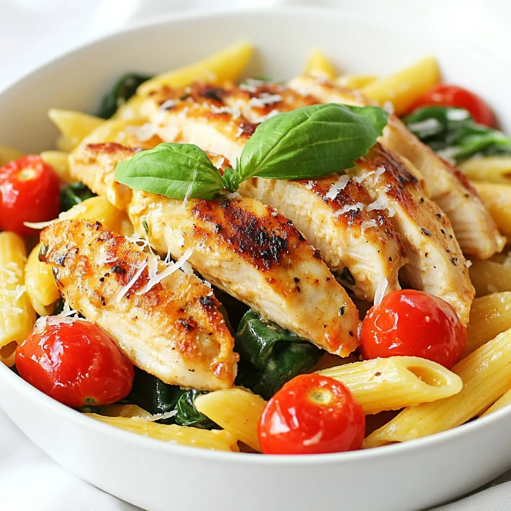 - 2 boneless, skinless chicken breasts - 8 oz penne pasta - 2 tablespoons olive oil - 3 cloves garlic, minced - 1 cup heavy cream - 1 cup cherry tomatoes, halved - 1 cup fresh spinach - 1 teaspoon Italian seasoning - ½ cup grated Parmesan cheese - Salt and pepper to taste - Fresh basil leaves for garnish Choose fresh chicken breasts. They should feel firm and have no bad smell. For pasta, pick penne for its great sauce-holding shape. Look for heavy cream that is thick and rich. It makes the sauce creamy and delicious. When buying tomatoes, go for ripe cherry ones. They add sweetness and color. Fresh spinach should be vibrant green and crisp. Avoid wilted leaves. If you want a healthier option, use grilled chicken instead of pan-fried. You can swap penne for whole wheat or gluten-free pasta. If you can't find heavy cream, use half-and-half for a lighter sauce. For a dairy-free version, try coconut milk instead of cream and nutritional yeast instead of Parmesan. You can also replace cherry tomatoes with diced bell peppers for a different twist. {{ingredient_image_1}} First, get your ingredients ready. You need two boneless, skinless chicken breasts, eight ounces of penne pasta, and some olive oil. Gather three cloves of minced garlic, a cup of heavy cream, and one cup of halved cherry tomatoes. Don’t forget one cup of fresh spinach, a teaspoon of Italian seasoning, and half a cup of grated Parmesan cheese. Lastly, have salt, pepper, and fresh basil leaves for garnish on hand. Start cooking the penne pasta in a large pot. Use salted boiling water and follow the package instructions. When the pasta is done, drain it and set it aside. While the pasta cooks, season both sides of the chicken breasts with salt, pepper, and Italian seasoning. Heat two tablespoons of olive oil in a large skillet over medium heat. Add the chicken breasts to the skillet. Cook them for about six to seven minutes on each side. They should be golden brown and fully cooked. Once done, take the chicken out and place it on a plate. In the same skillet, add the minced garlic. Sauté it for about thirty seconds until it smells great. Now, pour in the heavy cream. Add the halved cherry tomatoes and fresh spinach. Cook this mix for about five minutes. The spinach should wilt, and the tomatoes should get soft. Lower the heat and stir in the grated Parmesan cheese. Keep stirring until it melts and becomes creamy. Slice the cooked chicken and return it to the skillet. Toss the chicken in the creamy sauce. Now, add the cooked penne pasta and mix everything gently. Adjust the seasoning with salt and pepper to your taste. Serve the dish right away. Garnish with fresh basil leaves for a lovely touch. To make your Marry Me Chicken Pasta shine, start with high-quality ingredients. Use fresh spinach and ripe cherry tomatoes for the best flavor. When cooking the chicken, ensure it's golden brown on both sides. This adds a nice taste and look. Don't rush the sauce. After adding the cream, let it simmer. This will blend all the flavors well. Mix the pasta just enough to coat it in the creamy sauce. This keeps it from getting mushy. One mistake is overcooking the chicken. This can make it dry. Always check if it's cooked through but still juicy. Another error is not seasoning enough. Taste the sauce before serving. Adjust salt and pepper to make it pop. Lastly, don't skip the garnish. Fresh basil and extra cheese make a big difference in taste and presentation. Serve your Marry Me Chicken Pasta in shallow bowls. This shows off the colorful veggies and creamy sauce. Add a sprinkle of extra Parmesan on top. A few fresh basil leaves can brighten the dish. Pair it with a light salad or garlic bread. This adds balance and makes your meal feel complete. Pro Tips Use Fresh Ingredients: Using fresh spinach and ripe cherry tomatoes will enhance the flavor and texture of the dish significantly. Don’t Overcook the Chicken: To keep the chicken juicy, make sure not to overcook it. The internal temperature should reach 165°F (75°C). Reserve Pasta Water: Save a cup of pasta water before draining. It can be used to adjust the sauce consistency if it becomes too thick. Customize Your Seasonings: Feel free to adjust the Italian seasoning or add some red pepper flakes for a spicy kick to the sauce. {{image_2}} You can make Marry Me Chicken Pasta vegetarian by swapping the chicken. Use mushrooms or eggplant instead. These options add a hearty texture. You can also use tofu for a protein boost. Cook them just like the chicken, browning them well for flavor. Feel free to add more veggies or proteins to your dish. Bell peppers, zucchini, or broccoli work great. They add color and crunch. You can also mix in shrimp or cooked sausage for extra protein. Just sauté them in the skillet before adding the cream. You can try different pasta shapes for this recipe. Fusilli or farfalle add fun twists. Gluten-free pasta is also a good choice if needed. Just make sure to cook it according to the package. Each pasta brings its own flavor and texture to the dish. To store leftovers, let the pasta cool first. Place it in an airtight container. Store it in the fridge for up to three days. Make sure to seal it well to keep it fresh. This helps maintain the dish's rich flavors. When you’re ready to eat, reheat the pasta gently. You can use a microwave or a skillet. If using a microwave, heat in short bursts, stirring in between. If using a skillet, add a splash of cream or broth. This keeps the pasta creamy and avoids drying it out. To freeze, place the cooled pasta in a freezer-safe container. Make sure to leave some space at the top for expansion. You can freeze it for up to three months. When ready to eat, thaw it in the fridge overnight and reheat as mentioned above. Yes, you can make Marry Me Chicken Pasta gluten-free. Simply swap regular penne pasta for gluten-free penne. Many brands offer great gluten-free options. Just follow the cooking time on the package. Your dish will still taste amazing! Marry Me Chicken Pasta can last in the fridge for about 3 to 4 days. Be sure to store it in an airtight container. This way, it keeps its flavor and texture. When you reheat it, add a splash of cream for extra moisture. You can serve Marry Me Chicken Pasta with a fresh side salad. A simple green salad with lemon vinaigrette works well. Garlic bread is also a great choice. It adds a nice crunch and complements the creamy sauce perfectly! In this post, we explored how to make Marry Me Chicken Pasta from start to finish. We listed key ingredients, tips for selection, and substitutes for your pantry needs. I shared step-by-step cooking instructions, along with useful tips to boost your dish. You learned how to store leftovers and answered common questions about the recipe. Remember, cooking is fun and creative. Try variations to suit your taste and impress your guests. Enjoy making this dish and sharing your love through food!