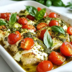 - 4 boneless, skinless chicken breasts - 1 cup basil pesto (store-bought or homemade) - 1 cup cherry tomatoes, halved - 1 cup mozzarella cheese, shredded - 2 tablespoons olive oil The main ingredients create a rich and tasty flavor. The chicken stays juicy and tender with the help of basil pesto. Cherry tomatoes add a nice, fresh sweetness. Mozzarella cheese melts beautifully, making the dish extra creamy. Olive oil gives moisture and a hint of richness. - Salt and pepper, to taste - Fresh basil leaves, for garnish (optional) Seasoning is key to enhancing the flavors. I use salt and pepper to bring out the taste of the chicken. Fresh basil leaves add a pop of color and fresh aroma at the end. They make the dish look great and taste even better. - Homemade pesto recipe - Alternate cheese options (e.g., feta, parmesan) Want to switch things up? You can make homemade pesto for a fresh twist. You can also use different cheeses like feta or parmesan. These options bring new flavors and textures. Feel free to get creative with what you have at home! {{ingredient_image_1}} First, preheat your oven to 375&deg;F (190&deg;C). This step is key for even cooking. While the oven heats, grab a small bowl. In this bowl, mix 2 tablespoons of olive oil with salt and pepper. This will be your seasoning blend. Next, place the 4 boneless, skinless chicken breasts in a large baking dish. Brush both sides of the chicken with your olive oil mixture. This adds flavor and helps the chicken stay moist. Now, it&rsquo;s time to apply the star of the show: the pesto. Spread a cup of basil pesto over each chicken breast. Make sure to cover them evenly for full flavor. After that, take 1 cup of halved cherry tomatoes and scatter them around the chicken in the dish. These juicy tomatoes add freshness. Finally, sprinkle 1 cup of shredded mozzarella cheese generously over the top of the chicken and tomatoes. This will melt into a delicious, gooey layer. Next, cover the baking dish with aluminum foil. This helps keep the chicken from getting too brown. Place the dish in your preheated oven and bake for 20 minutes. After 20 minutes, remove the foil. Continue baking for an additional 10 to 15 minutes. The chicken should reach an internal temperature of 165&deg;F (75&deg;C) when done. The cheese should also be bubbly and lightly golden. Once finished, take the dish out of the oven and let it rest for a few minutes. You can garnish with fresh basil leaves before serving to add a nice touch. Enjoy your meal! To keep your chicken moist, use a good amount of pesto. The pesto adds flavor and moisture. Be sure to cover the dish with foil for part of the cooking time. This helps trap steam and keeps the chicken juicy. To check if the chicken is done, use a meat thermometer. The safe internal temperature is 165&deg;F (75&deg;C). If you don&rsquo;t have one, cut into the chicken. The center should be white, not pink. Baked pesto chicken pairs well with many side dishes. Try serving it with rice or pasta. A fresh salad or steamed veggies also works great. For a nice presentation, place the chicken on a large platter. Scatter some halved cherry tomatoes and fresh basil around it. This adds color and makes it look inviting. To store leftovers, let the chicken cool first. Place it in an airtight container in the fridge. It will stay fresh for up to three days. When reheating, use the oven for the best taste. Preheat to 350&deg;F (175&deg;C) and bake until warmed through. This method keeps the chicken juicy and the cheese melty. Pro Tips Use Fresh Pesto: For the best flavor, consider making your own basil pesto. Fresh ingredients will elevate the dish significantly! Even Cooking: Ensure chicken breasts are of uniform thickness for even cooking. You can pound them slightly if needed. Cheese Variations: Feel free to experiment with different cheeses like provolone or gouda for a unique twist on flavor. Resting Time: Let the chicken rest for a few minutes after baking. This helps retain juices and ensures a moist result. {{image_2}} You can change up your baked pesto chicken with different flavors. Try adding herbs like thyme or oregano. A sprinkle of red pepper flakes brings heat. You can also use sun-dried tomato pesto instead of basil pesto. This swap gives a richer taste and a hint of sweetness. If you want to switch proteins, chicken isn&rsquo;t the only option. Fish like salmon works well with pesto. It cooks quickly and stays moist. Tofu is a great choice for a meatless meal. Press and marinate it in pesto before baking to soak in the flavors. Adding veggies makes this dish even better. Cherry tomatoes are a classic, but try zucchini or bell peppers. You can also toss in spinach or asparagus for color and crunch. These additions not only taste great but also boost the nutrients in your meal. Baked pesto chicken packs a tasty punch. Each serving contains about 400 calories. This dish provides a good mix of protein, fats, and carbs. Here&rsquo;s the macronutrient breakdown: - Protein: 30g from chicken and cheese - Fat: 25g from olive oil and cheese - Carbohydrates: 10g from tomatoes and pesto This dish features some great ingredients. Chicken is a lean protein. It helps build muscles and keeps you full. Basil, the star of the pesto, has many benefits too. It is rich in antioxidants and may help reduce inflammation. Plus, it gives the dish a fresh flavor. Olive oil is heart-healthy and can lower the risk of heart disease. Baked pesto chicken is flexible. It is naturally gluten-free. For those on low-carb diets, it fits well too. You can also make it dairy-free by skipping the cheese or using a dairy-free alternative. This dish can cater to various dietary needs while still being delicious. You can store baked pesto chicken for up to four days in the fridge. Make sure to place it in an airtight container. This way, it stays fresh and tasty for your next meal. If you plan to keep it longer, freeze it. Baked pesto chicken can last up to three months in the freezer. Just thaw it in the fridge before reheating. Yes, you can prepare baked pesto chicken ahead of time. Season the chicken and apply the pesto. Then, cover it and store it in the fridge for up to 24 hours. When you're ready to cook, just pop it in the oven. This makes dinner quick and easy on busy nights. Baked pesto chicken pairs well with many side dishes. Here are some great options: - Rice: A side of fluffy white or brown rice complements the chicken. - Pasta: Serve it with pasta tossed in olive oil and garlic. - Salad: A fresh green salad adds a crisp touch. - Vegetables: Roasted broccoli or steamed green beans work nicely, too. Feel free to mix and match! This recipe for baked pesto chicken is easy and fun to make. You learned about key ingredients, like chicken, pesto, and cheese. I shared tips on cooking, serving, and storing your dish. You can even change the recipe to fit your taste. Try different herbs or veggies for fun twists. Whatever you choose, this dish is healthy and tasty. Enjoy cooking your delicious baked pesto chicken!