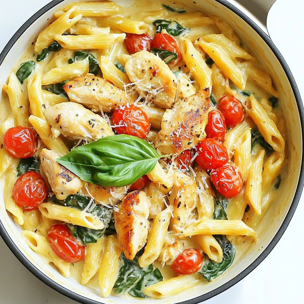 - 2 boneless, skinless chicken breasts, cut into bite-sized pieces - 2 tablespoons olive oil - 3 cloves garlic, minced - 1 cup cherry tomatoes, halved - 2 cups baby spinach - 1 teaspoon dried Italian herbs - 1 teaspoon red pepper flakes (adjust to taste) - 1 cup chicken broth - 1 cup heavy cream - 8 oz penne pasta - ½ cup grated Parmesan cheese - Salt and pepper to taste - Fresh basil leaves for garnish The chicken breasts bring protein and a hearty bite to the dish. I prefer boneless and skinless for easy cooking. Olive oil adds a rich flavor and helps cook the chicken. Garlic gives a warm, fragrant taste that brightens the dish. Cherry tomatoes add sweetness and color, while baby spinach boosts nutrition. Dried Italian herbs bring classic flavors, and red pepper flakes add a nice kick, which you can change based on your taste. Chicken broth adds depth, while heavy cream creates that creamy texture. Penne pasta is perfect for holding the sauce. Finally, grated Parmesan cheese rounds out the dish with a salty finish and fresh basil adds a pop of flavor. For the chicken, choose fresh, high-quality breasts for the best taste. Extra virgin olive oil will enhance the flavor more than regular oil. Use fresh garlic if possible, as it has better taste than jarred options. Look for ripe cherry tomatoes to get the best sweetness. Fresh baby spinach is healthier than frozen and adds a nice texture. When using dried herbs, opt for quality brands for better flavor. Finally, use real Parmesan cheese rather than pre-grated for a richer taste. {{ingredient_image_1}} This dish comes together in just one pot. You cook the chicken first, then add the veggies, broth, and pasta. Lastly, you stir in cream and cheese for a rich sauce. 1. Heat oil: Start by heating two tablespoons of olive oil in a large pot over medium heat. 2. Cook chicken: Add two chicken breasts cut into bite-sized pieces. Season with salt and pepper. Sauté for 5-7 minutes until the chicken is browned and no longer pink. Remove the chicken and set aside. 3. Sauté garlic: In the same pot, add three minced garlic cloves. Sauté for one minute until fragrant. 4. Add tomatoes: Toss in one cup of halved cherry tomatoes. Cook for 2-3 minutes until they soften. 5. Add spinach and herbs: Stir in two cups of baby spinach, one teaspoon of dried Italian herbs, and one teaspoon of red pepper flakes. Let the spinach wilt. 6. Add broth: Pour in one cup of chicken broth and bring everything to a boil. 7. Cook pasta: Add eight ounces of penne pasta. Stir to combine, reduce heat to a simmer, and cover. Cook for about 10 minutes, stirring occasionally. 8. Make creamy sauce: Once the pasta is cooked, lower the heat. Stir in one cup of heavy cream and half a cup of grated Parmesan cheese. Mix until creamy. 9. Add chicken back: Return the cooked chicken to the pot. Stir until all is coated in the sauce. 10. Season to taste: Adjust salt, pepper, or red pepper flakes if needed. 11. Garnish: Finally, top with fresh basil leaves before serving. - Heating oil: 1 minute - Cooking chicken: 5-7 minutes - Sautéing garlic: 1 minute - Adding tomatoes: 2-3 minutes - Adding spinach and herbs: 1-2 minutes - Adding broth: 1 minute - Cooking pasta: 10 minutes - Making creamy sauce: 2-3 minutes - Adding chicken back and seasoning: 2 minutes - Total time: 30 minutes. This method makes it easy to create a tasty meal with minimal cleanup. Enjoy every bite! To make a smooth sauce, use heavy cream. It gives a rich flavor. Stir in the cream slowly. This helps it mix well with the chicken broth. Parmesan cheese also adds creaminess. Grate it fresh for the best taste. If the sauce is too thick, add more chicken broth. If it’s too thin, simmer it longer. Always cook pasta in the sauce. This helps it soak up flavor. Use penne pasta for this recipe. It holds the sauce well. Stir it often to stop sticking. Check for doneness around 10 minutes. The pasta should be al dente, firm but cooked. Feel free to tweak the spices. Add more red pepper flakes for heat. You can also mix in fresh herbs, like basil or parsley. For a tangy twist, squeeze some lemon juice before serving. Taste as you go to find the right balance. Pro Tips Use Fresh Ingredients: Opt for fresh spinach and ripe cherry tomatoes for enhanced flavor and nutrition. Adjust Creaminess: If you prefer a lighter dish, substitute half of the heavy cream with chicken broth. Perfect Pasta: To avoid overcooking the pasta, check for al dente a minute or two before the suggested cooking time. Flavor Boost: For an extra depth of flavor, add a splash of white wine after sautéing the garlic before adding the tomatoes. {{image_2}} If you want to switch up the protein, use shrimp or tofu. Shrimp cooks fast and adds a nice texture. Tofu is great for a vegetarian option. Just cut it into bite-sized pieces, and sauté until golden. You can also try cooked sausage for a spicy kick. This will change the flavor, but it can be delicious! Adding vegetables is a smart way to enhance this dish. You can toss in bell peppers, zucchini, or mushrooms. These veggies add color and nutrition. Simply chop them up and sauté with the garlic. You can also add broccoli for crunch and health. Just steam it a bit before mixing it in. This makes your meal even more filling and tasty. For a gluten-free meal, swap penne pasta for gluten-free pasta. Many brands offer great options that taste good. You can also use spiralized zucchini or spaghetti squash for a low-carb choice. Just remember to adjust the cooking time. These options keep your dish light and fresh. Enjoy a delicious meal without the gluten! After enjoying your creamy Tuscan chicken pasta, store any leftovers in an airtight container. Let the dish cool down first. This helps keep the flavors fresh. Place the container in the fridge. It will last for 3 to 4 days. For best taste, eat it within this time. To reheat, you can use the stove or microwave. If using a pot, add a splash of chicken broth. This keeps the pasta moist. Heat on low, stirring often. If using the microwave, place the pasta in a microwave-safe bowl. Cover it loosely and heat in short bursts. Stir in between to avoid hot spots. If you want to save some for later, freezing is a great option. First, cool the pasta completely. Then, place it in a freezer-safe container. You can also use freezer bags, removing as much air as possible. Label the bags with the date. The pasta can stay frozen for up to 3 months. When ready to eat, thaw it in the fridge overnight before reheating. Yes, you can use different pasta types. Penne works well in this dish, but you can try rotini, fusilli, or even spaghetti. Just remember, cooking times may change slightly. Check the package instructions for the best results. If you use a larger pasta, it may take longer to cook. To keep the sauce creamy, avoid boiling it too hard after adding the cream. Stir gently and heat on low. Make sure the cream is at room temperature before adding it. This helps it blend smoothly into the dish. Adding cheese slowly also helps maintain a creamy texture. This pasta goes well with a simple salad or garlic bread. A fresh green salad with lemon dressing complements the dish nicely. You could also serve it with roasted vegetables for extra flavor. For a lighter meal, pair it with steamed broccoli or asparagus. This blog post explored every aspect of making One-Pot Creamy Tuscan Chicken Pasta. We covered essential ingredients, cooking steps, and smart tips to perfect your dish. Remember to choose high-quality ingredients for the best flavor. Try different variations and substitutes to make the recipe your own. Lastly, proper storage helps maintain freshness. Enjoy delicious meals with ease! Your culinary skills will shine with these simple tricks.