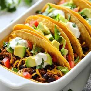 You need the right beef for tasty tacos. Use 1 lb of ground beef. Choose lean beef for less grease. Add flavor with 1 tablespoon of olive oil. Chop 1 small onion finely and use 2 cloves of minced garlic. For seasoning, a packet of taco seasoning works well. You can also make your own with chili powder, cumin, paprika, and salt. For the tacos, use 12 small corn or flour tortillas. Corn tortillas give a nice crunch, while flour tortillas are soft and chewy. Both options can hold the filling well. Choose what you like best. Toppings make your tacos fun and tasty. Prepare 1 cup of shredded lettuce and 1 cup of shredded cheese. Cheddar or a Mexican blend works great. You can also add ½ cup of sour cream for creaminess. Dice 1 avocado for a fresh taste. For a pop of color and flavor, add fresh cilantro as a garnish if you like. {{ingredient_image_1}} First, set your oven to 375°F (190°C). This helps the tacos cook evenly. Preheating is key for crispy tortillas and melted cheese. In a large skillet, heat 1 tablespoon of olive oil over medium heat. Add 1 small, finely chopped onion and 2 minced garlic cloves. Cook until soft, about 3-4 minutes. Next, add 1 pound of ground beef. Stir in a packet of taco seasoning and cook until browned, around 5-7 minutes. Finally, mix in 1 cup of diced tomatoes and 1 cup of black beans. Cook for another 2-3 minutes until everything is hot. Grab 12 small corn or flour tortillas. Spoon a generous amount of the beef mixture onto one half of each tortilla. Carefully fold the tortilla over and press gently to secure the filling. Repeat this step for all the tortillas. Place the folded tacos seam-side down in a greased baking dish. They can be snug; they will hold their shape while baking. Sprinkle 1 cup of shredded cheese over the top. Bake the dish in your preheated oven for 15-20 minutes. Look for crispy tortillas and melted cheese. While they bake, prepare your toppings. Chop lettuce and dice avocado. After baking, let the tacos cool for a moment. Serve with shredded lettuce, diced avocado, sour cream, and fresh cilantro, if you like. Enjoy! To make your tacos flavorful, use the right seasoning. I recommend a store-bought taco seasoning for ease. If you prefer homemade, mix chili powder, cumin, paprika, and salt. This blend gives a rich taste. Adjust the spices to your liking. If you like heat, add some cayenne pepper or jalapeños. Always taste your beef mixture before using it. This way, you can add more seasoning if needed. Crispy tortillas make a big difference. To achieve this, bake your tacos at the right temperature. Preheat your oven to 375°F (190°C). Arrange the tacos seam-side down in the dish. This helps them hold their shape. You can also lightly brush the tortillas with olive oil before baking. This adds crunch and flavor. Bake them until the cheese is melted and the edges are golden. Presentation matters in cooking. After baking, let your tacos cool for a minute. Then, serve them on a colorful plate. Add shredded lettuce, diced avocado, and a dollop of sour cream on top. Sprinkle fresh cilantro for a pop of color. This not only looks great but also adds fresh flavor. You can also serve lime wedges on the side for an extra zest. Pro Tips Choose the Right Tortillas: For a crisper texture, opt for corn tortillas, while flour tortillas provide a softer bite. Experiment to find your favorite! Don't Overfill: While it's tempting to pack the tacos, overfilling can lead to messy baking. Keep the filling moderate for perfect results. Let Them Rest: After baking, allow the tacos to sit for a few minutes. This helps the fillings settle and makes them easier to serve. Customize Your Toppings: Get creative with your toppings! Try adding jalapeños, diced onions, or even a splash of hot sauce for an extra kick. {{image_2}} You can switch out the ground beef for other proteins. Ground turkey works well and is leaner. You could also use ground chicken for a lighter option. If you prefer a vegetarian meal, try crumbled tofu or black beans. These swaps keep the taste tasty and simple. If you want to change the flavor, use different spices. Try taco seasoning blends from the store or make your own! Mix chili powder, cumin, and paprika with salt. For a kick, add cayenne pepper or chili flakes. Experiment with flavors you love to make it uniquely yours. Toppings can elevate your tacos in fun ways. Besides lettuce and avocado, try diced tomatoes or jalapeños for spice. You can add fresh salsa or guacamole for extra flavor. Crushed tortilla chips add crunch, while lime juice gives freshness. Let your creativity shine with each taco you make! After enjoying your baked ground beef tacos, store any leftovers in an airtight container. Make sure to cool the tacos completely before sealing them. Leftover tacos can stay fresh for 3 to 4 days in the fridge. This helps keep the flavors intact and the tortillas from getting soggy. To reheat your tacos, preheat your oven to 350°F (175°C). Place the tacos on a baking tray lined with parchment paper. Heat them in the oven for about 10 to 15 minutes. This method keeps the tortillas crispy while warming the beef and cheese. You can also use a microwave, but the tortillas may become soft. If you want to save tacos for later, you can freeze them! Let the tacos cool completely, then wrap each taco in plastic wrap. Place them in a freezer bag or container. Make sure to remove as much air as possible. Frozen tacos can last for up to 3 months. When ready to eat, thaw in the fridge overnight and reheat as mentioned above. Yes, you can make these tacos ahead of time. Prepare the beef mixture and assemble the tacos. Store them in the fridge for up to 24 hours. When you're ready to eat, bake them straight from the fridge. Just add a few extra minutes to the baking time. This makes dinner easy and quick! To keep the tortillas crisp, use a few simple tricks. First, bake the tacos right after assembling them. If you need to prepare them ahead, warm the tortillas in a dry skillet before filling. This step helps seal them and keeps moisture out. Also, avoid overloading the filling. These tacos pair well with many sides! Here are a few ideas: - Spanish rice - Refried beans - Fresh corn salad - Guacamole - Chips and salsa These sides add flavor and make the meal more fun! Absolutely! You can use any cheese you enjoy. Some popular options include: - Monterey Jack - Queso Blanco - Pepper Jack These choices add different flavors and spice, making your tacos even better! You can make your taco seasoning easily at home. Here’s a simple mix: - 1 tablespoon chili powder - 1 teaspoon cumin - 1 teaspoon paprika - ½ teaspoon salt Mix these spices together, and you'll have a tasty seasoning for your tacos. Adjust the spices to suit your taste! We covered key ingredients for tasty baked ground beef tacos, like beef, tortillas, and toppings. I shared step-by-step instructions, from preheating the oven to baking. You learned tips for crispy tortillas and great seasoning. We explored fun ingredient swaps and answers to common questions. With these ideas, you can create perfect tacos every time. Enjoy experimenting with flavors and sharing delicious meals!