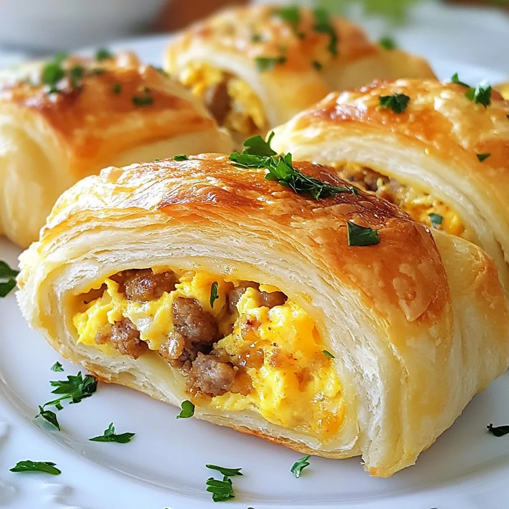- 1 lb breakfast sausage - 4 large eggs - 1/4 cup milk - 1/2 cup shredded cheddar cheese - 1/4 cup diced bell peppers (red and green) - 1/4 cup diced onions - 1 teaspoon garlic powder - 1 package refrigerated crescent roll dough - Salt and pepper to taste - Fresh parsley for garnish (optional) When making sausage egg breakfast rolls, you need a mix of tasty and fresh ingredients. Start with breakfast sausage. It brings rich flavor and protein. Next, use large eggs for a fluffy texture. The milk helps make the eggs creamy. Shredded cheddar cheese adds a savory touch that melts beautifully. You can also add diced bell peppers and onions for extra crunch and color. These veggies boost nutrition while adding flavor. A little garlic powder enhances the taste, making every bite pop. Don't forget the crescent roll dough! It gives your rolls that flaky, buttery goodness. Season with salt and pepper to taste. Finally, fresh parsley can make your dish look pretty and bright. This simple mix of ingredients makes for a delightful breakfast treat. {{ingredient_image_1}} - Preheat the oven to 375°F (190°C). - In a skillet, cook and crumble 1 pound of breakfast sausage over medium heat. It will take about 5-7 minutes for the sausage to brown fully. After cooking, drain any excess grease. - In a bowl, whisk together 4 large eggs, 1/4 cup of milk, 1 teaspoon of garlic powder, and salt and pepper to taste. Mix until smooth. - Pour this egg mixture into the skillet with the sausage. Add 1/4 cup each of diced bell peppers and onions. Stir gently and cook over medium heat. You want the eggs to scramble softly. This takes about 3-4 minutes. Once done, stir in 1/2 cup of shredded cheddar cheese until it melts. - Unroll the package of refrigerated crescent roll dough and separate it into triangles. - At the wide end of each triangle, place a generous tablespoon of the sausage and egg mixture. - Starting from the wide end, roll each triangle up toward the point. Tuck the point underneath to keep the filling secure. - Place the filled rolls on a greased baking sheet and bake for 12-15 minutes or until they turn golden brown and flaky. - Ensuring sausage is fully cooked: Cook the sausage in a skillet over medium heat. Crumble it well and stir often. It should brown and lose any pink color, taking about 5-7 minutes. This step is key for flavor and safety. - Perfectly scrambling eggs for texture: When making the egg mixture, whisk the eggs and milk together in a bowl. Pour this into the skillet with the sausage. Stir gently as it cooks. This helps keep the eggs soft and fluffy, which is what you want. - Garnishing with parsley: Once the rolls are out of the oven, sprinkle fresh parsley on top. This adds a pop of color and a fresh taste. It's a simple way to make your dish look fancy. - Serving suggestions alongside breakfast items: Serve the rolls with fresh fruit or yogurt. These sides add brightness and balance to your meal. You can also offer a light salad for a twist. - How to store leftover rolls: If you have any rolls left, let them cool down. Store them in an airtight container in the fridge. They will stay fresh for about 3 days. - Reheating instructions for best results: To reheat, place the rolls in the oven at 350°F (175°C) for about 10 minutes. This keeps them crispy. You can also use a microwave for quick reheating, but they may not stay crispy. Pro Tips Use Fresh Ingredients: Opt for fresh bell peppers and onions for a vibrant flavor boost and better texture in your breakfast rolls. Customize Your Filling: Feel free to add other ingredients like diced tomatoes, jalapeños, or spinach to tailor the filling to your taste. Don’t Overcook the Eggs: Cook the eggs until they are just set; they will continue to cook a bit while baking in the rolls. Experiment with Cheese: Try different types of cheese such as pepper jack or mozzarella for a unique twist on flavor. {{image_2}} You can swap out the breakfast sausage if you want. Try turkey sausage for a leaner option. If you prefer plants, veggie sausage works great too. For cheese, cheddar is classic, but feel free to get creative. Pepper jack adds a spicy kick. Swiss cheese brings a nutty flavor. Want more heat? Add spices like cayenne or your favorite hot sauce. For extra flavor, throw in some herbs like chives or cilantro. You can also mix in other veggies. Spinach, mushrooms, or tomatoes can all work well. Just make sure to chop them small so they fit in the rolls. These rolls taste great on their own, but you can make them even better. Pair them with fresh fruit for a sweet balance. Yogurt is also a nice side that adds creaminess. For a fun twist, serve with dipping sauces. Try salsa, ranch, or even a spicy aioli. Each bite can be a new experience! Each serving of these sausage egg breakfast rolls has about 250 calories. They are a hearty choice for breakfast. Here’s how the macronutrients break down: - Protein: 12 grams - Fat: 18 grams - Carbohydrates: 18 grams This mix of nutrients gives you energy for the day ahead. The protein helps keep you full longer. If you need gluten-free options, you can try gluten-free crescent dough. Look for brands that offer this kind. You can also lower the calories by using turkey sausage instead of pork. This swap cuts down on fat while keeping flavor. The ingredients in these rolls offer several health perks. Eggs are high in protein and good fats. They also contain vitamins and minerals that support your body. Bell peppers add fiber and antioxidants, while cheese brings calcium. To fit these rolls into a healthy diet, balance them with a side of fruit or a salad. This adds more fiber and vitamins to your meal. Enjoy these tasty rolls as part of a varied diet that includes different food groups. To keep your rolls fresh, store them in an airtight container. Place them in the fridge if you plan to eat them within three days. If you want to keep them longer, freeze them. Wrap each roll in plastic wrap and put them in a freezer bag. They can last for up to three months in the freezer. When you want to eat them, just thaw in the fridge overnight. Yes, you can make these rolls ahead of time. Prepare the filling and roll them up. Store them in the fridge for up to a day before baking. This way, you can bake them fresh in the morning. If you want to bake them later, freeze the unbaked rolls. Just bake them straight from the freezer. You may need to add a couple of extra minutes to the baking time. These rolls pair well with many breakfast foods. Serve them with fresh fruit for a sweet touch. You can also add yogurt for creaminess. A side of hash browns or a green salad works well too. For drinks, serve coffee or fresh orange juice. These options balance out the meal and make it extra tasty! This blog post outlined how to create delicious Sausage Egg Breakfast Rolls. We explored key ingredients, from breakfast sausage to cheddar cheese, and added colorful veggies like bell peppers and onions. You learned the step-by-step process to make, bake, and present these rolls beautifully. In closing, enjoy customizing your rolls with different flavors and keeping them fresh. These tasty rolls make a great breakfast or snack and can fit into many diets. With a bit of planning, you can delight your friends and family with this easy recipe.
