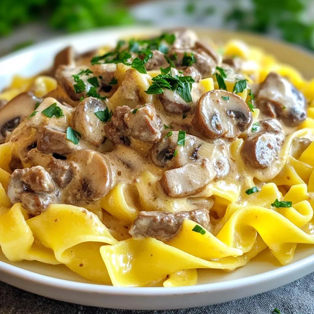 To make a tasty ground beef stroganoff, you need some key items: - 1 pound ground beef - 1 medium onion, finely chopped - 3 cloves garlic, minced - 8 ounces mushrooms, sliced - 1 tablespoon Worcestershire sauce - 1 cup beef broth - 1 cup sour cream - 2 tablespoons all-purpose flour - 1 teaspoon paprika - Salt and pepper to taste - 2 tablespoons olive oil - 8 ounces egg noodles For more flavor, consider adding these: - Fresh parsley, chopped (for garnish) - A splash of white wine for depth - A dash of hot sauce for a kick - Chopped bell peppers for sweetness You can swap some ingredients if needed: - Use turkey or chicken instead of ground beef for a lighter dish. - Replace sour cream with Greek yogurt for a healthier option. - Use vegetable broth instead of beef broth for a veggie-friendly meal. - If you're out of egg noodles, any pasta will work just fine. These ingredients help you create a rich and creamy dish that feels like a warm hug! Enjoy cooking! {{ingredient_image_1}} 1. Start with a large skillet. Heat 2 tablespoons of olive oil over medium heat. 2. Add 1 finely chopped onion. Sauté for 3-4 minutes until soft and clear. 3. Next, add 3 minced garlic cloves and 8 ounces of sliced mushrooms. Cook for 5 minutes. 4. Raise the heat to medium-high. Add 1 pound of ground beef. Brown it for 5-7 minutes. 5. Stir and break the beef apart with a wooden spoon. Drain any extra fat. 6. Sprinkle 2 tablespoons of all-purpose flour and 1 teaspoon of paprika over the beef. Mix well. 7. Gradually pour in 1 cup of beef broth and 1 tablespoon of Worcestershire sauce. Stir to avoid lumps. 8. Bring the mixture to a gentle simmer. 9. Lower the heat and stir in 1 cup of sour cream. Mix until creamy and smooth. 10. Season with salt and pepper to your liking. Let it simmer for 5 minutes. 11. While the sauce thickens, cook 8 ounces of egg noodles in boiling salted water. Follow package directions. 12. Drain the noodles when done. 13. Serve the beef stroganoff over the noodles. Add fresh parsley for a nice touch. - Sauté the onions while you gather and prep the other ingredients. - Keep an eye on the garlic and mushrooms. They cook fast! - Once you add the beef, constantly stir to ensure even cooking. - Start boiling water for the noodles while your sauce simmers. This saves time. - Use a wooden spoon to break apart the beef. This helps create texture. - Sauté the onions until they are soft. This adds sweetness to the dish. - Browning the beef well gives a deeper flavor. - Stir in the sour cream off the heat. This keeps it creamy and prevents curdling. - Fresh parsley not only looks good but adds fresh flavor. To make a great stroganoff, start with good quality beef. Use fresh ground beef for the best taste. Sauté the onions until soft. This step brings out their sweet flavor. Add mushrooms next. They should soften and release their juices. Don’t rush this part. It builds flavor. One common mistake is overcooking the beef. Cook it until just browned. If you cook too long, it can become tough. Another mistake is adding sour cream too soon. Always add it at low heat to keep it creamy. Avoid adding too much salt early on. You can adjust the seasoning later. To get a creamy sauce, use full-fat sour cream. It blends better than low-fat options. When adding it, stir gently over low heat. This keeps the sauce smooth. Also, mix in the flour well before adding broth. This helps prevent lumps. If you want it even creamier, add a splash of heavy cream! Pro Tips Use Fresh Ingredients: Fresh mushrooms and onions will enhance the flavor and texture of your stroganoff, making it more aromatic and delicious. Perfectly Cooked Noodles: Avoid overcooking the egg noodles; they should be al dente for the best texture when served with the creamy sauce. Adjust the Creaminess: For a richer flavor, you can substitute some of the sour cream with cream cheese, which will make the sauce even creamier. Garnish for Flavor: Don't skip the fresh parsley garnish; it adds a pop of color and a fresh taste that balances the richness of the dish. {{image_2}} If you don't like mushrooms, no problem! You can skip them entirely. Try adding more onions or bell peppers instead. These add flavor and texture. You can also use cooked spinach for a nice twist. Just toss it in with the beef mixture. Want a meat-free meal? Use plant-based ground beef or lentils. Both options pack a punch in protein. For a creamy sauce, swap sour cream with cashew cream or coconut yogurt. This keeps it rich and smooth. Serve it over your favorite pasta, and you're set. To spice up your stroganoff, think about adding some extra ingredients. A splash of red wine can deepen the flavor. Try adding herbs like thyme or rosemary for a fresh taste. You can also mix in some cooked bacon or sausage for an extra savory bite. Don't forget to experiment! To keep your ground beef stroganoff fresh, store it in an airtight container. Let it cool to room temperature before sealing it. You can keep it in the fridge for up to three days. Make sure to label the container with the date. This way, you can enjoy your stroganoff later without worrying about spoilage. Reheat your stroganoff on the stove or in the microwave. If using the stove, add a splash of beef broth or water to keep it moist. Heat on low, stirring often until warm. In the microwave, use a microwave-safe dish. Cover it with a lid or microwave-safe wrap. Heat it for about 1-2 minutes, stirring halfway through. Make sure it is hot all the way through before serving. You can freeze ground beef stroganoff for up to three months. First, let it cool completely. Then, place it in a freezer-safe container or bag. Remove as much air as possible to prevent freezer burn. When ready to eat, thaw it in the fridge overnight. Reheat it on the stove or microwave, adding a little broth if needed for moisture. Enjoy your stroganoff anytime! Beef Stroganoff comes from Russia. It dates back to the 19th century. The dish was named after a noble family, the Stroganovs. It originally used strips of beef, mushrooms, and sour cream. Over time, many cooks made their own versions. Today, ground beef is common in America. This change makes the dish easier and quicker to prepare. Yes, you can make Beef Stroganoff ahead of time. Cook the dish and let it cool. Store it in an airtight container in the fridge. It stays fresh for about three days. To reheat, use a pot over low heat. Stir gently until warm. You may want to add a bit of broth if it thickens too much. Ground Beef Stroganoff pairs well with several sides. Here are some great options: - Egg noodles - Rice - Mashed potatoes - Steamed vegetables - Crusty bread These sides soak up the creamy sauce well and add flavor. Yes, you can make a low-carb version of Beef Stroganoff. Instead of egg noodles, use cauliflower rice or zucchini noodles. These options have fewer carbs but still taste great. You can also use ground turkey or chicken for a leaner meat choice. Adjust the sauce to keep it creamy and delicious. Making Beef Stroganoff is fun and rewarding. You now know the key ingredients and how to cook them. This dish can be adapted to fit any taste with simple changes. Remember to avoid common mistakes for great results. Store leftovers properly to enjoy later. With the tips and variations provided, you can create the perfect stroganoff every time. Experiment with flavors and enjoy the cooking process. Now, it’s your turn to make this dish your own!