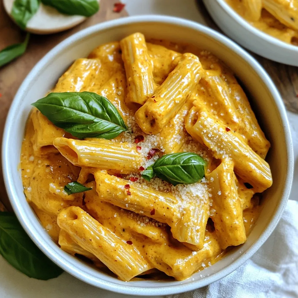 - Whole grain pasta options: I like to use 8 oz of whole grain pasta. Penne or fusilli work well. These types add fiber and nutrients. They also make the dish hearty and filling. - Roasted red peppers: You can choose between jarred or homemade roasted red peppers. Jarred ones are quick and easy. Homemade ones taste fresh and vibrant. I prefer homemade for richer flavor, but both are great! - High-protein additions: I always add 1 cup of cooked chickpeas. They boost protein and keep you full. Greek yogurt is another key ingredient. Using 1/2 cup adds creaminess and more protein. It’s a simple way to make the dish nutritious. - Common spices and seasonings: To enhance flavor, I use 2 cloves of minced garlic and 1 tablespoon of olive oil. A teaspoon of smoked paprika gives a warm, smoky taste. If you like a bit of heat, add 1/2 teaspoon of red pepper flakes. Don’t forget to season with salt and pepper! - Optional garnishes: For a fresh touch, I recommend adding fresh basil leaves. They add color and flavor. You can also sprinkle grated Parmesan or nutritional yeast for a cheesy taste. This makes each bowl look and taste great! {{ingredient_image_1}} To start, you need to bring a large pot of water to a boil. Make sure to add a good amount of salt to the water. This step helps flavor the pasta. Once the water is boiling, add 8 ounces of whole grain pasta. You can use penne or fusilli. Cook the pasta according to the package instructions. To check for al dente texture, taste a piece of pasta a minute before the time is up. It should be firm but not hard. When done, drain the pasta and set it aside. Next, let's make the red pepper sauce. In a blender, combine 1 cup of roasted red peppers, 1 cup of cooked chickpeas, and 1/2 cup of Greek yogurt. Add 2 minced garlic cloves, 1 tablespoon of olive oil, 1 teaspoon of smoked paprika, and, if you like heat, 1/2 teaspoon of red pepper flakes. Blend the mixture until it is smooth and creamy. If the sauce seems thick, you can add a little water to help blend it better. Now, it's time to combine the pasta and sauce. In a large skillet, pour in the sauce and heat it over medium heat for about 5 to 7 minutes. Stir it occasionally to help the flavors come together. Once the sauce is hot, add the cooked pasta to the skillet. Toss the pasta well to coat it evenly in the sauce. If the sauce is too thick, add a splash of the pasta cooking water. This will help thin out the sauce. Season with salt and pepper to taste. Now your Roasted Red Pepper Protein Pasta is ready to serve! - Choosing the best roasted red peppers: Use jarred roasted red peppers for easy access. Look for brands without added sugar or preservatives. If you prefer, roast your own. Just grill or broil fresh peppers until charred, then peel off the skin. - Balancing flavors with spices: Start with smoked paprika for a warm flavor. Add red pepper flakes for a hint of heat. Taste the sauce as you go. Adjust salt and pepper to make it just right. Fresh herbs, like basil, can also brighten the flavor. - Avoiding overcooked pasta: Watch the clock when cooking pasta. Follow the package instructions closely. Check for that perfect al dente bite a minute or two early. Drain immediately to stop the cooking process. - Using leftover pasta efficiently: Store any leftover pasta in an airtight container. Mix it with a little olive oil to prevent sticking. Reheat it in a skillet with a splash of water for the best results. You can also toss it into a salad for a quick meal. Pro Tips Use High-Quality Ingredients: Opt for premium roasted red peppers and whole grain pasta for the best flavor and texture. Customize Heat Levels: Adjust the amount of red pepper flakes based on your heat preference; start with a small pinch and increase if desired. Make Ahead: Prepare the sauce in advance and store it in the refrigerator for up to 3 days for quick meal prep. Experiment with Add-Ins: Feel free to add sautéed vegetables like spinach or zucchini to incorporate more nutrients and flavors. {{image_2}} You can easily switch chickpeas for other legumes. Lentils work great in this dish. They add protein and a nice texture. Black beans or white beans are also good choices. Both bring their own unique flavors. If you like meat, lean chicken or turkey can join the mix. Cooked shrimp adds a nice touch too. For plant-based fans, consider tofu or tempeh. They soak up flavors well and add protein. Spice up your sauce with different herbs or spices. Basil and oregano are classic choices. You can also try thyme or rosemary for a fresh twist. A bit of lemon zest can brighten the flavors too. Adding vegetables to the sauce makes it even healthier. Spinach or kale blend well and boost nutrition. You can also add mushrooms or zucchini for extra texture. Just chop them small and toss them in the blender. This creates a vibrant, colorful sauce that packs a punch. To store leftovers, place the pasta in an airtight container. This keeps it fresh. Make sure to cool the pasta before sealing it. If you add sauce, mix it with the pasta. This stops the pasta from drying out. It will last in the fridge for about 3 to 5 days. Use clear labels to note the date. This helps you keep track of freshness. To reheat pasta, you can use a microwave or a skillet. For the microwave, place the pasta in a bowl and cover it. Heat in short bursts, stirring often. This keeps the pasta moist. If you use a skillet, add a bit of olive oil or water. Heat over medium heat, stirring gently. This helps to keep the sauce smooth. If the sauce gets too thick, add a splash of water or broth. This brings back the creamy texture. Roasted Red Pepper Protein Pasta is a tasty dish made with whole grain pasta and a creamy sauce. The sauce uses roasted red peppers, chickpeas, and Greek yogurt. This dish is healthy and filling. It gives you a good dose of protein and fiber. Whole grain pasta adds complex carbs for energy. You'll love how easy it is to make and how rich it tastes. Yes, you can make this meal ahead. Cook the pasta and prepare the sauce separately. Store them in airtight containers. Keep the pasta and sauce in the fridge for up to three days. When you're ready to eat, just heat them up together. If the sauce is thick, add a splash of pasta water. This keeps it creamy and delicious. This recipe packs a punch of nutrition. Here’s a quick breakdown: - Protein: Chickpeas and Greek yogurt boost protein content. - Fiber: Whole grain pasta and chickpeas help with digestion. - Vitamins: Roasted red peppers are rich in vitamins A and C. - Healthy Fats: Olive oil supports heart health. Overall, this dish is a well-rounded meal that fuels your body and delights your taste buds. This blog post covered how to make a tasty roasted red pepper protein pasta. We explored the key ingredients and their benefits, like whole grain pasta and high-protein options. I shared step-by-step instructions for cooking and combining the ingredients. You learned tips for optimal flavor and texture, along with variations to try. Cooking is fun, and this dish is both healthy and versatile. Experiment with spices and proteins. Enjoy your pasta adventure!