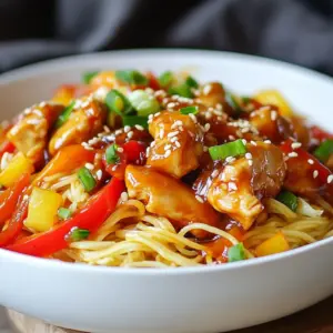 - 2 boneless, skinless chicken breasts, thinly sliced - 200g rice noodles - 4 cloves garlic, minced - 3 tablespoons soy sauce - 2 tablespoons honey - 1 tablespoon sesame oil - 1 tablespoon rice vinegar - 1 teaspoon sriracha (optional for spice) - 1 red bell pepper, sliced - 2 green onions, chopped - Sesame seeds for garnish - Salt and pepper to taste The main ingredients create a tasty mix. The chicken adds protein, while rice noodles make it filling. Garlic gives a strong flavor, and soy sauce adds saltiness. Honey balances the taste with sweetness. You may want to add some extras for fun. Try adding: - Vegetables like broccoli or snap peas - A sprinkle of crushed peanuts for crunch - Fresh herbs like cilantro or basil These optional ingredients can boost flavor and color. They also add texture to the dish. If you can&rsquo;t find something, here are some easy swaps: - Chicken breasts can be replaced with chicken thighs. - Rice noodles can be swapped for egg noodles or whole wheat noodles. - Honey can be replaced with maple syrup for a vegan option. Using substitutes can still give you a great meal. Just remember to adjust the cooking time if needed. {{ingredient_image_1}} To start, bring a large pot of water to a boil. Add the rice noodles and cook them until they are al dente. Check the package for the right time. Once cooked, drain the noodles and set them aside. Make sure they don&rsquo;t stick together. Toss them lightly with a bit of oil if needed. In a small bowl, combine soy sauce, honey, sesame oil, rice vinegar, and sriracha if you like it spicy. Mix well until everything is combined. This sauce will bring all the flavors together. Set it aside for later use. Heat a splash of oil in a large skillet over medium-high heat. Add the thinly sliced chicken breast. Season it with salt and pepper. Cook for about 5-7 minutes until the chicken is browned and fully cooked. Next, add minced garlic and sliced red bell pepper. Saut&eacute; for 2-3 minutes until the garlic smells great and the peppers soften. Now, lower the heat to medium. Add the cooked noodles and your prepared sauce to the skillet. Toss everything together for 2-3 minutes. Make sure the noodles are well coated in the sticky sauce. Once done, remove from heat. Sprinkle chopped green onions and sesame seeds on top. For serving, divide the noodles into bowls and enjoy! When cooking rice noodles, follow these steps for the best results: - Use plenty of water: Fill a large pot with water. This helps the noodles cook evenly. - Boil the water first: Bring the water to a rolling boil before adding the noodles. - Stir gently: Stir the noodles to prevent them from sticking together. - Check for doneness: Taste a noodle to see if it's al dente. This usually takes 4-6 minutes. - Rinse with cold water: After draining, rinse noodles under cold water to stop cooking. This keeps them firm. These steps will make your noodles perfect for the sticky garlic chicken dish. You can boost the flavor of your sticky garlic chicken noodles by adding some extras: - Vegetables: Try adding broccoli, snap peas, or carrots for more color and crunch. - Herbs: Fresh cilantro or basil can add a nice touch. - Nuts: Toasted peanuts or cashews bring a great crunch and nutty flavor. - Lemon or lime juice: A squeeze of citrus can brighten up the dish. These ingredients can take your meal from good to great! If you want more heat in your dish, here&rsquo;s how to adjust the spice levels: - Sriracha: Add more sriracha to the sauce for extra kick. - Chili flakes: Sprinkle crushed red pepper flakes while cooking for a steady heat. - Hot sauce: A dash of your favorite hot sauce can add a nice zing. Start with a small amount of spice and taste as you go. This way, you can find the perfect heat that suits your taste! Pro Tips Slice Chicken Thinly: Thin slices ensure quick and even cooking, allowing the chicken to absorb the flavors of the sauce better. Use Fresh Garlic: Freshly minced garlic adds a more robust flavor compared to pre-minced or jarred alternatives, enhancing the overall taste of the dish. Customize Spice Level: Adjust the amount of sriracha according to your spice preference, or omit it altogether for a milder dish. Garnish Creatively: Experiment with additional garnishes like chopped cilantro or lime wedges to add freshness and contrast to the sticky noodles. {{image_2}} You can easily make a vegetarian version of sticky garlic noodles. Just swap the chicken for tofu or tempeh. Both options soak up flavor well. You can also use a mix of colorful veggies like carrots and broccoli. This gives your dish a fresh look and taste. Keep the sauce the same to enjoy that sticky garlic flavor. If you want more protein, consider adding shrimp or beef. Shrimp cooks fast and adds a nice touch. Just saut&eacute; it for a few minutes until pink. For beef, thin strips work best. You can use flank steak or sirloin. Make sure to adjust cooking times based on the protein you choose. You can change the sauce to create different flavors. Try adding peanut butter for a creamy twist. You could also use hoisin sauce for a sweeter taste. For a tangy kick, mix in lime juice or fish sauce. Explore these options to find your favorite flavor combination. After enjoying your sticky garlic chicken noodles, store leftovers in an airtight container. This keeps the flavor fresh. Let the dish cool to room temperature before sealing it. You can keep it in the fridge for up to three days. If you want to keep it longer, consider freezing it. To reheat, you can use the microwave or the stove. If using the microwave, place the noodles in a bowl. Add a splash of water to help steam the noodles. Heat in short bursts, stirring in between. On the stove, warm the noodles in a pan over low heat. Stir often to prevent sticking. This helps keep the noodles tasty and moist. To freeze your sticky garlic chicken noodles, portion them into smaller containers. This makes it easy to thaw just what you need. Make sure to label each container with the date. When ready to eat, thaw in the fridge overnight. Reheat as mentioned above. Enjoy your flavorful meal later! Yes, you can use whole wheat noodles. They add a nutty flavor and extra fiber. Just cook them according to the package instructions. Whole wheat noodles may take a bit longer to cook. Adjust your timing to ensure they are tender. To add more heat, use more sriracha. You can also add red pepper flakes. Start with a little and taste as you go. If you want a different flavor, try fresh chili peppers or chili paste. They can bring a unique kick to your dish. Yes, you can prep many parts ahead. Cook the noodles and chicken in advance. Store them separately in airtight containers. Mix them together when you are ready to eat. This keeps the noodles from getting mushy. You can also store the sauce in advance. Just remember to give everything a good toss before serving. In this article, I covered how to make sticky garlic chicken noodles. We explored the key ingredients, preparation steps, and useful tips. Variations for different diets and storage methods were also highlighted. Embrace your creativity in the kitchen. Enjoy trying new flavors and combinations. Simple steps make delicious meals. Now, go ahead and make this dish your own!