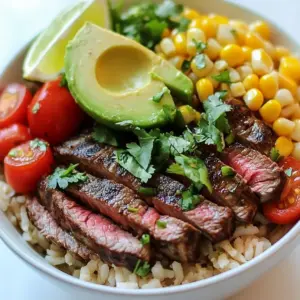 To make cilantro lime steak bowls, you need these key ingredients: - 1 lb flank steak - 1 cup cooked brown rice - 1 cup cherry tomatoes, halved - 1 avocado, sliced - 1 cup corn (fresh or canned) - &frac12; cup fresh cilantro, chopped - Lime wedges for serving The marinade gives the steak a great taste. Use these ingredients: - 2 tablespoons olive oil - 3 cloves garlic, minced - Juice and zest of 2 limes - 1 tablespoon honey - 1 teaspoon chili powder - 1 teaspoon cumin - 1 teaspoon salt - &frac12; teaspoon black pepper You can add some fun toppings to make your bowls better: - Extra cilantro for garnish - More lime wedges for squeezing - Spicy sauce for heat - Sour cream for creaminess These ingredients make your cilantro lime steak bowls tasty and colorful. Enjoy the fresh flavors and bright colors in each bite! {{ingredient_image_1}} To make the marinade, grab a small bowl. Whisk together 2 tablespoons of olive oil, 3 minced garlic cloves, juice and zest of 2 limes, and 1 tablespoon of honey. Then, add in 1 teaspoon of chili powder, 1 teaspoon of cumin, 1 teaspoon of salt, and &frac12; teaspoon of black pepper. Mix it well until it's smooth and well-combined. This mix adds a bright flavor to the steak. Next, take 1 pound of flank steak and place it in a shallow dish or a ziplock bag. Pour the marinade over the steak, making sure it's fully covered. Seal the bag or cover the dish. Let it marinate in the fridge for at least 30 minutes. For more flavor, let it sit for up to 2 hours. This step is key for juicy, tasty steak. Once marinated, preheat your grill or grill pan over medium-high heat. Remove the steak from the marinade and discard the leftover marinade. Place the steak on the hot grill. Grill each side for about 4-5 minutes for medium-rare. Cook longer if you want it more done. After grilling, let the steak rest for 5 minutes. This helps keep it juicy. Slice the steak thinly against the grain for the best texture. Now it&rsquo;s time to build your bowls. Start with 1 cup of cooked brown rice in each bowl. Top it with the sliced steak, then add 1 cup of halved cherry tomatoes, 1 sliced avocado, and 1 cup of corn. Finish each bowl with &frac12; cup of chopped fresh cilantro. Squeeze a lime wedge over the top to add a zesty kick. Enjoy your colorful and tasty cilantro lime steak bowls! To make the best marinade, mix the right ingredients. Use fresh lime juice and zest for bright flavor. Combine olive oil, minced garlic, honey, chili powder, cumin, salt, and pepper. Whisk them together until smooth. This blend adds depth to the steak. For a stronger taste, marinate for two hours. If you're short on time, thirty minutes will still work. Grilling the steak offers the best flavor. Preheat your grill or grill pan to medium-high heat. This helps to get those nice grill marks. Remove the steak from the marinade before cooking. Grill it for 4-5 minutes on each side for medium-rare. Always let the steak rest for five minutes afterward. This helps the juices stay inside, making each bite tender and juicy. Serving your steak bowls well makes them look appealing. Use colorful bowls to highlight the vibrant toppings. Start with a base of brown rice. Add sliced steak on top, then layer cherry tomatoes, avocado, and corn. Finish each bowl with fresh cilantro. Squeeze a lime wedge over the top for extra flavor. This not only enhances taste but also adds a fresh look. Pro Tips Marinate Longer for More Flavor: For the most intense flavor, marinate the flank steak for at least 2 hours, or even overnight if time allows. Rest the Steak: Allowing the steak to rest for 5-10 minutes after grilling helps the juices redistribute, resulting in a more tender bite. Customize Your Toppings: Feel free to add other toppings like black beans, chopped bell peppers, or jalape&ntilde;os for extra flavor and texture. Use Fresh Ingredients: Fresh lime juice and cilantro really enhance the dish, so choose high-quality, fresh produce for the best results. {{image_2}} You can switch out the flank steak for other proteins. Chicken works great here. Use boneless chicken thighs or breasts. Marinate them the same way as steak. You can also use tofu for a plant-based option. Press the tofu to remove extra water. Then, cut it into cubes and marinate. Grill it until golden brown for a tasty bite. While brown rice is delicious, you can try different grains. Quinoa is a wonderful choice. It's packed with protein and has a nice texture. Cauliflower rice is another great option. It&rsquo;s low in carbs and adds a light touch. Just saut&eacute; it lightly with salt and pepper before serving. Add seasonal veggies for extra flavor and nutrition. Bell peppers, zucchini, or asparagus work well. Grill or roast them with olive oil and salt. You can also add fresh corn during summer for sweetness. In the fall, consider adding roasted butternut squash for a hearty touch. Feel free to mix and match to create your perfect bowl! After enjoying your cilantro lime steak bowls, store any leftovers in an airtight container. This keeps the flavors fresh. I recommend using glass containers as they do not absorb odors. Place the steak, rice, and toppings in separate containers. This way, your ingredients stay fresh and tasty. To reheat your steak bowls, use the microwave or stovetop. If using a microwave, heat the rice and steak together. Place a damp paper towel over the bowl. This keeps the moisture in. Heat in 30-second bursts until warm, stirring occasionally. On the stovetop, warm the rice and steak in a pan over low heat. Add a splash of water or broth to keep it moist. If you want to freeze your steak bowls, pack the components separately. The steak can freeze well for up to three months. Wrap it tightly in plastic wrap or foil. Rice can also be frozen in a freezer-safe bag. When you're ready to eat, thaw in the fridge overnight. Reheat as mentioned above for the best texture. To make cilantro lime steak bowls, start with marinating the flank steak. Mix olive oil, minced garlic, lime juice, honey, chili powder, cumin, salt, and pepper in a bowl. Pour this marinade over the steak. Let it sit for at least 30 minutes. Then, grill the steak for about 4-5 minutes on each side. After grilling, slice the steak thinly. Serve the steak over cooked brown rice and add cherry tomatoes, avocado, and corn. Top with chopped cilantro and lime wedges. The best steak for this recipe is flank steak. It has great flavor and tenderness when cooked correctly. You could also use skirt steak if you prefer. Both cuts absorb the marinade well and grill nicely. Yes, you can make this dish ahead. You can marinate the steak the night before. Just store it in the fridge. You can also cook the rice and chop the veggies early. Assemble the bowls when you're ready to serve for the best taste. To adjust the spice level, you can change the amount of chili powder. For less heat, use half a teaspoon. For more heat, add extra chili powder or a pinch of cayenne. You can also add sliced jalape&ntilde;os for an extra kick if you like. A good side dish for steak bowls is a simple green salad. You can include mixed greens, cucumbers, and a light vinaigrette. Another option is grilled vegetables, like zucchini or bell peppers. These sides complement the flavors of the steak and add freshness to your meal. Cilantro lime steak bowls are easy to make and delicious. We covered key ingredients, step-by-step instructions, and tips to help you succeed. Try different proteins and grains for variety. Proper storage keeps leftovers fresh for days. With this guide, you can create a tasty meal, impressing friends and family. Enjoy making and sharing these bowls. Simple steps lead to great flavors!