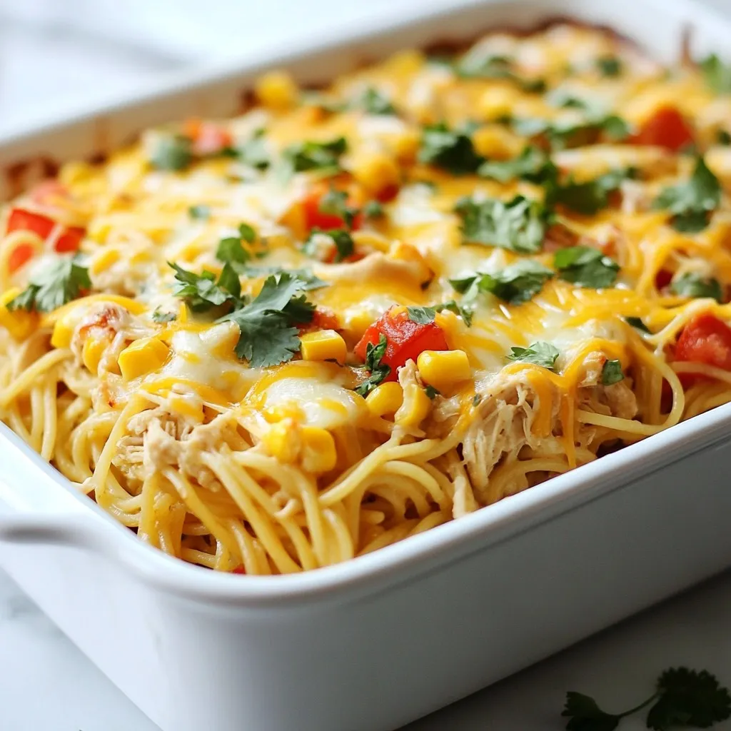 To make Spicy Southern Chicken Spaghetti Casserole, gather these ingredients: - 2 cups cooked spaghetti - 1 lb shredded cooked chicken - 1 can (14.5 oz) diced tomatoes with green chilies - 1 cup shredded cheddar cheese - 1 cup diced bell peppers (red and green) - 1 cup corn (frozen or fresh) - 1 small onion, diced - 2 cloves garlic, minced - 1 teaspoon smoked paprika - 1 teaspoon cayenne pepper (adjust for spice level) - 1 teaspoon dried oregano - 1 teaspoon salt - 1/2 teaspoon black pepper - 1/2 cup chicken broth - 1/2 cup sour cream - 1/4 cup chopped fresh cilantro (for garnish, optional) You can swap some ingredients based on what you have. For the chicken, use turkey or a plant-based option. If you want less spice, skip the cayenne pepper. You can also use cream cheese instead of sour cream for a richer taste. If you don't have bell peppers, zucchini or mushrooms work well too. When you pick vegetables, look for bright colors and firm textures. For bell peppers, choose ones that feel heavy for their size. For tomatoes, pick ones that smell sweet. Fresh corn should have shiny, green husks. If you buy chicken, make sure it feels cold and smells fresh. These tips help you get the best flavors for your casserole. {{ingredient_image_1}} First, gather all your ingredients. You want everything ready. Preheat your oven to 350°F (175°C). This helps the casserole bake evenly. In a large skillet, heat some olive oil over medium heat. Add the diced onion and bell peppers. Sauté them until soft, about five minutes. Then, add minced garlic and cook for one more minute. This step builds great flavor. In a big mixing bowl, combine the sautéed veggies with shredded chicken. Then, mix in the cooked spaghetti, corn, and diced tomatoes. Pour in the chicken broth and sour cream. Add the spices: smoked paprika, cayenne pepper, oregano, salt, and black pepper. Stir everything until it’s well mixed. Next, transfer the mixture into a greased 9x13 inch baking dish. Spread it out evenly. Now, sprinkle the shredded cheddar cheese on top. Cover the dish with aluminum foil. Bake in your preheated oven for 25 minutes. After 25 minutes, remove the foil. Bake it for another 10 to 15 minutes. You want the cheese to be bubbly and golden brown. This makes the casserole look inviting and delicious. Once it's done, let the casserole cool for a few minutes. This helps the flavors settle. You can serve it hot right from the baking dish. For a nice touch, garnish with chopped fresh cilantro. This adds color and freshness. Pair your casserole with a side salad or garlic bread for a full meal. Enjoy your Spicy Southern Chicken Spaghetti Casserole! To make your Spicy Southern Chicken Spaghetti Casserole shine, focus on fresh herbs. I love adding fresh cilantro just before serving. It gives a bright taste. You can also try using fresh basil or parsley. These herbs bring a new dimension to the dish. Smoked paprika is a must! It adds a deep flavor that pairs well with chicken. If you want to boost the taste, consider adding a bit of lemon juice for acidity. This small touch can make a big difference. Not everyone enjoys the same heat. If you want a milder dish, cut back on the cayenne pepper. Start with just a pinch and taste as you mix. You can always add more if you like it spicy. For those who love the heat, consider adding sliced jalapeños or a dash of hot sauce. Remember, balance is key. You want the spice to enhance, not overpower, the other flavors. Using cooked chicken makes this recipe quick and easy. If you can, roast or grill your chicken for extra flavor. Shredding the chicken allows it to mix well with the other ingredients. If you’re using raw chicken, cook it fully before adding it to the casserole. Ensure it’s juicy and tender. You can poach or bake it for the best results. Always let your chicken rest before shredding. This keeps it moist and flavorful. Pro Tips Adjust the Spice Level: If you prefer a milder dish, reduce the cayenne pepper or omit it entirely. You can also balance the heat with a dollop of sour cream when serving. Make It Ahead: This casserole can be assembled a day in advance. Simply cover it and store it in the refrigerator until you're ready to bake it. Add a few extra minutes to the baking time if baking from cold. Cheese Variations: Experiment with different types of cheese such as pepper jack for added flavor or Monterey Jack for a creamier texture. Mixing cheeses can also enhance the dish. Add More Veggies: Feel free to boost the nutritional value by adding other vegetables like zucchini, mushrooms, or spinach. Just sauté them along with the onion and peppers for a delicious twist. {{image_2}} You can easily make this dish vegetarian or vegan. For a vegetarian version, swap the chicken for 1 pound of cooked lentils or chickpeas. These options add protein and a hearty texture. To make it vegan, replace sour cream with a plant-based alternative, like cashew cream or coconut yogurt. Use vegetable broth instead of chicken broth to keep it rich and flavorful. Feel free to play with spices to change the flavor. Instead of smoked paprika, try regular paprika or chili powder for a different taste. You can also add cumin for a warm, earthy flavor. Adjust the cayenne pepper based on your spice preference. If you like a bit of sweetness, consider adding a pinch of sugar or some diced jalapeños for a kick. Boost the nutrition by adding more veggies. Consider mixing in zucchini, mushrooms, or spinach. These add color and texture while keeping the dish healthy. You can also use roasted vegetables for an added depth of flavor. Just remember to sauté them first so they blend well into the casserole. To keep your Spicy Southern Chicken Spaghetti Casserole fresh, store it in an airtight container. This helps to lock in flavor and moisture. Let the casserole cool down before sealing it. If you have leftovers, make sure to refrigerate them within two hours of cooking. You can reheat the casserole in the oven or microwave. For the oven, preheat to 350°F (175°C). Cover the dish with foil to keep it moist. Heat for about 20 minutes or until hot. In the microwave, heat in 1-minute intervals, stirring in between. If you want to freeze the casserole, wrap it tightly in plastic wrap and foil. It can stay in the freezer for up to three months. In the fridge, your casserole will last for about 3 to 4 days. If you freeze it, make sure to label it with the date. When stored properly, it will taste best when used within 3 months. Always check for signs of spoilage, like changes in color or smell, before eating. Yes, you can use leftover chicken! It adds great flavor and saves time. Just shred the chicken and mix it in with the other ingredients. This is a perfect way to use up any rotisserie chicken or extra grilled chicken you have on hand. Remember, the more flavor in your chicken, the better your casserole will taste! To make this dish gluten-free, swap the spaghetti for gluten-free pasta. There are many great options available now. Look for varieties made from rice, quinoa, or corn. Always check the labels to ensure they are certified gluten-free. This way, everyone can enjoy the spicy goodness of this casserole! This casserole is filling on its own. But some sides complement it nicely. A simple green salad brings freshness to the meal. Garlic bread adds a nice crunch and flavor. You could also serve it with some steamed veggies. These sides balance the flavors and textures. Yes, you can make this casserole ahead of time! Prepare it and store it in the fridge. Just cover it tightly with foil or plastic wrap. You can bake it the next day. If you want to freeze it, do that before baking. Thaw it overnight in the fridge before cooking. This makes meal prep easy and convenient! This blog post covered all key ingredients and steps to create a tasty dish. We also explored flavor tips, variations, and storage methods. You now have the tools to adapt this recipe to your taste. Cooking is fun and creative! Don’t hesitate to try new ingredients or spices. Make it your own and share it with friends. Enjoy cooking and the delightful meal you'll create!