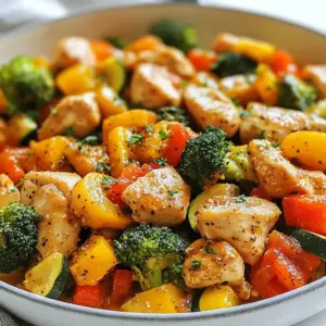- 2 boneless, skinless chicken breasts, diced - 1 red bell pepper, sliced - 1 yellow bell pepper, sliced - 1 zucchini, diced - 1 cup broccoli florets - 1 tablespoon olive oil - 2 cloves garlic, minced The chicken is the star of this dish. You want it tender and juicy. I use boneless, skinless chicken breasts for a healthy option. The fresh veggies add color and nutrition. Bell peppers, zucchini, and broccoli are my favorites. They cook well and taste great together. - 1 teaspoon dried oregano - 1 teaspoon paprika - Salt and pepper to taste - 1 cup low-sodium chicken broth Seasoning is key for flavor. I use dried oregano and paprika. These spices give the dish a nice taste. Salt and pepper help to enhance all the flavors. The low-sodium chicken broth adds moisture and depth without too much salt. - Fresh parsley, chopped (for garnish) - Optional olive oil for drizzling Fresh parsley adds a pop of color. It also brightens the dish. You can drizzle a bit of olive oil on top before serving. It makes the meal look fancy. Plus, it adds a little extra richness. {{ingredient_image_1}} Heat your olive oil in a large skillet. Use medium heat for best results. This keeps the oil from smoking and helps cook the chicken evenly. Add diced chicken breasts to the hot skillet. Season them with salt, pepper, oregano, and paprika. Cook for about 5-7 minutes. Stir occasionally. You know the chicken is done when it turns golden brown and no longer looks pink inside. Now it's time for the veggies! First, add minced garlic to the skillet. Cook it for 1-2 minutes until it smells great. Next, add sliced red and yellow bell peppers, diced zucchini, and broccoli florets. Saut&eacute; these for about 5-6 minutes. This way, they will be tender-crisp, which means they stay a bit firm but not raw. Pour in the chicken broth and bring it to a simmer. Let it cook for another 3-4 minutes. This allows the broth to reduce a bit and the flavors to mix. Taste your dish and adjust the seasoning if you need to. Alternatives for chicken If you're not a fan of chicken, use turkey or firm tofu. These options work well and add their own flavor. Other vegetables to consider You can swap in carrots, spinach, or green beans. Each adds a unique taste and texture to your skillet. How to achieve the perfect chicken texture Cut chicken into small, even pieces. This helps it cook evenly. Cook until it&rsquo;s golden and no longer pink inside. Tips for saut&eacute;ing vegetables Add veggies in stages based on cook time. Start with the bell peppers, add zucchini next, and finish with broccoli. This keeps everything crisp. Making it gluten-free Check your chicken broth label to ensure it&rsquo;s gluten-free. Most brands are, but it&rsquo;s good to confirm. Low-calorie adjustments Use less oil or substitute with a cooking spray. You can also reduce the amount of chicken and add more veggies for a lighter meal. Pro Tips Marinate the Chicken: For enhanced flavor, marinate the chicken in olive oil, garlic, and herbs for at least 30 minutes before cooking. Use Fresh Veggies: Opt for fresh, seasonal vegetables to maximize flavor and nutritional value in your dish. Adjust the Spice Level: Feel free to add a pinch of red pepper flakes for a little heat, or keep it mild depending on your preference. Leftover Storage: Store leftovers in an airtight container in the fridge for up to 3 days, making it perfect for meal prep. {{image_2}} You can switch up the protein in this dish. Try beef for a heartier meal. Use diced shrimp for a quick cook time and great taste. Tofu is a great choice for a plant-based option. Just make sure to press it first to remove excess moisture. Herbs and spices can really change the flavor. Add fresh basil or thyme for a twist. You can also mix in sauces like soy sauce or teriyaki for an Asian flair. A splash of lemon juice adds brightness too! Pair this skillet with brown rice or quinoa for a full meal. A side salad can add freshness and crunch. If you want to meal prep, divide it into containers for easy lunches. This dish keeps well in the fridge and warms up nicely. To store leftovers, let the dish cool first. Then, place it in an airtight container. This keeps the chicken and veggies fresh. They will stay good in the fridge for about 3 to 4 days. If you want to enjoy it later, make sure to label your container with the date. For reheating, use the stovetop for best results. Simply place the skillet over low heat. Stir occasionally so everything heats evenly. You can also use the microwave. If you do, heat in short bursts, stirring in between. This helps maintain the texture and flavor of the dish. This dish is great for freezing. To freeze, cool it completely first. Then, transfer it to a freezer-safe container. Make sure to remove as much air as possible. This will prevent freezer burn. When you're ready to eat, thaw it overnight in the fridge. Reheat on the stovetop or in the microwave. Enjoy your healthy chicken and veggie skillet even later! Yes, you can use frozen vegetables in this dish. Just remember that frozen veggies cook faster than fresh ones. You may need to lower the cooking time by a few minutes. The texture might be softer, but they still taste great. I suggest adding them after the chicken is cooked. This way, they heat through without losing too much crunch. For this skillet, boneless, skinless chicken breasts work best. They cook quickly and stay juicy. You can also use thighs if you prefer darker meat. Thighs have more flavor but take a bit longer to cook. Just ensure they reach an internal temperature of 165&deg;F for safety. To add heat, try these options: - Red pepper flakes: Start with a pinch and adjust to taste. - Hot sauce: A few drops can spice it up quickly. - Jalape&ntilde;os: Fresh or pickled, they add a nice kick. I suggest tasting as you go. This helps you find the right spice level for you. This dish combines simple ingredients like chicken, fresh veggies, and spices. We explored cooking methods to achieve great flavor and texture. Remember, you can switch out proteins and veggies to suit your tastes. Always take note of storage tips to keep your meals fresh. Try these techniques and make this dish your own. You&rsquo;ll enjoy tasty results each time. Cooking can be fun and satisfying, so dive in!