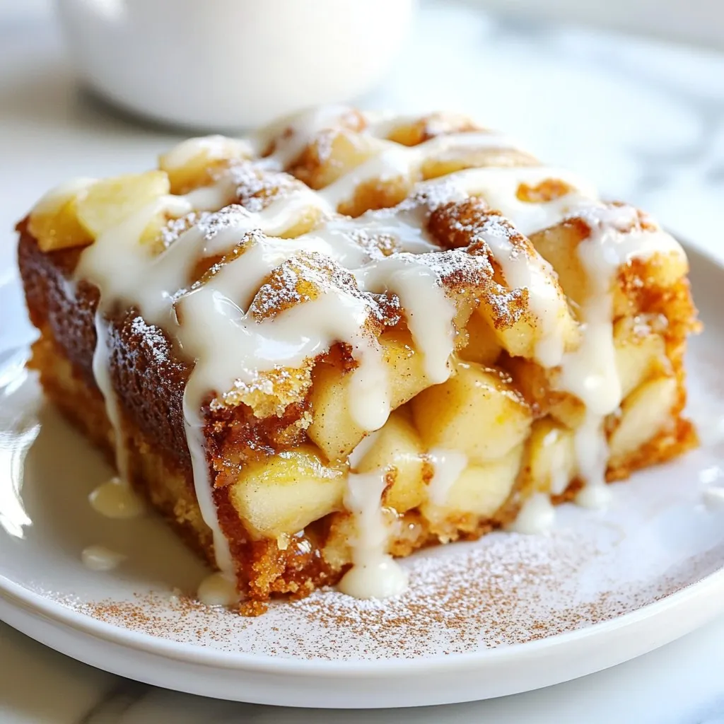 - Apples - You need 2 medium apples. Peel, core, and dice them. This adds moisture and sweetness. - Dry Ingredients - Use 2 cups of all-purpose flour. - Add 1 teaspoon of baking powder. - Include 1 teaspoon of baking soda. - Mix in 1 teaspoon of ground cinnamon. - Don’t forget ½ teaspoon of salt. - Combine these to give the cake body and flavor. - Wet Ingredients - Start with ½ cup of softened unsalted butter. - Use 1 cup of granulated sugar. - Include ½ cup of brown sugar, packed. - Add 2 large eggs. - Pour in 1 teaspoon of vanilla extract. - Finally, use ½ cup of buttermilk. - These ingredients create a rich and moist cake. Gather these items before you start. It makes cooking easier and more fun. {{ingredient_image_1}} 1. Preheat your oven to 350°F (175°C). Grease a 9-inch round cake pan. Line the bottom with parchment paper to prevent sticking. 2. In a medium bowl, take 2 diced apples. Add 1 tablespoon of granulated sugar and a sprinkle of cinnamon. Toss them well and set aside. 3. In a large mixing bowl, whisk together 2 cups of flour, 1 teaspoon of baking powder, 1 teaspoon of baking soda, 1 teaspoon of cinnamon, and ½ teaspoon of salt. 1. In another bowl, cream together ½ cup of softened butter, 1 cup of granulated sugar, and ½ cup of brown sugar until it is light and fluffy. 2. Beat in 2 large eggs, one at a time. Add 1 teaspoon of vanilla extract and mix until it is fully combined. 3. Gradually mix in the dry ingredients, alternating with ½ cup of buttermilk. Start and end with the dry mix. Stir until just combined. 1. Gently fold in the prepared apple mixture into the batter, making sure they are evenly distributed. 2. Pour the batter into the prepared cake pan. Smooth the top with a spatula. 3. Bake in the preheated oven for 35-40 minutes. Check if a toothpick inserted in the center comes out clean. 4. Let the cake cool in the pan for about 10 minutes. Then, carefully transfer it to a wire rack to cool completely before glazing. - Ensuring a moist cake: Use fresh apples for moisture. Diced apples add flavor and juiciness. Buttermilk also keeps the cake tender. - Testing for doneness: Insert a toothpick into the center of the cake. If it comes out clean, the cake is ready. If it has wet batter, bake a few more minutes. - Avoiding overmixing: When you mix the batter, do it gently. Stir just until you see no dry flour. Overmixing makes the cake tough. - How to achieve the perfect glaze consistency: Combine powdered sugar and milk. Whisk until smooth and drizzling. If it’s too thick, add more milk. If it’s too thin, add more sugar. - Adding flavor variations to the glaze: Mix in vanilla or almond extract for extra taste. You can also add a pinch of cinnamon for depth. - Optional cinnamon dusting: After glazing, sprinkle extra cinnamon on top. This adds a nice touch and boosts flavor. Pro Tips Choose the Right Apples: For the best flavor, opt for a mix of sweet and tart apples such as Granny Smith and Honeycrisp. Don’t Overmix: When combining the wet and dry ingredients, mix until just combined to keep the cake tender and fluffy. Cool Completely Before Glazing: Ensure the cake is fully cooled to prevent the glaze from melting and running off. Storage Tips: Store leftover cake in an airtight container at room temperature for up to 3 days or in the fridge for up to a week. {{image_2}} - Adding nuts for crunch: I love to add chopped walnuts or pecans. They give the cake a nice crunch. Just fold in about ½ cup of your chosen nuts with the apples. This adds texture and flavor. - Incorporating spices like nutmeg: Nutmeg gives a warm flavor. Try adding ¼ teaspoon to the dry mix. It pairs beautifully with cinnamon and enhances the apple taste. - Swapping out apples for other fruits: You can switch apples for pears or peaches. Just remember to adjust the sugar if the fruit is sweeter. This makes the cake unique each time you bake it. - Layered cake options: For a show-stopping look, bake the batter in two round pans. Once cooled, stack the layers with glaze between them. This makes it more festive for special occasions. - Serving suggestions and accompaniments: Serve slices warm with a scoop of vanilla ice cream. The creaminess complements the cake's sweetness perfectly. You can also add whipped cream for a simple touch. - Decorative icing ideas: Get creative with the glaze. Instead of a plain drizzle, use a piping bag to create fun patterns on top. You can even add sprinkles for a fun finish that kids will love. To keep your Glazed Apple Fritter Cake fresh, store it at room temperature. Use a cake dome or wrap it in plastic wrap. This helps keep moisture in. If you want to save some for later, you can refrigerate it. Just note that refrigeration can dry it out. For longer storage, freeze the cake. Wrap it tightly in plastic wrap and then foil. This way, it can last up to three months. When stored correctly, the cake stays fresh for about 3 to 4 days at room temperature. In the fridge, it lasts for about a week. If frozen, let it thaw in the fridge before serving. To reheat slices, the best way is to use a microwave. Heat each slice for about 10 to 15 seconds. You can also use an oven. Preheat it to 350°F (175°C) and warm the slices for about 5 to 10 minutes. Make sure to cover the cake with foil to keep the glaze intact. This will help avoid drying out the top. Enjoy your warm slice just like fresh! Can I use different types of apples? Yes, you can use any apple variety. Sweet apples like Fuji or Gala work well. Tart apples, like Granny Smith, add a nice contrast. Each type changes the flavor a bit. Is there a gluten-free option available? Yes, you can swap all-purpose flour for a gluten-free blend. Just make sure it has xanthan gum. This keeps the cake’s texture light and fluffy. How to make the cake ahead of time? You can bake the cake a day before. Store it in an airtight container at room temperature. Glaze it just before serving to keep it fresh. What to do if the cake is too dry? If your cake is dry, try adding more buttermilk or apple chunks next time. You can also cover it with plastic wrap to help retain moisture. How to fix a broken glaze? If your glaze breaks, add a bit of milk to smooth it out. Whisk until it returns to a drizzling consistency. If too thin, add more powdered sugar. Why is my cake dense? A dense cake can happen from overmixing. Mix just until combined. Also, check your baking powder and soda for freshness. Old leavening agents may not work well. This blog post covered how to make a delicious apple cake. We explored the main ingredients and discussed how to prepare, mix, bake, and cool your cake. You learned valuable tips to achieve the perfect glaze and variations to switch things up. I shared storage tips to keep your cake fresh and answered common questions to help you troubleshoot. Now, you have everything you need to bake, enjoy, and impress others with your apple cake. Happy baking!