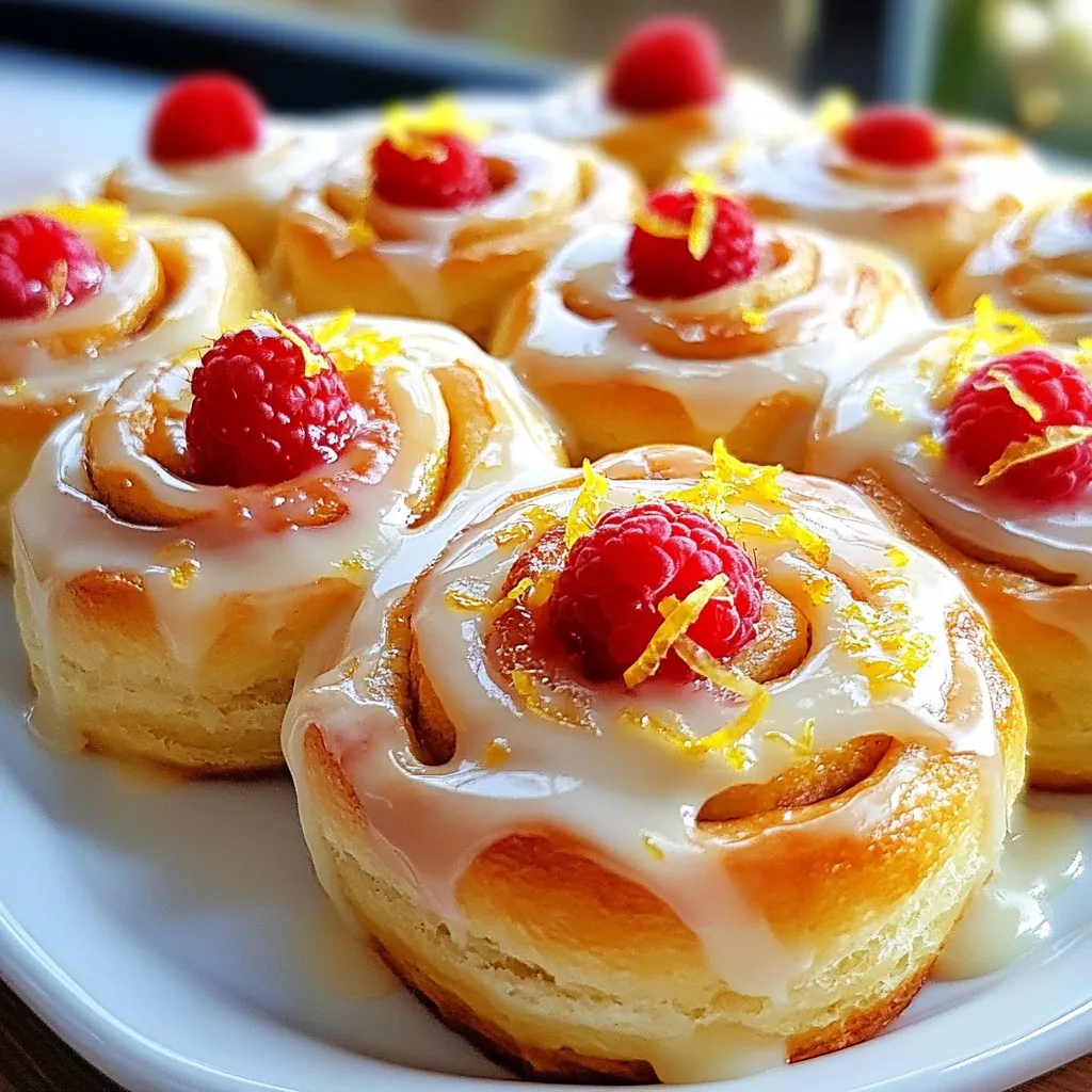 To make these tasty raspberry lemon cinnamon rolls, you will need: - 2 cups all-purpose flour - 1/2 cup sugar, divided - 2 teaspoons baking powder - 1/2 teaspoon salt - 1/4 teaspoon baking soda - 1/2 teaspoon ground cinnamon - 1/4 cup unsalted butter, softened - 3/4 cup milk - 1 large egg - Zest of 1 lemon - 1 cup fresh raspberries (or frozen, thawed) - 1/2 cup powdered sugar - 1-2 tablespoons lemon juice (for glaze) If you want to switch things up, here are some great substitutions: - For all-purpose flour, use whole wheat flour for a nutty flavor. - Coconut sugar can replace regular sugar for a lower glycemic option. - Almond milk or oat milk can work in place of regular milk. - Any berry can substitute for raspberries, like blueberries or strawberries. To make the process smooth, gather these tools: - Large mixing bowl - Whisk for mixing dry ingredients - Rolling pin to roll out the dough - Knife or pizza cutter for slicing the rolls - 9x13 inch baking pan for baking - Small bowl for mixing the glaze These ingredients and tools will help you create delicious raspberry lemon cinnamon rolls! {{ingredient_image_1}} To start, grab a large bowl. Whisk together 2 cups of all-purpose flour, 1/4 cup of sugar, 2 teaspoons of baking powder, 1/2 teaspoon of salt, 1/4 teaspoon of baking soda, and 1/2 teaspoon of ground cinnamon. This mix gives the dough its base flavor. Next, add 1/4 cup of softened butter, 3/4 cup of milk, and 1 large egg. Mix until the dough is soft and well combined. Once mixed, sprinkle some flour onto your counter. Knead the dough lightly for about 2 minutes until smooth. Then, roll the dough into a rectangle about 12 inches by 9 inches. This shape helps with the filling later. Now it’s time for the fun part! Evenly sprinkle the remaining 1/4 cup of sugar over the dough. This adds sweetness and helps with caramelization. Next, add 1 cup of fresh raspberries and the zest of 1 lemon on top. Gently press the raspberries into the dough. This step makes sure they infuse their flavor into the rolls. Starting from one long side, roll the dough tightly into a log. Make sure to pinch the seam to seal it well. After that, cut the log into 12 equal pieces, about 1 inch thick. Place these rolls in a greased 9x13 inch baking pan. Cover the rolls with a clean towel. Let them rise in a warm spot for about 30 minutes, until they double in size. While they rise, preheat your oven to 375°F (190°C). This step is key for achieving that fluffy texture. Once risen, bake the rolls for 20-25 minutes. They should turn golden brown. While the rolls bake, prepare the glaze. In a small bowl, whisk together 1/2 cup of powdered sugar and 1-2 tablespoons of lemon juice. Adjust the glaze until it's smooth and drizzles easily. After baking, let the rolls cool slightly. Drizzle the lemon glaze over the top. This adds a bright finish to your delightful morning treat! To get the best dough, start with the right flour. Use all-purpose flour, which gives a good balance. When mixing, do not overwork the dough. Mix just until it comes together. Knead lightly on a floured surface for about two minutes. This keeps the rolls soft and fluffy. If the dough feels sticky, add a bit more flour. For even baking, make sure your oven is preheated to 375°F (190°C). Place the rolls in the center of the oven. This allows hot air to circulate around them. Keep an eye on them while they bake. They should turn golden brown in about 20-25 minutes. If the tops brown too quickly, cover them loosely with foil. The glaze should be smooth and drizzle easily. Start with 1 tablespoon of lemon juice and mix it with powdered sugar. If it is too thick, add more lemon juice, a little at a time. You want it to flow but not be runny. A good glaze adds a nice touch to your rolls and enhances the flavor. Pro Tips Fresh Ingredients: Use fresh raspberries for the best flavor and texture. If using frozen, ensure they are completely thawed and drained to avoid excess moisture in the dough. Kneading Technique: Knead the dough gently but thoroughly to develop the gluten. This will give your rolls a nice rise and fluffy texture. Heat for Proofing: Find a warm, draft-free place for proofing the rolls. You can preheat your oven to the lowest setting for a few minutes, then turn it off and place the rolls inside to rise. Glaze Adjustment: Adjust the consistency of the glaze by adding more lemon juice or powdered sugar, depending on whether you prefer it thinner or thicker. This will enhance the sweetness and tartness balance. {{image_2}} You can change the flavor of your cinnamon rolls by using different fruits. Instead of raspberries, try blueberries or strawberries. These fruits work well with the lemon zest. They add a fresh twist to the rolls. Feel free to mix and match your favorites. You can also use peaches or cherries for a summer vibe. Remember, the fruit should be fresh or thawed if frozen. This keeps your rolls moist and tasty. Adding nuts can give your rolls a nice crunch. Chopped walnuts or pecans can be great options. Sprinkle them over the dough before you roll it up. You can also try adding a dash of vanilla extract or almond extract to the dough for more depth. Spice lovers can mix in a little nutmeg or cardamom with the cinnamon. These flavors can make your rolls unique and delightful. For a gluten-free version, swap all-purpose flour with a gluten-free blend. Make sure the blend contains xanthan gum for the best texture. To make it vegan, replace the butter with coconut oil and the milk with any plant-based milk. Use a flax egg instead of a regular egg. Just mix one tablespoon of ground flaxseed with three tablespoons of water. Let it sit for a few minutes until it thickens. These changes keep the spirit of the original recipe while making it suitable for different diets. To keep your raspberry lemon cinnamon rolls fresh, place them in an airtight container. If you do not have one, wrap them tightly in plastic wrap. This keeps the rolls soft and tasty. Store them at room temperature for up to 2 days. If you want to keep them longer, refrigerate them for up to a week. Warm your leftover rolls in the microwave. Heat for about 15-20 seconds. Check if they are warm enough. If not, heat them in 10-second bursts. You can also reheat them in the oven. Preheat your oven to 350°F (175°C). Place the rolls on a baking sheet and cover them with foil. Heat for about 10 minutes. This method helps keep the rolls soft. Freezing these rolls is a great way to save them for later. Allow the rolls to cool completely before freezing. Then, wrap each roll in plastic wrap. Place the wrapped rolls in a freezer-safe bag or container. They can last up to 3 months in the freezer. When you want to enjoy them, thaw in the fridge overnight. Reheat as mentioned above for the best taste. Yes, you can use frozen raspberries! Just make sure to thaw them first. Drain any extra juice to keep the dough from getting soggy. Frozen raspberries taste great and save time. They also work well in this recipe. You can prepare the dough a day in advance. After you roll and cut the rolls, place them in the pan. Cover them and store in the fridge overnight. The next morning, let them sit at room temperature for about 30 minutes before baking. This helps them rise well. These rolls pair nicely with a few things. You can serve them with whipped cream for a rich taste. Fresh fruit, like more raspberries or sliced strawberries, adds color and flavor. A cup of coffee or tea also makes a great match. Enjoy your morning treat with these fun options! In this article, we've covered everything you need for delicious raspberry lemon cinnamon rolls. We discussed key ingredients, substitutions, and the best tools. I provided clear steps for preparing, baking, and glazing your rolls. You learned tips for perfecting dough texture and even baking. We explored fun variations and how to store leftovers. Now, it’s time to get baking! Enjoy these rolls fresh or saved for later. Happy cooking!