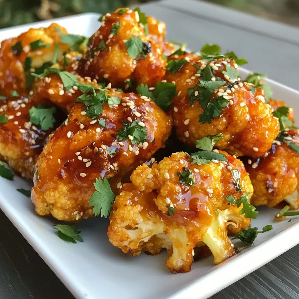 To make these tasty wings, you need a few key ingredients: - 1 large head cauliflower, cut into bite-sized florets - 1 cup all-purpose flour (you can use chickpea flour for gluten-free) - 1 cup water - 1 teaspoon garlic powder - 1 teaspoon onion powder - 1/2 teaspoon paprika - 1/2 teaspoon salt - 1/4 teaspoon black pepper - 1/2 cup honey - 1/3 cup Sriracha sauce - 2 tablespoons olive oil - Fresh cilantro, chopped (for garnish) - Sesame seeds (for garnish) You can switch some ingredients if you need to: - For a gluten-free option, use chickpea flour instead of all-purpose flour. - If you want a vegan dish, replace honey with maple syrup for sweetness. - Use coconut flour or almond flour for a different taste and texture. Seasonings bring flavor to your wings: - Garlic powder adds a nice kick. - Onion powder gives depth to the dish. - Paprika adds a hint of smokiness and color. - Fresh cilantro brightens the dish and adds freshness. - Sesame seeds add a crunchy finish on top. These ingredients make your Air Fryer Honey Sriracha Cauliflower Wings both delicious and fun! {{ingredient_image_1}} First, rinse the cauliflower under cold water. Cut the large head into bite-sized florets. Make sure they are all the same size. This helps them cook evenly. Set the florets aside on a clean towel to dry. In a mixing bowl, combine 1 cup of all-purpose flour with 1 cup of water. Add 1 teaspoon of garlic powder, 1 teaspoon of onion powder, 1/2 teaspoon of paprika, 1/2 teaspoon of salt, and 1/4 teaspoon of black pepper. Whisk until the batter is smooth. It should be thick enough to coat the cauliflower well. Preheat your air fryer to 375°F (190°C). Dip each cauliflower floret into the batter. Make sure each piece is completely covered. Allow excess batter to drip off. Place the battered florets in the air fryer basket in a single layer. Cook for 15 minutes. Shake the basket halfway through to ensure even cooking. While the cauliflower cooks, make the sauce. In a small saucepan, mix 1/2 cup of honey, 1/3 cup of Sriracha, and 2 tablespoons of olive oil. Heat it over low heat while stirring. Once it’s well mixed and warm, take it off the heat. After 15 minutes, take the cauliflower wings out of the air fryer. Drizzle the honey Sriracha sauce over them. Toss gently to coat all the wings. Return the coated wings to the air fryer for another 5 minutes. This helps them become crispy and caramelized. Carefully take the wings out of the air fryer. Place them on a serving plate. Garnish with fresh cilantro and sesame seeds. For added flair, drizzle some extra honey Sriracha sauce on top. Serve with toothpicks for easy eating. Enjoy your tasty treat! To get those wings nice and crispy, use a thick batter. This helps the batter cling well to the cauliflower. Make sure to shake off extra batter before air frying. Spread the florets in a single layer in the air fryer basket. This allows hot air to circulate around them. Cook at 375°F for 15 minutes, and shake the basket halfway through. For an extra crunch, air fry for an additional 5 minutes after glazing. You can easily change the heat of your wings. If you want milder wings, use less Sriracha. Mix the sauce with a bit more honey to balance the heat. For more spice, add a pinch of cayenne pepper or red pepper flakes into the batter. Taste your sauce before coating the cauliflower to find your perfect heat level. Cooking time and temperature matter for a good result. Preheat your air fryer to 375°F (190°C) before cooking. Cook for 15 minutes, then check for doneness. If you like them extra crispy, add 5 more minutes. Every air fryer is different, so keep an eye on them. Adjust the time as needed for your specific model. Pro Tips Use Fresh Cauliflower: Fresh cauliflower has a better texture and flavor than frozen. Look for firm, tightly packed florets for the best results. Adjust Spice Level: If you prefer a milder taste, reduce the amount of Sriracha in the glaze or mix it with a little ketchup for sweetness. Keep It Crispy: Make sure not to overcrowd the air fryer basket. This allows hot air to circulate around each floret, ensuring they become crispy. Experiment with Flavors: For a unique twist, try adding different spices to the batter, such as cumin or smoked paprika, to enhance the flavor profile. {{image_2}} If you need a gluten-free version, use chickpea flour instead of all-purpose flour. Chickpea flour gives a nice nutty flavor. It also binds well to the cauliflower, ensuring a good coating. Just mix it with water and seasonings like before. This keeps your dish tasty and gluten-free. To make this recipe vegan, replace honey with maple syrup or agave nectar. Both options offer sweetness without animal products. The rest of the recipe remains the same, so you still get that delicious honey Sriracha flavor. This way, everyone can enjoy these wings. Feel free to get creative with the sauce! You can try different hot sauces like buffalo or a sweet chili sauce. For a tangy twist, mix in some lime juice or vinegar. Each sauce brings a unique flavor to the wings, making every batch a new experience. Experiment with your favorite flavors to find what you like best. To store your leftover cauliflower wings, let them cool to room temperature first. Place them in an airtight container. This keeps them fresh and prevents them from getting soggy. You can store them in the fridge for up to three days. If you want to keep them longer, freezing is a great option. When it's time to eat leftover wings, reheating them right is key. Preheat your air fryer to 375°F (190°C). Place the wings in a single layer in the basket. Heat for about 5 to 7 minutes. This method helps them regain their crispy texture. Avoid using the microwave, as it makes them soft and chewy. To freeze your wings, place cooled, cooked wings in a freezer-safe bag. Make sure to squeeze out as much air as possible before sealing. They can last up to three months in the freezer. To thaw, move the wings to the fridge overnight. Reheat them in the air fryer for the best texture and taste. Yes, you can make these wings ahead of time. Cook them, then let them cool. Store them in an airtight container in the fridge for up to three days. When ready to eat, reheat in the air fryer for about five minutes at 375°F (190°C). This helps to keep them crispy and tasty. These cauliflower wings pair well with various sides. Try serving them with: - Fresh veggie sticks - Creamy ranch or blue cheese dip - Rice or quinoa - A light salad These sides balance the spicy flavor of the wings and make for a complete meal. To adjust the spice level, change the amount of Sriracha. For more heat, add extra Sriracha or some chili powder. To make them milder, use less Sriracha or mix in some honey to balance the heat. Tasting as you go is key to finding your perfect level. Yes, you can bake these wings. Preheat your oven to 425°F (220°C). Place the battered cauliflower in a single layer on a baking sheet lined with parchment paper. Bake for about 25-30 minutes, flipping halfway through. They will be crispy and delicious, just like in the air fryer! In this post, we explored how to make Air Fryer Honey Sriracha Cauliflower Wings. We covered the main ingredients and helpful substitutions. The step-by-step instructions guide you from prep to serving. I shared tips for perfect texture and spice adjustment. You can also try variations for gluten-free or vegan options. These wings are not just tasty; they are fun to make and share. Enjoy your cooking adventure!