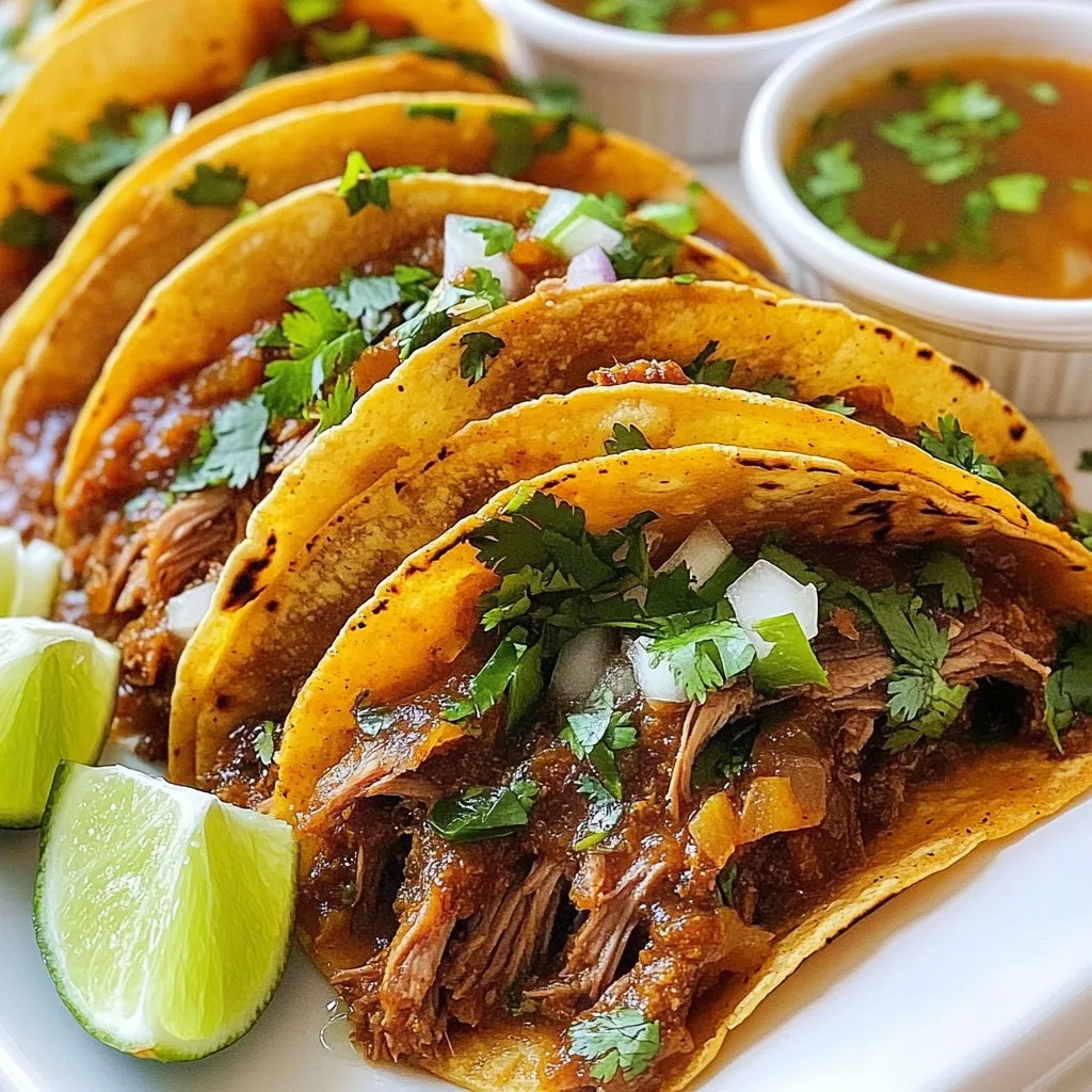 - 2 lbs beef chuck roast, cut into large chunks - 2 dried guajillo peppers, stems and seeds removed - 2 dried pasilla peppers, stems and seeds removed - 1 onion, quartered - 4 cloves garlic, minced For Juicy Birria Tacos, the meat is key. I use beef chuck roast. It has great flavor and becomes tender when cooked. The dried guajillo and pasilla peppers add depth. Remove the stems and seeds for a smoother sauce. Onion and garlic bring a nice aroma and richness to the dish. - 2 teaspoons cumin powder - 1 teaspoon dried oregano - 1 teaspoon paprika - 1 tablespoon apple cider vinegar - Salt and pepper to taste Cumin powder gives warmth and earthiness. Dried oregano adds a hint of herbal notes. Paprika brings color and a slight sweetness. Apple cider vinegar balances the richness of the meat. Season with salt and pepper to enhance all the flavors. - 12 small corn tortillas - Chopped cilantro and diced onions for garnish - Lime wedges for serving Corn tortillas hold the juicy filling well. They also add a lovely texture. Garnish with chopped cilantro and diced onions for freshness. Lime wedges are a must for squeezing on top. They brighten the dish and add zing. {{ingredient_image_1}} To start, we need to make the sauce. First, toast the guajillo and pasilla peppers. Use a dry skillet over medium heat. Toast them for about 2-3 minutes. You want them fragrant but not burned. Next, remove the peppers and place them in a blender. Add the quartered onion and minced garlic. Then, add cumin, oregano, paprika, apple cider vinegar, and one cup of beef broth. Blend until smooth, and set it aside. This sauce gives the tacos their flavor. Now, let’s cook the beef. Heat a tablespoon of oil in a large pot over medium-high heat. Season the beef chunks with salt and pepper. Sear the beef in batches. Brown all sides for the best taste. Remove the beef and set it aside. In the same pot, pour in the blended sauce. Cook it for 3-4 minutes while stirring often. After that, add the seared beef back in. Pour in the rest of the beef broth and bring it to a simmer. Cover the pot and cook on low heat for about 2-3 hours. You want the meat to be tender and easy to shred. When the beef is done, take it out and shred it with two forks. Return the shredded beef to the pot and mix it with the juices. Now, let’s prepare the tacos. Heat a dry skillet over medium heat. Toast each tortilla for about 30 seconds on each side. This gives them a nice texture. Fill each tortilla with the juicy birria. Top with chopped cilantro and diced onions. Serve with lime wedges on the side for extra flavor. Enjoy your delicious birria tacos! Choosing the right broth is key. A rich beef broth makes the tacos tasty. It adds depth to the sauce and meat. You can use homemade broth for the best flavor. If you prefer, store-bought works too. Adjusting seasoning can enhance your dish. Taste as you go. Add salt or pepper until it suits your taste. To make your meat tender and juicy, sear it well. Browning the beef adds flavor to your tacos. Cook the meat low and slow for the best results. This helps the fibers break down. For tortillas, heat them just right. Toast them lightly to keep them firm. Avoid soggy tortillas by filling them just before serving. Serve your tacos with lime wedges. They add a fresh zing. For a colorful dish, use chopped cilantro and diced onions. These garnishes give your tacos a nice look. You can also serve with a small bowl of broth. This is great for dipping. It adds to the experience and flavor! Pro Tips Quality Meat Matters: Choose a well-marbled beef chuck roast for the best flavor and tenderness. Soak the Peppers: For a smoother sauce, soak the dried peppers in hot water for 10-15 minutes before blending. Don’t Rush the Simmer: Allowing the meat to simmer slowly helps develop deeper flavors and ensures it becomes fork-tender. Customize Your Toppings: Experiment with different garnishes like avocado, radishes, or crumbled queso fresco for added flavor. {{image_2}} You can switch the beef for chicken or pork. Both options work well. Chicken will cook faster, so adjust your time. Pork adds a nice richness to the dish. For a vegetarian take, try jackfruit or mushrooms. Jackfruit shreds like meat and soaks up flavors well. Mushrooms add a savory depth that many enjoy. To make your birria even more exciting, play with spices. Add different spices or extra chilies for heat. You can include cayenne or even a touch of cinnamon. For a smoky flavor, use chipotle peppers in your sauce. They bring a warm, rich taste that enhances the dish. Get creative with taco styles! Make mini taco bites for appetizers. These tiny tacos are perfect for parties. You can also try a birria quesadilla twist. Just fill a tortilla with cheese and birria, then grill it. This twist adds a cheesy, melty goodness that everyone will love. To keep your Juicy Birria Tacos fresh, store leftovers in an airtight container. This helps lock in moisture and flavor. Place the shredded beef in the same broth you cooked it in. This prevents the meat from drying out. Store your tacos and broth in separate containers. For tortillas, wrap them in a clean cloth or foil. This keeps them soft and fresh for a few days. To freeze cooked birria, let it cool first. Then, place the beef and broth in freezer-safe bags. Squeeze out as much air as you can before sealing. This prevents freezer burn. When you want to eat it, thaw in the fridge overnight. Reheat on the stove over low heat. Stir often to keep the texture nice and juicy. You can add a splash of beef broth if needed. You can turn leftover birria into new meals. Shred the meat and add it to soups for extra flavor. Make a delicious birria soup by mixing it with broth and veggies. You can also create enchiladas. Just fill tortillas with birria, roll them up, and cover with sauce and cheese. Bake until golden. These ideas make your leftovers fun and tasty! Birria tacos are a Mexican dish that hails from the state of Jalisco. This dish features tender, spiced meat, usually beef. Birria means “a savory stew,” and it has deep roots in Mexican culture. People often serve it during special events and holidays. The rich flavors come from a mix of spices and chilies. Yes, you can make Birria tacos ahead of time. Start by cooking the birria meat and sauce in advance. Once cooked, let it cool down before storing it. You can keep it in the fridge for about three to four days. To reheat, warm it on the stove or in the microwave. Make sure to add a bit of broth to keep it juicy. You can serve several delicious sides with birria tacos. Here are some great options: - Mexican rice: A perfect complement to the tacos. - Refried beans: Adds creaminess to your meal. - Corn salad: Offers a fresh crunch. - Pickled onions: Adds tangy flavor. - Salsas: Choose your favorite for some heat. For drinks, consider serving: - Horchata: A sweet rice drink. - Mexican soda: A fun and fizzy option. You can easily spice up your birria tacos with a few tasty toppings. Here are some great suggestions: - Chopped cilantro: Adds freshness. - Diced onions: Brings a nice crunch. - Avocado slices: Adds creaminess to each bite. - Hot sauce: For those who love heat. - Lime juice: A squeeze adds bright flavor. Feel free to experiment with different sauces and toppings to make your tacos even more special! Making juicy birria tacos involves key ingredients like beef chuck roast, guajillo peppers, and spices. You learned how to prepare the sauce, cook the beef, and assemble tasty tacos. We discussed tips for perfecting flavor and enhancing texture, plus storage methods for leftovers. In closing, take these steps and tips to create your own delicious birria tacos. Enjoy experimenting with variations and serving them with traditional sides. Your efforts will surely impress everyone who tries them. Happy cooking!