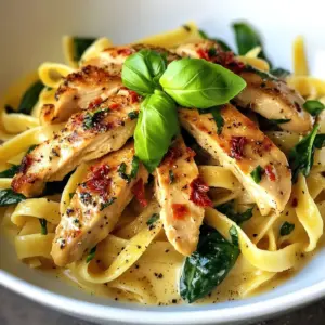 - 2 boneless, skinless chicken breasts - 8 ounces pasta (fettuccine or penne work well) - 2 tablespoons olive oil - 3 cloves garlic, minced - 1 cup heavy cream - 1 cup sun-dried tomatoes, chopped - 1 cup spinach, fresh - ½ cup grated Parmesan cheese - 1 teaspoon Italian seasoning - Salt and black pepper to taste - Fresh basil leaves for garnish Using high-quality ingredients makes a big difference. Choose fresh spinach with vibrant color. Look for chicken breasts that are firm and pink. Good olive oil enhances the flavor. Use real Parmesan cheese for a rich taste. Fresh garlic gives stronger flavor than jarred. If you need alternatives, here are some ideas: - Replace chicken with tofu for a vegetarian dish. - Use whole wheat pasta for added fiber. - Heavy cream can be swapped with coconut cream for a dairy-free option. - For a kick, add red pepper flakes to the sauce. - Use fresh herbs like oregano if you don’t have Italian seasoning. These swaps let you customize the dish to your taste while keeping it delicious! {{ingredient_image_1}} Start by bringing a large pot of salted water to a boil. Once boiling, add the pasta. Fettuccine or penne work best. Cook it according to the package instructions until it is al dente. This usually takes about 8 to 10 minutes. After that, drain the pasta and set it aside. Next, we will prepare the chicken. Season both chicken breasts with salt, pepper, and Italian seasoning. In a large skillet, heat the olive oil over medium-high heat. Add the chicken to the pan. Cook for about 6 to 7 minutes on each side. The chicken should turn golden brown and be cooked through. Once done, remove the chicken from the skillet. Let it rest for a few minutes before slicing. Now, we make the sauce. In the same skillet, add the minced garlic. Sauté it for about 30 seconds until it smells great. Then, add the chopped sun-dried tomatoes. Stir for another minute. After that, pour in the heavy cream. Bring the mixture to a gentle simmer while stirring often. To finish, stir in the fresh spinach and grated Parmesan cheese. The spinach will wilt, and the cheese will melt. Taste the sauce and add more salt or pepper if needed. Now slice the cooked chicken into strips. Add the drained pasta to the skillet with the sauce. Toss everything gently until the pasta is well coated. Serve the pasta warm, garnished with fresh basil leaves. Enjoy your delicious Marry Me Chicken Pasta! To cook chicken just right, start with fresh, boneless, skinless breasts. Season them well with salt, pepper, and Italian seasoning. Heat olive oil in a skillet over medium-high heat. Sear the chicken for 6-7 minutes on each side. You want it golden brown and cooked through. Use a meat thermometer to check for 165°F. Let the chicken rest before slicing. This keeps it juicy and tender. The secret to a great creamy sauce lies in the heavy cream. Start by sautéing minced garlic in the same skillet. This adds depth to your flavor. Next, mix in chopped sun-dried tomatoes. They bring sweetness and tang. Pour in the heavy cream and let it simmer. Stir in fresh spinach and grated Parmesan. This makes the sauce rich and creamy. Taste and adjust salt and pepper as needed for the perfect balance. For pasta, always boil salted water for the best taste. Cook to al dente, so it holds its shape. Follow package instructions for timing. Drain the pasta, but don’t rinse it. This keeps the starch that helps the sauce stick. Add the pasta directly to your creamy sauce. Toss it gently with the chicken to combine flavors. Enjoy your creamy Marry Me Chicken Pasta right away! Pro Tips Perfect Pasta: Always cook pasta al dente for the best texture; it will continue to cook slightly when combined with the sauce. Chicken Juiciness: Let the chicken rest after cooking to retain its juices, ensuring each bite is tender and flavorful. Freshness Matters: Use fresh spinach instead of frozen for a better flavor and vibrant color in your dish. Cheese Choice: Opt for freshly grated Parmesan cheese as it melts better and enhances the overall creaminess of the sauce. {{image_2}} To make a vegetarian version, swap the chicken for hearty mushrooms. Use 2 cups of sliced mushrooms. Sauté them until golden. Keep the rest of the recipe the same. This option keeps the creamy sauce and sun-dried tomatoes. It still tastes rich and satisfying. You can also add more veggies, like zucchini or bell peppers. They bring color and flavor to the dish. If you love heat, try adding red pepper flakes. Start with ½ teaspoon and adjust to your taste. Mix them in when you sauté the garlic. This adds a nice kick without overpowering the dish. You can also use spicy Italian sausage instead of chicken. Cook it until browned, then follow the rest of the recipe. For a gluten-free meal, choose gluten-free pasta. Many brands make great options that taste good. You can also try zucchini noodles for a lighter dish. Just spiralize fresh zucchini and cook them briefly. The creamy sauce works well with these noodles too. This way, you enjoy the same flavors without gluten. After your delicious meal, let leftovers cool down. Place the chicken pasta in an airtight container. This keeps it fresh and safe to eat later. You can store it in the fridge for up to three days. If you want to keep it longer, consider freezing it. When you're ready to enjoy leftovers, reheat them carefully. You can use a microwave; just cover it with a lid. Heat for 1-2 minutes, stirring halfway through. Another way is to use a skillet. Add a splash of water or cream to keep it moist. Warm over medium heat until hot. To freeze Marry Me Chicken Pasta, pack it in a freezer-safe container. Make sure to leave some space for expansion. It can last in the freezer for up to two months. When you're ready to eat, thaw it in the fridge overnight before reheating. Enjoy your meal again! Marry Me Chicken Pasta is a creamy dish with chicken, pasta, and sun-dried tomatoes. It has a rich flavor that many find hard to resist. The chicken is seasoned well and seared until golden. Then, it joins a creamy sauce made from garlic, heavy cream, spinach, and Parmesan cheese. This dish often gets its name from its delicious taste, making people want to propose after the first bite! You can prepare Marry Me Chicken Pasta ahead by cooking the chicken and making the sauce. Store each in separate airtight containers in the fridge. When you are ready to serve, reheat the chicken and sauce in a skillet. Cook the pasta fresh for the best texture. Combine everything right before serving for a warm meal. Yes, you can use different types of pasta! Fettuccine and penne are great choices, but you can try others too. Bowtie or rotini pasta will work well in this dish. Just ensure you cook the pasta according to the package instructions for the best results. You can serve Marry Me Chicken Pasta with a fresh green salad or garlic bread. A side of roasted vegetables adds color and flavor. For a lighter option, pair it with steamed broccoli or asparagus. These sides balance the creamy pasta dish nicely. The total time to prepare Marry Me Chicken Pasta is about 30 minutes. You’ll spend 10 minutes preparing the ingredients and about 20 minutes cooking. This quick recipe is perfect for busy nights when you want a tasty meal without a long wait. In this post, we explored the key ingredients for Marry Me Chicken Pasta, noting quality and alternatives. I shared step-by-step cooking instructions and helpful tips for perfect chicken and sauce. Variations include vegetarian and gluten-free options. Finally, we covered storage and reheating methods for leftovers. Embrace this dish and make it your own. With these insights, you’ll impress everyone at the table. Enjoy creating delicious meals!