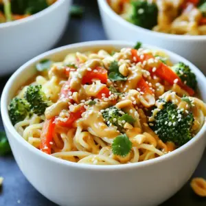 - Ramen noodles options: You can choose whole wheat or gluten-free ramen noodles. Whole wheat adds a nutty taste, while gluten-free offers a lighter option. - Vegetables needed: For this dish, you&rsquo;ll need: - 1 cup pea shoots or baby spinach for freshness. - 1 red bell pepper, thinly sliced for sweetness and color. - 1 carrot, julienned for crunch and flavor. - 1 cup broccoli florets for nutrition and texture. - 2 green onions, chopped for a mild onion taste. - Peanut sauce components: The rich peanut sauce includes: - 1/2 cup creamy peanut butter for creaminess. - 1/4 cup soy sauce or tamari for saltiness. - 2 tablespoons maple syrup for a touch of sweetness. - 2 tablespoons rice vinegar for a tangy kick. - 1 tablespoon sriracha to add heat, adjust to your taste. These ingredients combine to create a colorful, tasty dish perfect for any meal. Enjoy the rich flavors and vibrant colors as you prepare this delightful ramen! {{ingredient_image_1}} To cook the ramen noodles, start by boiling water in a large pot. Make sure the water is at a rolling boil before adding the noodles. Cook the noodles according to the package instructions, usually around 3 to 5 minutes. Once they are tender, drain the noodles in a colander. Rinse them under cold water to stop the cooking process. This helps keep them from getting too soft. Set the noodles aside while you prepare the rest of the dish. Next, we&rsquo;ll make the peanut sauce. In a large bowl, combine peanut butter, soy sauce, maple syrup, rice vinegar, and sriracha. Whisk these ingredients together until the mixture is smooth. If you want a creamier sauce, slowly stir in coconut milk. Keep adding until you reach the creaminess you like. This sauce will bring rich flavors to your ramen. Now, it&rsquo;s time to saut&eacute; the vegetables. Heat sesame oil in a large skillet over medium heat. Add minced ginger and garlic first. Cook them for about 1 minute until they smell great. Then, add the broccoli florets, red bell pepper, and carrots. Stir-fry these veggies for 4 to 5 minutes. You want them tender but still crisp. This step adds color and nutrients to your dish. Timing is key here; don&rsquo;t overcook the vegetables, or they will lose their crunch. Once your veggies are ready, you can combine everything for a delicious meal! To adjust the spice level in your Vegan Thai Peanut Ramen, start with less sriracha. You can add more as you cook and taste. If you want a milder dish, skip the sriracha or use just a little. For those who love heat, add chili flakes or fresh chili peppers. Adding herbs can really boost the flavor. Try fresh basil or mint for a fresh taste. You can also use cilantro, which adds a nice touch. Adding lime juice gives a bright burst of flavor. To get crisp-tender veggies, stir-fry them quickly over high heat. Keep them moving in the pan. This helps them cook evenly and stay vibrant. Start with harder veggies like broccoli and carrots, then add softer ones like bell pepper last. For your ramen noodles, always follow the package directions for cooking. After cooking, rinse them under cold water. This stops the cooking and keeps them from getting sticky. Toss them lightly with a splash of oil to keep them separate. For a great look, serve your ramen in deep bowls. Place the noodles first, then arrange the colorful veggies on top. This makes the dish pop with color. Drizzle a bit of extra peanut sauce for a glossy finish. Garnish with chopped peanuts, sesame seeds, and fresh cilantro. This adds texture and a fresh taste. You can also serve it with lime wedges for extra zing. Pro Tips Use Fresh Ingredients: Opt for fresh vegetables for the best flavor and texture. Fresh produce enhances the overall taste of the dish. Customize Spice Level: Adjust the amount of sriracha in the sauce to suit your taste. You can start with less and add more for a spicier kick. Make Ahead: Prepare the peanut sauce in advance and store it in the refrigerator. This saves time on busy weeknights! Garnish Generously: Don't skimp on the garnishes! Chopped peanuts, sesame seeds, and cilantro add great texture and flavor to the dish. {{image_2}} You can easily change this recipe to fit your needs. If you have a nut allergy, try sunbutter or tahini instead of peanut butter. For gluten-free options, use rice noodles or gluten-free ramen noodles. These swaps keep the dish tasty and safe. Adding protein can also boost your meal. Tofu is a great choice. Press and cube it, then saut&eacute; until golden. Tempeh is another option. It has a nutty flavor and works well in this dish. Seitan is perfect if you want a chewy texture. Cook it with the veggies for a heartier meal. Pair this ramen with a light salad. A cucumber salad with a squeeze of lime adds freshness. You can also serve it with spring rolls for a fun touch. These sides balance the rich flavors of the ramen. To make this meal complete, think about adding a protein. You can top your ramen with crispy tofu or tempeh. This way, you get a filling dish that satisfies. If you want to change the flavor of the peanut sauce, there are many options. Try almond butter for a different nutty taste. You can also use cashew butter for a creamier texture. For a tangy twist, add lime juice to the sauce. This brightens the flavors and adds zest. You can adjust the sriracha for more heat or skip it for a milder dish. By testing these variations, you can create a unique ramen every time. Enjoy exploring the different tastes! To keep your vegan Thai peanut ramen fresh, store it in an airtight container. Place it in the fridge within two hours of cooking. This helps maintain flavor and texture. Use the ramen within three to four days for the best taste. When reheating, do so gently. Use a pan over low heat. Add a splash of water or broth to keep it moist. Stir often to avoid sticking. You can freeze the ramen for longer storage. However, it&rsquo;s best to freeze the noodles and sauce separately. Cool them first before putting them in freezer-safe bags. The noodles last for up to three months in the freezer. When you want to eat it, thaw them in the fridge overnight. To reheat, warm them in a pan over low heat. Add a bit of water or broth to keep it creamy. Once prepared, the cooked ramen noodles last about three to four days in the fridge. The peanut sauce can also stay good for about a week. Fresh vegetables, like bell peppers and broccoli, should be used within a few days. If they turn brown or mushy, it&rsquo;s time to toss them. Always trust your senses. If something smells off, don&rsquo;t eat it. Yes, you can make this ramen in advance. Cook the noodles and veggies separately. Let them cool before putting them in a container. You can store the peanut sauce in another container. Keep both in the fridge for up to three days. When ready to eat, reheat the noodles and veggies in a pan. Add the sauce and mix well. This keeps everything fresh and tasty. If you have nut allergies, use sun butter or tahini. Both can give a nice, creamy texture. You can also try almond butter or soy nut butter if you prefer. Each of these options adds a different flavor while keeping the dish vegan. To avoid mushy noodles, cook them just until al dente. This means they should be firm to the bite. Rinse them under cold water to stop cooking. Mix them with oil if you are not using them right away. This helps keep them from sticking together. Always add them to the pan last to mix with the veggies and sauce. This blog post shared the essentials for making Vegan Thai Peanut Ramen. You learned about the key ingredients like ramen noodles, fresh veggies, and peanut sauce components. I guided you through cooking methods and how to enhance flavors using spices. Remember, you can customize your dish by altering ingredients or trying different sauces. Perfecting storage ensures your leftovers stay fresh. I hope you try this simple and tasty recipe soon. Happy cooking!