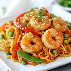 - 8 oz lo mein noodles - 1 lb large shrimp, peeled and deveined - 1 red bell pepper, julienned - 1 cup snap peas - 1 cup baby bok choy, chopped The heart of this dish starts with lo mein noodles. They soak up all the sauce and flavors. Next, we need fresh shrimp. Large shrimp works best as they cook quickly and stay juicy. For veggies, I love using red bell pepper, snap peas, and baby bok choy. They add color and crunch. - 2 tablespoons soy sauce - 1 tablespoon oyster sauce (optional) - 1 tablespoon sesame oil - 1 teaspoon fresh ginger, grated - 2 garlic cloves, minced - Salt and pepper to taste For the sauce, soy sauce is key. It gives that savory taste. If you want extra depth, use oyster sauce. It&rsquo;s optional but highly recommended. Aromatics like garlic and ginger add warmth and zest. Don&rsquo;t forget to season with salt and pepper to balance the flavors. - Sesame seeds for garnish - 3 green onions, sliced Garnishes make the meal pop! I suggest sesame seeds and sliced green onions. They add texture and a fresh finish. The green onions also bring a nice crunch. These small touches make your dish look and taste gourmet. {{ingredient_image_1}} First, boil water in a large pot. Add the lo mein noodles and cook them as the package directs. This usually takes around 4 to 6 minutes. Once done, drain the noodles in a colander. Rinse them with cold water to stop the cooking. Set the noodles aside while you prepare the rest of the dish. In a large skillet or wok, heat one tablespoon of sesame oil over medium-high heat. Add two minced garlic cloves and one teaspoon of grated fresh ginger. Saut&eacute; them for about one minute until they smell great. Next, toss in one pound of peeled and deveined shrimp. Cook the shrimp until they turn pink, which takes about 2 to 3 minutes. Once cooked, remove the shrimp from the skillet and set them aside. In the same skillet, add one julienned red bell pepper and one cup of snap peas. Stir-fry these for 3 to 4 minutes until they soften. Then, add one cup of chopped baby bok choy. Keep stir-frying for another 2 to 3 minutes until the bok choy wilts. This adds crunch and color to your dish. Return the cooked shrimp to the skillet. Add the lo mein noodles you set aside earlier. Pour in two tablespoons of soy sauce and one tablespoon of oyster sauce, if you&rsquo;re using it. Toss everything together until well mixed and heated through. Season with salt and pepper to taste. Finally, garnish with sliced green onions and sesame seeds before serving. Enjoy your delicious one-pan shrimp lo mein! To cook shrimp just right, aim for 2-3 minutes. Shrimp cooks fast, so watch closely. You want them pink and firm. Overcooking makes shrimp tough. To keep shrimp juicy, remove them from heat as soon as they turn pink. Let them rest briefly before adding back to your dish. This step keeps them tender. To avoid clumping, rinse cooked lo mein noodles under cold water. This helps separate them. Cook noodles until they are al dente, which means they should still be firm to the bite. Follow package instructions closely for best results. If they&rsquo;re too soft, they will mush together in the dish. Adjust the sauce levels to suit your taste. If you like it salty, add more soy sauce. For sweetness, try a splash of oyster sauce. Want some heat? Add red pepper flakes or a dash of sriracha. Experiment with spices to make the dish your own. This flexibility lets you create layers of flavor in your one-pan shrimp lo mein. Pro Tips Use Fresh Ingredients: Fresh vegetables and shrimp will enhance the flavor and texture of your dish, making it more vibrant and delicious. Don't Overcook the Shrimp: Cook the shrimp just until they turn pink. Overcooking can make them rubbery, so keep an eye on them! Customize Your Veggies: Feel free to swap in your favorite vegetables like carrots, broccoli, or bell peppers to suit your taste or what you have on hand. Adjust the Sauce: Taste and adjust the soy sauce and oyster sauce to your preference for saltiness and flavor. You can also add a splash of chili oil for heat! {{image_2}} You can easily change the protein in this dish. Swap shrimp for chicken if you prefer. Simply cut chicken breast into small pieces. Cook it until no longer pink, just like you do with shrimp. For a vegetarian option, try tofu. Use firm tofu, cut into cubes. Saut&eacute; it until golden. Both swaps give you tasty meals with the same great flavors. Feel free to mix up the vegetables too. If you can't find bok choy, use spinach or kale. These greens cook down nicely and add great taste. Red bell pepper can be swapped for carrots or broccoli. Both add crunch and color. You can also use frozen veggies. They are quick to add and still give good flavor. Just make sure to thaw them first. For a gluten-free meal, look for gluten-free lo mein noodles. They are easy to find in stores. You can also use rice noodles as a substitute. They cook quickly and taste great. For the soy sauce, choose a gluten-free brand. There are many options available now. This way, everyone can enjoy this delicious dish! Store leftovers in an airtight container. This helps keep the shrimp lo mein fresh. The best containers are glass or BPA-free plastic. They help prevent spills and keep flavors locked in. Make sure to refrigerate within two hours of cooking. This keeps the meal safe to eat later. You can reheat in the microwave or on the stovetop. For the microwave, place the lo mein in a bowl. Cover it to avoid splatters. Heat in short bursts, stirring in between. For the stovetop, use a skillet over medium heat. Add a splash of water or oil to maintain moisture. Stir often to keep the noodles from sticking. You can freeze shrimp lo mein, but it&rsquo;s best to avoid freezing the shrimp. Cook the shrimp fresh for the best taste. If you do freeze, make sure to cool it first. Use freezer-safe bags or containers. When you're ready to eat, thaw in the fridge overnight. You can also use cold water for quicker thawing. Avoid refreezing once it&rsquo;s been thawed. Yes, you can use frozen shrimp. Thaw the shrimp first. Place them in a bowl of cold water for about 15-20 minutes. Change the water if it gets too warm. Once thawed, pat them dry with a paper towel. This helps them cook evenly. Then, you can follow the recipe as usual. Ensure the shrimp turn pink and curl slightly when cooked, which takes about 2-3 minutes. Making one-pan shrimp lo mein is quick. It takes about 10 minutes to prep. Cooking takes around 15 minutes. So, the total time is about 25 minutes. You can enjoy a tasty meal in under half an hour. This makes it perfect for busy weeknights or quick lunches. You can serve many tasty sides with this dish. Here are a few ideas: - Steamed broccoli for a healthy crunch. - Egg rolls for a fun appetizer. - A simple cucumber salad for freshness. - Fried rice for extra flavor and texture. These sides will complement the flavors of the shrimp lo mein beautifully. In this blog post, we explored how to make a delicious One-Pan Shrimp Lo Mein. We covered essential ingredients like lo mein noodles, shrimp, and fresh veggies. I outlined easy steps for cooking, from boiling the noodles to stir-frying shrimp and veggies. You learned tips for perfect shrimp and noodle texture, along with tasty variations to try. Now that you have the recipe, it's time to have fun in the kitchen. Enjoy creating your dish and savor every bite!