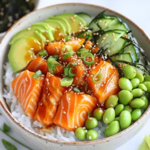 - 2 cups sushi rice - 4 cups water Sushi rice is key for this dish. Start by rinsing the rice until the water runs clear. This step removes excess starch. It helps the rice cook evenly. - 1 lb salmon fillet - 2 tablespoons soy sauce - 1 tablespoon sesame oil - 1 tablespoon honey - 1 teaspoon grated ginger The salmon marinade makes the fish shine. Mix soy sauce, sesame oil, honey, and ginger in a bowl. This mix adds flavor and moisture to the salmon. Let it sit for at least 15 minutes. - 1 avocado, sliced - 1 cucumber, thinly sliced - &frac12; cup edamame, shelled and cooked - 2 green onions, finely chopped - 1 tablespoon toasted sesame seeds - Seaweed sheets, cut into strips (for garnish) - Spicy mayo (optional, for drizzling) Toppings bring color and texture to your rice bowl. Use ripe avocado for creaminess. Fresh cucumber adds crunch. Edamame gives protein and bright color. Green onions and sesame seeds add flavor and style. Seaweed strips are fun to eat. If you like heat, drizzle spicy mayo on top. Enjoy the mix of flavors and textures! {{ingredient_image_1}} Start by rinsing the sushi rice under cold water. Do this until the water runs clear. This step helps remove excess starch. In a medium saucepan, add 2 cups of rice and 4 cups of water. Bring it to a boil over high heat. Once it boils, reduce the heat to low. Cover the pot and let it simmer for 20 minutes. After that, remove it from the heat and let it steam for another 10 minutes. Fluff the rice with a fork when done. For the salmon, mix the soy sauce, sesame oil, honey, and grated ginger in a small bowl. This marinade adds great flavor. Place the 1 lb salmon fillet in a shallow dish. Pour the marinade over the salmon. Let it sit and marinate for at least 15 minutes. This step makes the salmon tasty and juicy. Heat a non-stick skillet over medium-high heat. Once the skillet is hot, place the marinated salmon skin-side down. Cook for about 4-5 minutes on each side. The salmon should be cooked through and flaky. When done, remove it from the heat. Let it rest for a few minutes, then slice it into bite-sized pieces. Now, it&rsquo;s time to build the rice bowls. Divide the fluffy sushi rice evenly among four bowls. Top each bowl with the slices of salmon you just cooked. Add sliced avocado, thinly sliced cucumber, and shelled edamame to each bowl. This mix adds color and texture. To finish, sprinkle chopped green onions and toasted sesame seeds over each bowl. Place strips of seaweed on the side for a nice touch. If you like a little heat, drizzle spicy mayo on top. Enjoy your vibrant TikTok salmon rice bowls while fresh! To rinse sushi rice, start by measuring two cups. Place the rice in a bowl. Fill the bowl with cold water and stir gently. You want to remove excess starch. After a few moments, drain the water. Repeat this process until the water is clear. This helps make your rice fluffy and not sticky. Cooking salmon is simple and rewarding. First, marinate your salmon for at least 15 minutes. This adds flavor. Heat your non-stick skillet over medium-high heat. Place the salmon skin-side down in the hot pan. Cook it for about 4-5 minutes on each side. You want it flaky but not overcooked. Let it rest for a few minutes before slicing. This keeps it juicy. A well-presented dish makes any meal special. Start with a base of fluffy sushi rice in each bowl. Arrange the salmon slices on top. Add avocado and cucumber slices for color and crunch. Sprinkle with green onions and sesame seeds. Finally, place seaweed strips on the side. This adds texture and taste. Serve with spicy mayo on top for a tasty kick! Pro Tips Use Fresh Salmon: Always opt for the freshest salmon you can find, preferably sushi-grade, to enhance the flavor and texture of your rice bowls. Perfect Rice Texture: Rinsing the sushi rice is crucial as it removes excess starch, resulting in a fluffier and less sticky rice. Marination Time: Allowing the salmon to marinate for longer than 15 minutes can deepen the flavor; consider marinating for up to 30 minutes for a more robust taste. Customize Toppings: Feel free to customize your toppings with other ingredients like pickled ginger, radishes, or different vegetables to suit your taste. {{image_2}} If you want to switch up the salmon, try other proteins. Chicken breast works well. Just marinate it like salmon and cook until done. Tofu is also a great choice for a plant-based option. Press and cube the tofu, then marinate it. Cook it in the same way as the salmon. You can make a tasty rice bowl without meat. Think about using marinated tempeh or seitan. Both have great texture and flavor. You can also load up on veggies. Try roasted sweet potatoes, grilled zucchini, or saut&eacute;ed mushrooms. Add colorful bell peppers for a crunch. You can change the flavors in your marinade to keep it fresh. Try using lime juice instead of honey for a tangy taste. You can add garlic or chili paste for some heat. If you like a sweeter flavor, use maple syrup. Experiment with different herbs, like cilantro or basil, to create your own unique taste. Store any leftover salmon rice bowls in an airtight container. Place the container in the fridge. Leftovers will stay fresh for up to two days. If you have extra toppings, keep them separate. This keeps everything fresh and tasty. When you're ready to eat, reheat the rice in the microwave. Use a bowl covered with a damp paper towel. Heat it for about one minute. Stir and check the temperature. For salmon, reheat in a skillet on low heat. This way, it stays moist and flaky. To keep your salmon bowls fresh, avoid mixing all ingredients at once. Store rice, salmon, and toppings separately. Use fresh ingredients whenever possible. This helps to keep flavors bright. If you want to enjoy spicy mayo later, store it in a small container. Always check for any signs of spoilage before enjoying leftovers. The best salmon for this recipe is fresh, high-quality salmon. Look for wild-caught salmon if possible. It has better flavor and texture. You can use sockeye or king salmon for a rich taste. If you prefer, farmed salmon can work well too. Just ensure it is fresh and bright in color. Yes, you can use brown rice instead of sushi rice. Brown rice adds a nutty flavor and is healthier too. Keep in mind, it will change the texture and taste of the dish. You will need to adjust the water amount and cooking time. Brown rice usually takes longer to cook. You can marinate the salmon for at least 15 minutes. However, for more flavor, I suggest marinating it for up to an hour. Just be careful not to marinate too long. The soy sauce can make the salmon too salty if left too long. Yes, you can use a gluten-free soy sauce option. Look for tamari, which is made without wheat. It has a similar taste and works well in marinades. This way, you can enjoy your salmon rice bowl without gluten. Always check labels to ensure it is truly gluten-free. This blog post covered how to make delicious sushi rice bowls with salmon. You learned about key ingredients like sushi rice, tasty marinades, and eye-catching garnishes. I shared easy steps on cooking and assembling your bowls. The tips helped you perfect your rice and salmon. You now know some fun variations and how to store leftovers. With these skills, you can impress anyone with your rice bowls. Enjoy making different flavors and choices in your kitchen!