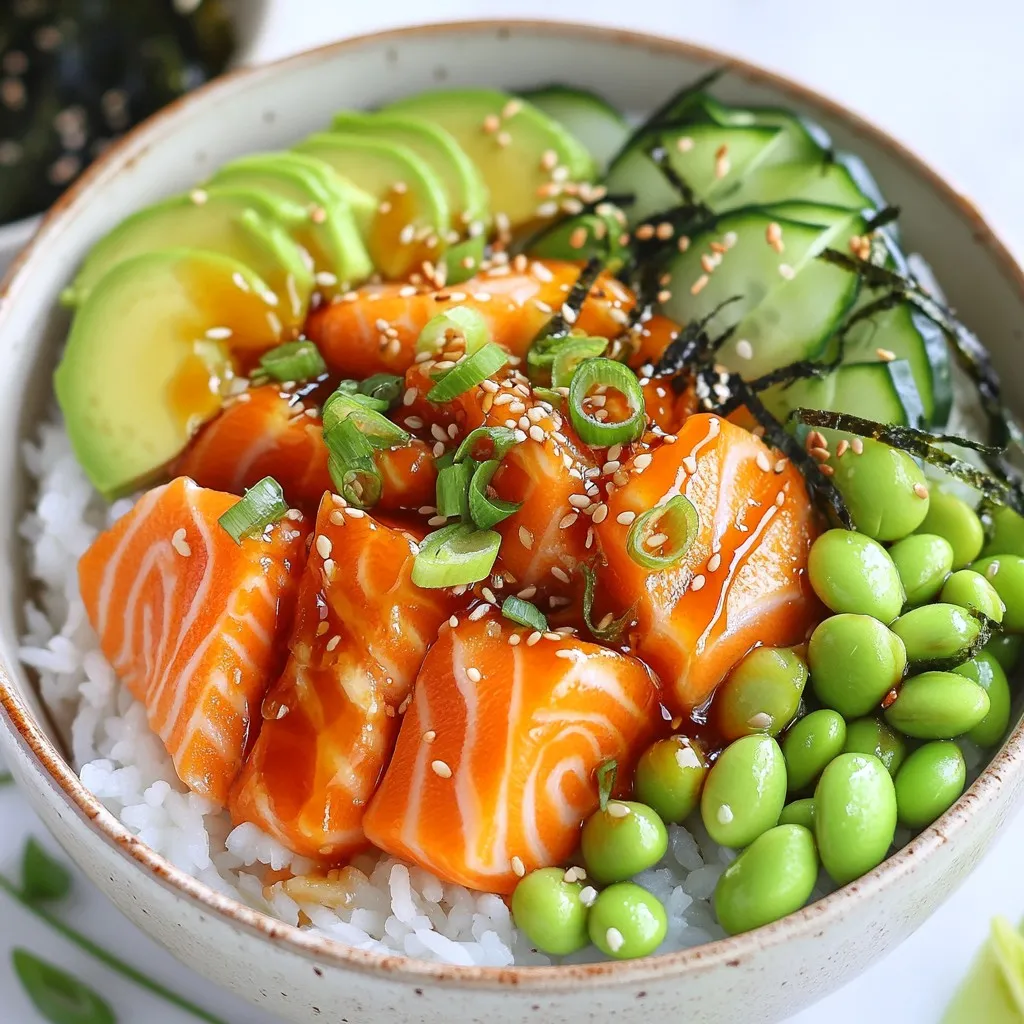 - 2 cups sushi rice - 4 cups water Sushi rice is key for this dish. Start by rinsing the rice until the water runs clear. This step removes excess starch. It helps the rice cook evenly. - 1 lb salmon fillet - 2 tablespoons soy sauce - 1 tablespoon sesame oil - 1 tablespoon honey - 1 teaspoon grated ginger The salmon marinade makes the fish shine. Mix soy sauce, sesame oil, honey, and ginger in a bowl. This mix adds flavor and moisture to the salmon. Let it sit for at least 15 minutes. - 1 avocado, sliced - 1 cucumber, thinly sliced - ½ cup edamame, shelled and cooked - 2 green onions, finely chopped - 1 tablespoon toasted sesame seeds - Seaweed sheets, cut into strips (for garnish) - Spicy mayo (optional, for drizzling) Toppings bring color and texture to your rice bowl. Use ripe avocado for creaminess. Fresh cucumber adds crunch. Edamame gives protein and bright color. Green onions and sesame seeds add flavor and style. Seaweed strips are fun to eat. If you like heat, drizzle spicy mayo on top. Enjoy the mix of flavors and textures! {{ingredient_image_1}} Start by rinsing the sushi rice under cold water. Do this until the water runs clear. This step helps remove excess starch. In a medium saucepan, add 2 cups of rice and 4 cups of water. Bring it to a boil over high heat. Once it boils, reduce the heat to low. Cover the pot and let it simmer for 20 minutes. After that, remove it from the heat and let it steam for another 10 minutes. Fluff the rice with a fork when done. For the salmon, mix the soy sauce, sesame oil, honey, and grated ginger in a small bowl. This marinade adds great flavor. Place the 1 lb salmon fillet in a shallow dish. Pour the marinade over the salmon. Let it sit and marinate for at least 15 minutes. This step makes the salmon tasty and juicy. Heat a non-stick skillet over medium-high heat. Once the skillet is hot, place the marinated salmon skin-side down. Cook for about 4-5 minutes on each side. The salmon should be cooked through and flaky. When done, remove it from the heat. Let it rest for a few minutes, then slice it into bite-sized pieces. Now, it’s time to build the rice bowls. Divide the fluffy sushi rice evenly among four bowls. Top each bowl with the slices of salmon you just cooked. Add sliced avocado, thinly sliced cucumber, and shelled edamame to each bowl. This mix adds color and texture. To finish, sprinkle chopped green onions and toasted sesame seeds over each bowl. Place strips of seaweed on the side for a nice touch. If you like a little heat, drizzle spicy mayo on top. Enjoy your vibrant TikTok salmon rice bowls while fresh! To rinse sushi rice, start by measuring two cups. Place the rice in a bowl. Fill the bowl with cold water and stir gently. You want to remove excess starch. After a few moments, drain the water. Repeat this process until the water is clear. This helps make your rice fluffy and not sticky. Cooking salmon is simple and rewarding. First, marinate your salmon for at least 15 minutes. This adds flavor. Heat your non-stick skillet over medium-high heat. Place the salmon skin-side down in the hot pan. Cook it for about 4-5 minutes on each side. You want it flaky but not overcooked. Let it rest for a few minutes before slicing. This keeps it juicy. A well-presented dish makes any meal special. Start with a base of fluffy sushi rice in each bowl. Arrange the salmon slices on top. Add avocado and cucumber slices for color and crunch. Sprinkle with green onions and sesame seeds. Finally, place seaweed strips on the side. This adds texture and taste. Serve with spicy mayo on top for a tasty kick! Pro Tips Use Fresh Salmon: Always opt for the freshest salmon you can find, preferably sushi-grade, to enhance the flavor and texture of your rice bowls. Perfect Rice Texture: Rinsing the sushi rice is crucial as it removes excess starch, resulting in a fluffier and less sticky rice. Marination Time: Allowing the salmon to marinate for longer than 15 minutes can deepen the flavor; consider marinating for up to 30 minutes for a more robust taste. Customize Toppings: Feel free to customize your toppings with other ingredients like pickled ginger, radishes, or different vegetables to suit your taste. {{image_2}} If you want to switch up the salmon, try other proteins. Chicken breast works well. Just marinate it like salmon and cook until done. Tofu is also a great choice for a plant-based option. Press and cube the tofu, then marinate it. Cook it in the same way as the salmon. You can make a tasty rice bowl without meat. Think about using marinated tempeh or seitan. Both have great texture and flavor. You can also load up on veggies. Try roasted sweet potatoes, grilled zucchini, or sautéed mushrooms. Add colorful bell peppers for a crunch. You can change the flavors in your marinade to keep it fresh. Try using lime juice instead of honey for a tangy taste. You can add garlic or chili paste for some heat. If you like a sweeter flavor, use maple syrup. Experiment with different herbs, like cilantro or basil, to create your own unique taste. Store any leftover salmon rice bowls in an airtight container. Place the container in the fridge. Leftovers will stay fresh for up to two days. If you have extra toppings, keep them separate. This keeps everything fresh and tasty. When you're ready to eat, reheat the rice in the microwave. Use a bowl covered with a damp paper towel. Heat it for about one minute. Stir and check the temperature. For salmon, reheat in a skillet on low heat. This way, it stays moist and flaky. To keep your salmon bowls fresh, avoid mixing all ingredients at once. Store rice, salmon, and toppings separately. Use fresh ingredients whenever possible. This helps to keep flavors bright. If you want to enjoy spicy mayo later, store it in a small container. Always check for any signs of spoilage before enjoying leftovers. The best salmon for this recipe is fresh, high-quality salmon. Look for wild-caught salmon if possible. It has better flavor and texture. You can use sockeye or king salmon for a rich taste. If you prefer, farmed salmon can work well too. Just ensure it is fresh and bright in color. Yes, you can use brown rice instead of sushi rice. Brown rice adds a nutty flavor and is healthier too. Keep in mind, it will change the texture and taste of the dish. You will need to adjust the water amount and cooking time. Brown rice usually takes longer to cook. You can marinate the salmon for at least 15 minutes. However, for more flavor, I suggest marinating it for up to an hour. Just be careful not to marinate too long. The soy sauce can make the salmon too salty if left too long. Yes, you can use a gluten-free soy sauce option. Look for tamari, which is made without wheat. It has a similar taste and works well in marinades. This way, you can enjoy your salmon rice bowl without gluten. Always check labels to ensure it is truly gluten-free. This blog post covered how to make delicious sushi rice bowls with salmon. You learned about key ingredients like sushi rice, tasty marinades, and eye-catching garnishes. I shared easy steps on cooking and assembling your bowls. The tips helped you perfect your rice and salmon. You now know some fun variations and how to store leftovers. With these skills, you can impress anyone with your rice bowls. Enjoy making different flavors and choices in your kitchen!