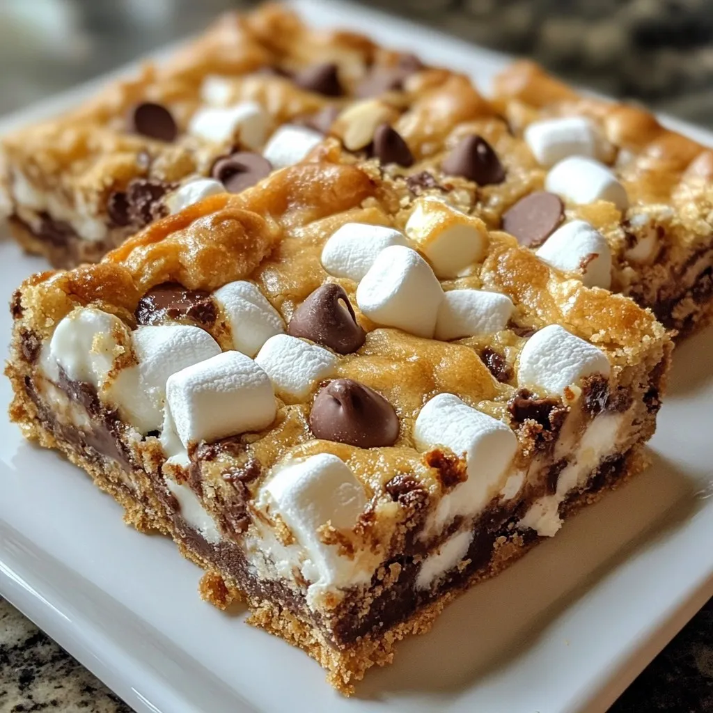 To make Easy Ooey Gooey Bars, gather these simple ingredients: - 1 cup unsalted butter, melted - 1 cup brown sugar, packed - 1 cup granulated sugar - 1 tablespoon vanilla extract - 4 large eggs - 2 cups all-purpose flour - 1 teaspoon baking powder - 1/2 teaspoon salt - 1 cup chocolate chips (semi-sweet or milk chocolate) - 1 cup mini marshmallows - 1/2 cup chopped walnuts (optional) Each ingredient plays a key role in making these bars ooey and gooey. The melted butter gives a rich taste. Both sugars add sweetness and moisture. The eggs help bind everything together. Flour provides structure, while baking powder adds lift. Salt enhances flavor. Chocolate chips and mini marshmallows create that gooey texture we love. Walnuts add a nice crunch, but they are optional. Feel free to mix and match based on your preference. Now that you have the ingredients, you are ready to create a dessert that warms your heart. Grab your apron and let’s get cooking! {{ingredient_image_1}} - Preheat oven to 350°F (175°C) - Grease or line the baking pan Start by preheating your oven. This step helps the bars bake evenly. Greasing the pan or using parchment paper makes it easy to lift the bars out later. I always prefer parchment paper for easy cleanup. - Combine melted butter, sugars, and mix - Add vanilla and eggs, mixing well In a large bowl, combine the melted butter, brown sugar, and granulated sugar. Mix until it looks smooth. Next, add in the vanilla extract and eggs. I find that adding each egg one at a time helps the batter blend better. - Whisk dry ingredients separately - Fold dry mixture into wet ingredients - Incorporate chocolate chips and walnuts In another bowl, whisk together the flour, baking powder, and salt. Then, gently fold this dry mixture into the wet ingredients. Be careful not to overmix. This helps keep the bars soft. Once combined, fold in the chocolate chips and walnuts if you like a nutty crunch. - Layering half the batter, marshmallows, and remaining batter - Smoothing the top layer Pour half of the batter into your prepared pan, spreading it evenly. Next, sprinkle the mini marshmallows over this layer. Then, pour the rest of the batter on top, smoothing it with a spatula. This layering gives you a gooey center. - Baking time and checking doneness - Cooling before cutting Bake your bars for 25-30 minutes. Keep an eye on them. The edges should be golden, and a toothpick should come out with a few moist crumbs. After baking, let them cool in the pan for about 10 minutes. Cutting them while warm gives you that gooey texture everyone loves! To make these bars ooey and gooey, avoid overbaking. Bake them just until the edges turn golden. A toothpick should come out with a few moist crumbs. This means they are done but still soft. Let the bars cool for about 10 minutes. This cooling time helps them set up without losing that wonderful gooeyness. Using high-quality chocolate chips is key. Good chocolate adds rich flavor to the bars. You can also have fun with extracts. Try almond or coconut extract for a twist. These small changes can bring new life to this classic dessert. Serve these bars warm for the best taste. A scoop of vanilla ice cream on top makes them even better. Drizzle some chocolate sauce over the ice cream for a treat that delights. These simple tweaks add flair and flavor to your dessert experience. Pro Tips Use Room Temperature Eggs: Allow your eggs to sit at room temperature for about 30 minutes before using them. This helps them incorporate better into the batter, resulting in a smoother texture. Don’t Overmix the Batter: When combining your wet and dry ingredients, mix until just combined to avoid tough bars. A few lumps are perfectly fine! Chill Before Cutting: For cleaner cuts, let the bars cool completely in the pan before slicing. If you’re in a hurry, pop them in the fridge for about 20 minutes. Experiment with Mix-Ins: Feel free to customize your bars by adding different mix-ins like peanut butter chips, dried fruit, or even a sprinkle of sea salt on top before baking! {{image_2}} You can change these bars by adding fun flavors. Try mixing in peanut butter or butterscotch chips. These add a sweet twist that many love. You can also switch out the walnuts for different nuts. Almonds or pecans give the bars a nice crunch and taste. If you need a gluten-free option, use almond flour or coconut flour instead of regular flour. This keeps the bars tasty and safe for everyone. For vegan adaptations, replace the eggs with flax eggs or applesauce. Both work well and keep the bars moist. You can make these bars fit the season. In winter, add crushed candy canes for a minty taste. They look festive and taste great. During fall, swap in pumpkin puree for a warm flavor. This gives the bars a cozy feel perfect for chilly days. To keep your Easy Ooey Gooey Bars fresh, use an airtight container. Make sure the bars are cool before storing them. This helps keep the gooey texture. You can store them at room temperature for up to four days. If you want them to last longer, try refrigerating them. In the fridge, they can last about a week. You can freeze these bars, which is great for saving leftovers. If you freeze before baking, prepare the batter and place it in a freezer-safe dish. Wrap it tightly in plastic wrap. You can store it for up to three months. When you are ready to bake, let it thaw in the fridge overnight. If you want to freeze them after baking, let the bars cool completely first. Cut them into squares and wrap each piece in plastic wrap. Place them in a freezer bag. They will stay good for up to three months. To thaw, just leave them at room temperature for a few hours or warm them in the microwave for a few seconds. Check the bars at 25 minutes. Look for light golden edges. Insert a toothpick in the center. If it comes out with a few moist crumbs, they are ready. If you see wet batter, bake a few more minutes. Do not overbake; you want them gooey. Yes, you can use any chocolate chips you like. Dark chocolate adds a rich flavor. White chocolate gives a sweet twist. You can also mix different kinds for fun. Just remember to keep the amount the same. Use one cup of chips total for the best results. If you need an egg substitute, try applesauce. Use 1/4 cup for each egg. You can also use mashed banana, yogurt, or flaxseed meal. For flaxseed, mix one tablespoon with three tablespoons of water. Let it sit for a few minutes. Each option changes the taste and texture a bit. Experiment to find what you like best! You’ve learned how to make delicious chocolate chip marshmallow bars. We covered ingredients, clear steps, simple tips, and fun variations. Each part helps you create gooey, tasty treats. Remember, the key is not to overbake and to let them cool. Feel free to try different flavors or dietary options. Enjoy sharing these bars with others or keeping them for yourself. Happy baking!