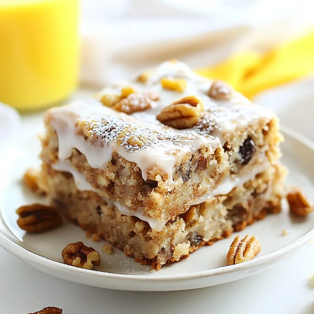 To make cinnamon roll oatmeal bars, gather these key items: - 2 cups rolled oats - 1 cup almond milk (or any milk of choice) - 1/4 cup maple syrup - 1/4 cup melted coconut oil - 1/4 cup packed brown sugar - 1 teaspoon vanilla extract - 1 teaspoon baking powder - 1 tablespoon ground cinnamon - 1/2 teaspoon salt These ingredients create a soft and chewy bar with a warm cinnamon flavor. You can swap some ingredients if needed: - Use regular milk instead of almond milk. - Replace coconut oil with butter for a different taste. - Agave syrup works well in place of maple syrup. - Use white sugar if you don’t have brown sugar. These swaps can help fit your dietary needs or what you have at home. For added crunch and flavor, consider these options: - 1/2 cup chopped pecans or walnuts - 1/2 cup raisins or dried cranberries These add-ins enhance the texture and provide a fun twist to the bars. You can mix and match based on what you enjoy! {{ingredient_image_1}} First, set your oven to 350°F (175°C) to preheat. This step helps the bars bake evenly. Next, take a 9x9-inch baking pan. Grease it with a bit of oil or use parchment paper. This will keep the bars from sticking. In a large bowl, add 2 cups of rolled oats. Pour in 1 cup of almond milk, or any milk you like. Then, add 1/4 cup of melted coconut oil, 1/4 cup of maple syrup, 1/4 cup of brown sugar, and 1 teaspoon of vanilla extract. Mix all these well. You want to see a smooth, creamy mixture. Now it's time to add the dry stuff. Sprinkle in 1 teaspoon of baking powder, 1 tablespoon of ground cinnamon, and 1/2 teaspoon of salt. Stir until it’s just mixed. If you want, fold in 1/2 cup of chopped nuts or 1/2 cup of raisins for extra flavor. This step gives your bars a nice crunch and sweetness. Pour the mixture into your prepared baking pan. Spread it out evenly. Bake this in your preheated oven for 25-30 minutes. You know it's ready when the edges turn golden brown. A toothpick inserted in the center should come out clean. Once done, let the bars cool in the pan for 10 minutes. Then, lift them out using the parchment paper and let them cool fully on a wire rack. While your bars cool, mix 1/4 cup of powdered sugar with 1 tablespoon of milk in a small bowl. Stir until it’s smooth. Once the bars are cool, drizzle this glaze on top. This adds a sweet finish to your delicious treats. To get the best texture in your cinnamon roll oatmeal bars, use rolled oats. They cook evenly and give a nice chew. Combine your wet and dry ingredients well but don’t overmix. This helps keep the bars fluffy. Bake them until the edges turn golden brown. A toothpick should come out clean from the center. Let them cool completely before slicing for the best shape. Serve these oatmeal bars warm for a cozy treat. They pair well with a cup of coffee or tea. You can also enjoy them with a dollop of yogurt. Drizzle some extra glaze on top for a sweet finish. For a fun twist, add fresh fruit like bananas or berries on the side. You can make these bars your own! Add chopped nuts like pecans or walnuts for crunch. Dried fruits like raisins or cranberries add sweetness. For a fun flavor, mix in chocolate chips or a pinch of nutmeg. You can even swap almond milk for coconut or oat milk. These small changes can create a whole new taste experience. Pro Tips Use Fresh Spices: Ensure your ground cinnamon and other spices are fresh for the best flavor. Stale spices can diminish the taste of your oatmeal bars. Customize Sweetness: Adjust the amount of maple syrup and brown sugar based on your preference for sweetness. You can also experiment with different sweeteners like agave or honey. Texture Variation: For a chewier texture, add more oats or reduce the liquid slightly. If you prefer a softer bar, stick to the original measurements. Perfect Glaze: To achieve a smooth glaze, add the milk gradually while mixing the powdered sugar until you reach your desired consistency for drizzling. {{image_2}} You can swap almond milk for any milk you like. Cow’s milk works great. Soy milk gives a nice creaminess. Coconut milk adds a tropical touch. Try oat milk for a smooth taste. Each milk brings its own flavor to the bars. This makes it fun to experiment! To make these bars gluten-free, use gluten-free rolled oats. You can skip the nuts if you want a nut-free version. Instead, add seeds like pumpkin or sunflower seeds for crunch. This keeps the texture nice without the nuts. You still get tasty bars that everyone can enjoy. You can change the flavor of the bars in fun ways. For a pumpkin spice version, add 1/2 cup of pumpkin puree. Mix in 1 teaspoon of pumpkin spice. Chocolate lovers can add 1/2 cup of chocolate chips instead of fruits. Even a dash of nutmeg can spice things up! Each flavor gives a new twist to your oatmeal bars. To keep your Cinnamon Roll Oatmeal Bars fresh, store them in an airtight container. Place parchment paper between layers to prevent sticking. They stay fresh for about five days at room temperature. If you want to keep them longer, consider refrigeration. In the fridge, they last for up to a week. Freezing is a great option for long-term storage. First, let the bars cool completely. Then, cut them into squares. Wrap each square in plastic wrap. Place the wrapped bars in a freezer bag or container. They can last in the freezer for about three months. When you're ready to enjoy, simply thaw them in the fridge overnight. Reheating your oatmeal bars is easy. For a warm treat, place a bar in the microwave for 15-20 seconds. You can also heat them in an oven set to 350°F (175°C) for about 5-10 minutes. This warms them up nicely and brings back their fresh-baked taste. Enjoy your bars warm with a drizzle of glaze for extra sweetness! No, steel-cut oats and rolled oats are quite different. Steel-cut oats take longer to cook. They won’t blend well in this recipe. Rolled oats are flat and absorb moisture better. This helps create soft and chewy bars. These bars stay fresh for about one week. Store them in an airtight container. Keep them at room temperature. You can also refrigerate them for longer freshness. Just remember to let them warm up before eating. Yes, you can easily make these bars vegan. Simply use plant-based milk like almond or oat milk. Substitute maple syrup for honey, as honey is not vegan. The other ingredients are already plant-based, so you’re good to go! If you don’t have maple syrup, try using agave nectar or honey. Both add sweetness and moisture. You could also use brown sugar mixed with a bit of water. This will mimic the syrup's texture and sweetness. In this article, we explored how to make delicious cinnamon roll oatmeal bars. We discussed the key ingredients, alternatives, and add-ins for flavor. I provided step-by-step baking instructions and shared tips for the perfect texture. You can create different variations and easily store your bars for later. Embrace this fun recipe and try your own twists. You’ll enjoy every bite!
