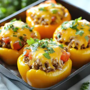 - 4 large bell peppers (any color) - 1 lb ground beef - 1 cup cooked rice (white or brown) - 1 can (15 oz) diced tomatoes, drained - 1 small onion, finely chopped - 2 cloves garlic, minced - 1 teaspoon ground cumin - 1 teaspoon chili powder - &frac12; teaspoon paprika - Salt and pepper to taste - 1 cup shredded cheese (cheddar or Mexican blend) - Fresh cilantro or parsley for garnish For stuffed bell peppers, I choose bell peppers for their sweet taste and vibrant colors. They add a nice crunch and flavor. Ground beef is my go-to protein, but you can use turkey or chicken too. Cooked rice gives the dish a hearty base. I like using diced tomatoes for moisture and texture. The onion and garlic create a savory foundation, while spices like cumin, chili powder, and paprika bring warmth and depth. Cheese adds creaminess and ties it all together. To elevate your stuffed peppers, consider adding: - Black beans for extra protein and fiber - Corn for sweetness and crunch - Jalape&ntilde;os for heat - Cooked quinoa as a healthy grain option - Different types of cheese, like pepper jack for a spicy kick These options let you personalize your dish and make it your own! {{ingredient_image_1}} Start by preheating your oven to 375&deg;F (190&deg;C). While it warms up, grab four large bell peppers. You can choose any color you like. Cut off the tops of the peppers and remove all the seeds and membranes. This step makes it easier to fill them later. Place the peppers upright in a baking dish, ready for their tasty filling. Now, let&rsquo;s make the beef and rice filling. In a large skillet, add a splash of olive oil over medium heat. Toss in a finely chopped small onion. Saut&eacute; it for about 3-4 minutes until it turns clear. Then, add two cloves of minced garlic and cook for one more minute. You want to smell that garlic! Next, add one pound of ground beef. Sprinkle in one teaspoon each of ground cumin, chili powder, and half a teaspoon of paprika. Season with salt and pepper. Cook this mixture until the beef is browned and fully cooked, which takes about 6-8 minutes. Stir in one cup of cooked rice and one can of drained diced tomatoes. Mix well and taste for seasoning. Adjust if needed. Now it&rsquo;s time to stuff the peppers! Spoon the beef and rice mixture into each prepared bell pepper. Pack it in gently. Top each pepper with a generous amount of shredded cheese. Cover the baking dish with aluminum foil. Bake your stuffed peppers in the preheated oven for 20 minutes. After that, remove the foil and bake for another 10-15 minutes. You want the cheese to melt and bubble, and the peppers to become tender. Once done, let them cool slightly before serving. Enjoy the savory delight of your stuffed bell peppers! To make stuffed peppers, start with fresh, firm bell peppers. Cut the tops off and remove the seeds. This keeps them upright and makes them easy to stuff. Pre-cook your filling. It helps flavors blend and makes the beef tender. Cook the onion and garlic first; they add depth. Always taste your filling before stuffing. You want to ensure the flavors work well together. You can add more spices for extra flavor. Try adding a pinch of cayenne for heat. Mixing in some corn or black beans gives more texture. Consider adding a dash of hot sauce for a kick. If you like herbs, fresh cilantro or parsley on top adds freshness. Don't forget the cheese! It melts beautifully and adds richness. Serve your stuffed peppers with a side salad for a fresh contrast. A simple green salad with a lemon vinaigrette works great. You can also pair them with rice or quinoa to soak up the flavors. For a fun twist, serve with tortilla chips and salsa. Don&rsquo;t skip the sour cream or avocado crema; they add creaminess. Pro Tips Choose Colorful Peppers: Opt for a mix of bell pepper colors to make your dish visually appealing and vibrant. Customize Your Filling: Feel free to add black beans, corn, or diced jalape&ntilde;os to the beef mixture for extra flavor and texture. Adjust Spiciness: If you prefer a spicier kick, add some cayenne pepper or hot sauce to the beef mixture. Make Ahead: Prepare the stuffed peppers ahead of time, cover them, and refrigerate until you're ready to bake them for a quick weeknight meal. {{image_2}} You can easily make a vegetarian version of stuffed bell peppers. Instead of beef, use black beans or lentils. Both options are protein-rich and tasty. You can also add corn, zucchini, and mushrooms for extra flavor. Use quinoa instead of rice for a healthy twist. Add spices like cumin and chili powder for warmth. Top it off with cheese or a dairy-free alternative for creaminess. If you want to switch up the meat, there are many choices. Ground turkey or chicken works well and keeps it lighter. For a richer taste, try ground lamb or pork. You can also use sausage for a zesty kick. Each option brings its own flavor, so feel free to experiment. Just remember to season well, as some meats may need more spices. For those who love heat, consider adding jalape&ntilde;os or crushed red pepper to the beef mix. You can also use spicy sausage instead of regular ground beef. Another fun idea is to mix in some diced green chilies into the filling. Top your peppers with pepper jack cheese for extra spice. Serve with a side of salsa or hot sauce for those who want even more heat. To store leftovers, let the stuffed peppers cool down. Then, place them in an airtight container. You can keep them in the fridge for up to three days. If you use a glass container, it helps keep them fresh. Always label your containers with the date. This helps you track how long they have been stored. When you are ready to eat, reheating is easy. Preheat your oven to 350&deg;F (175&deg;C). Place the stuffed peppers in a baking dish. Cover them with foil to keep them moist. Heat them for about 20 minutes. If you want a crispy top, remove the foil for the last 5 minutes. You can also use the microwave. Heat them in 1-minute intervals until warm. Just be careful not to overcook. Freezing stuffed peppers is a great way to save time. After cooking and cooling, wrap each pepper tightly in plastic wrap. Then, place them in a freezer bag or container. They can last in the freezer for about three months. When you want to enjoy them, thaw them in the fridge overnight. Bake them at 350&deg;F (175&deg;C) until heated through. This keeps them tasting fresh and delicious. Yes, you can use many types of rice. Brown rice adds a nutty flavor. Jasmine rice gives a sweet aroma. Quinoa is a great gluten-free option. Each type changes the taste and texture. You can mix them too for fun. Bake the stuffed peppers for about 30 to 35 minutes. Cover them with foil for the first 20 minutes. Remove the foil for the last 10 to 15 minutes. This helps the cheese melt and bubble. The peppers should be tender when done. Try ground turkey or chicken if you want a leaner option. Plant-based meat substitutes work well too. You can even use lentils or beans for a vegetarian choice. Each option brings its own flavor and texture. Stuffed peppers are a healthy meal choice. They are low in carbs and high in vitamins. Bell peppers are full of fiber and antioxidants. The filling gives you protein and grains. It&rsquo;s a balanced dish that can fit many diets. Yes, you can prepare the stuffed peppers ahead of time. Make the filling and stuff the peppers. Store them in the fridge for up to 24 hours. When ready, just bake them as directed. This makes dinner easy on busy nights! Stuffed peppers bring joy to any meal. We covered the key ingredients, cooking steps, and tips for great flavor. You learned about variations, storage, and FAQs for your cooking questions. Make stuffed peppers your own by trying new ingredients or recipes. Enjoy the dish fresh or save some for later. These easy steps help create a tasty and healthy meal. Start cooking and share it with others!