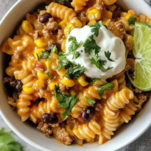 For a tasty Cheesy One Pot Taco Pasta, gather these ingredients: - 1 tablespoon olive oil - 1 pound ground beef (or turkey) - 1 onion, diced - 2 cloves garlic, minced - 1 packet taco seasoning - 1 can (14.5 oz) diced tomatoes with green chilies - 3 cups beef or vegetable broth - 8 oz rotini or penne pasta - 1 cup corn kernels (fresh, frozen, or canned) - 1 cup black beans, drained and rinsed - 1 cup shredded cheddar cheese - 1 cup shredded Monterey Jack cheese - Salt and pepper to taste - Fresh cilantro, chopped (for garnish) - Sour cream and lime wedges (for serving) Each ingredient plays an important role in the dish's flavor. The ground beef gives a hearty base, while the diced tomatoes add a nice tang. Taco seasoning brings all the spices together, making it taste just like your favorite taco. The cheeses not only melt beautifully but also provide a creamy texture that makes every bite delightful. The corn and black beans add color and nutrition, making this meal both fun and satisfying. You can mix and match proteins and cheeses to suit your taste. This recipe is flexible, so feel free to swap in your favorites. Enjoy creating your own version of this easy and delicious meal! {{ingredient_image_1}} - Heat olive oil and cook meat: In a large pot, heat 1 tablespoon of olive oil over medium heat. Add 1 pound of ground beef or turkey. Cook for about 5-7 minutes. Break up the meat as it cooks. Make sure it turns brown. You can drain any excess fat if needed. - Saut&eacute; onion and garlic: Next, add 1 diced onion and 2 minced garlic cloves. Cook for 3-4 minutes. This will make the onion soft and clear. The smell will be amazing. - Add taco seasoning and tomatoes: Stir in 1 packet of taco seasoning. Mix it well. Let it cook for 1-2 minutes. Then, pour in 1 can of diced tomatoes with green chilies. Keep mixing to combine all the flavors. - Stir in broth and uncooked pasta: Now, add 3 cups of beef or vegetable broth. Then, stir in 8 ounces of uncooked rotini or penne pasta. Bring everything to a gentle boil and cover the pot. - Add corn and black beans: Reduce the heat to a simmer. Cook for 12-15 minutes until the pasta is al dente. Stir occasionally to keep it from sticking. Once done, add 1 cup of corn and 1 cup of black beans that are drained and rinsed. - Incorporate cheeses and season: Gradually mix in 1 cup each of shredded cheddar and Monterey Jack cheeses. Stir until the cheese melts and makes everything creamy. Season with salt and pepper to taste. Remove the pot from heat. This dish is easy to make and packed with flavor! - Preventing pasta from sticking: Stir the pasta well while it cooks. This helps keep it loose. If you feel some pasta is sticking, add a splash of broth or water. It will help separate the pasta. - Adjusting seasoning to taste: After cooking, taste your dish. If it needs more flavor, add salt, pepper, or more taco seasoning. You can even add some lime juice for a zesty kick. - Making ahead and freezing options: You can cook this meal ahead of time. After it cools, place it in a freezer-safe container. It will last for up to three months in the freezer. Just remember to label it! - Reheating suggestions: To reheat, thaw in the fridge overnight. Heat in a pot over low heat, adding a splash of broth to keep it moist. Stir often until hot. You can also use a microwave. Heat in short bursts, stirring in between, until warm. Pro Tips Cook Pasta Al Dente: To ensure the pasta maintains its texture, cook it just until al dente as it will continue to absorb liquid and soften after removing from heat. Use Fresh Ingredients: For the best flavor, opt for fresh garlic, onions, and cilantro. Fresh ingredients can elevate the dish significantly. Customize Your Cheese: Feel free to mix and match different cheeses based on your preference or what you have on hand. Pepper Jack adds a nice kick! Make It Vegetarian: Substitute the ground beef with lentils or a meat alternative and use vegetable broth to make this dish vegetarian-friendly. {{image_2}} You can easily change the meat in this dish. Ground turkey or chicken works well instead of beef. These lean meats keep it healthy and light. If you're looking for vegetarian options, try using lentils or chickpeas. They add great texture and protein. The cheese you choose can change the flavor. For a different taste, mix in pepper jack or gouda. These cheeses bring a nice kick to your dish. If you need dairy-free options, try using vegan cheese. It melts nicely and keeps the dish creamy. To keep your Cheesy One Pot Taco Pasta fresh, store leftovers in an airtight container. This helps to keep moisture in and odors out. You can keep it in the fridge for up to three days. For longer storage, freeze it in a freezer-safe container. It will last for about three months in the freezer. Remember to label the container with the date you made it. This way, you know how long it has been stored. When it's time to enjoy your leftovers, you have a couple of safe reheating options. The microwave is quick and easy. Just place the pasta in a microwave-safe bowl and cover it with a lid or wrap. Heat it in 30-second intervals, stirring in between, until hot. If you prefer the stovetop, heat a pan over low heat. Add a splash of broth or water to help the pasta warm evenly. Stir frequently until heated through. Both methods work great, so choose what fits your schedule! Can I use whole grain pasta? Yes, you can use whole grain pasta. It adds fiber and taste. Just cook it a bit longer if needed. What can I substitute for taco seasoning? You can make your own mix. Use chili powder, cumin, garlic powder, and paprika. This way, you control the spice level. Is this recipe gluten-free? To make it gluten-free, use gluten-free pasta. Check your broth and taco seasoning too. They should both be gluten-free. Can I add vegetables? Absolutely! You can add bell peppers, zucchini, or spinach. Just add them with the onion for the best flavor. How spicy is this dish? This dish can be mild or spicy. It depends on the taco seasoning. Choose a mild blend for less heat or a spicy one for more kick. This blog shared how to make Cheesy One Pot Taco Pasta. We covered the ingredients, cooking steps, and useful tips. You learned how to make this dish your own with swaps for protein and cheese. Storing and reheating leftovers is easy with the right techniques. Enjoy making this tasty meal for family or friends. It&rsquo;s quick, fun, and packed with flavor. Don&rsquo;t hesitate to experiment with your favorite add-ins. With this recipe, you have all you need for a satisfying dinner. Now, let&rsquo;s get cooking!