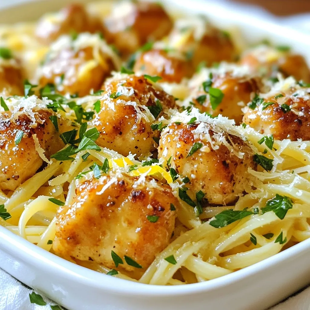 - 1 pound chicken breast, cut into bite-sized pieces - 4 tablespoons unsalted butter - 4 cloves garlic, minced - 8 ounces pasta (your choice, such as spaghetti or fettuccine) Chicken breast is the star here. It’s tender and cooks quickly. Choose fresh chicken for the best taste. I like to cut it into small bites for even cooking. Garlic and butter create a rich flavor. Garlic adds a nice kick, while butter keeps the chicken moist. Use unsalted butter to control the salt level. You can use any pasta you love. Spaghetti and fettuccine work well. Just make sure to cook the pasta until it is al dente for the best texture. - 1 teaspoon Italian seasoning - Salt and pepper to taste - ½ cup grated Parmesan cheese - ¼ cup fresh parsley, chopped - Zest of 1 lemon (optional) Italian seasoning adds a herby touch. It blends well with garlic and chicken. Adjust salt and pepper according to your taste. Parmesan cheese is a must. It gives a creamy finish to the pasta. You can sprinkle more on top for extra flavor. Fresh parsley adds color and freshness. Chop it finely and mix it in just before serving. If you want a zesty twist, add lemon zest. It brightens the dish beautifully. These ingredients come together to create a simple but flavorful meal. Each step builds layers of taste, making this dish a delight for all. {{ingredient_image_1}} 1. Start by boiling a large pot of salted water. I like to bring it to a rolling boil. 2. Add your pasta to the water. Cook according to the package instructions until it’s al dente. This usually takes about 8-10 minutes. 3. Once the pasta is done, reserve ½ cup of that tasty pasta water. This water will help your sauce later. 4. Drain the pasta and set it aside. Make sure to shake off any excess water. 1. In a large skillet, melt 2 tablespoons of butter over medium heat. Let it melt fully. 2. Add the minced garlic to the skillet. Sauté it for about 1 minute until it smells amazing. Be careful not to let it burn. 3. Now, raise the heat to medium-high. Add the bite-sized chicken pieces to the skillet. 4. Season the chicken with Italian seasoning, salt, and pepper. Cook for 5-7 minutes, stirring often. You want the chicken to be golden brown and cooked through. 1. Once your chicken is ready, add the remaining 2 tablespoons of butter to the skillet. Stir until it melts completely. 2. Pour in the reserved pasta water and add the drained pasta. Toss everything together to create a rich, buttery sauce. 3. Sprinkle in the grated Parmesan cheese. Mix well until the pasta is nicely coated. 4. If you like, add some lemon zest for a fresh touch. 5. Remove from heat and garnish with fresh parsley. Make sure everything is mixed well before serving. - Avoiding burnt garlic: Cook garlic over medium heat. Watch it closely. Garlic can burn fast. When it turns golden, it is ready. - Ensuring perfectly cooked pasta: Boil pasta in salted water. Follow the package instructions. Test it a minute early for al dente. This means it should still have a slight bite. - Presentation ideas for serving: Use large bowls for serving. Sprinkle extra Parmesan and parsley on top. Add a lemon wedge for color and flavor. It looks great and tastes fresh. - Pairing options for a complete meal: Garlic Butter Chicken Bites go well with a simple green salad or garlic bread. You can also serve it with steamed veggies for a healthy touch. - Overcooking chicken: Cook chicken until golden brown. Check for a temp of 165°F. If it cooks too long, it can dry out. - Not reserving enough pasta water: Save at least ½ cup of pasta water. It helps make the sauce creamy. If you forget, the pasta can be too dry. Pro Tips Use Fresh Garlic: Freshly minced garlic provides a more vibrant flavor compared to pre-minced varieties. Always opt for fresh when possible! Perfect Pasta Cooking: To achieve perfectly al dente pasta, follow the package instructions closely and taste a strand a minute before the suggested cooking time. Butter Temperature: Allow the butter to melt over medium heat to prevent it from browning too quickly, which can add an undesirable flavor to your dish. Garnish with Citrus: Adding lemon zest not only brightens the dish but also enhances the overall flavor profile. A squeeze of fresh lemon juice before serving can elevate it even more! {{image_2}} If you want to switch up the protein, shrimp or tofu work well. Shrimp cooks quickly and adds a sweet flavor. Tofu gives a nice texture and absorbs all the tasty garlic butter. For pasta, feel free to use any shape you like. Penne, rotini, or even whole wheat pasta can make this dish your own. Adding vegetables can make this dish even better. Spinach wilts nicely into the warm pasta, adding color and nutrition. Sun-dried tomatoes bring a tangy kick. You can also play with cheese. Instead of Parmesan, try Pecorino Romano or a creamy goat cheese. These will give a different twist to the dish. For a gluten-free option, use gluten-free pasta. There are many great brands out there that taste just as good. If you're dairy-free, swap butter with olive oil or a plant-based butter. Nutritional yeast can replace cheese, giving a cheesy flavor without dairy. These options keep the dish delicious while meeting dietary needs. To keep your garlic butter chicken bites fresh, store leftovers in the fridge. Use airtight containers to prevent moisture loss. Make sure to cool the dish before sealing it. This helps it stay tasty for up to three days. You can reheat your chicken bites in a few ways. The best method is using a skillet. Heat it over medium heat. Add a splash of water or chicken broth to keep it moist. Stir occasionally for about 5-7 minutes until heated through. You can also use a microwave. Place the dish in a microwave-safe bowl and cover it with a damp paper towel. Heat in 30-second intervals until warm. To freeze the dish, let it cool completely first. Then, place it in a freezer-safe container. You can also use freezer bags, removing as much air as you can. This helps prevent freezer burn. It can last for up to three months in the freezer. When ready to eat, defrost it in the fridge overnight. Reheat using the skillet method to regain its original flavor. It takes about 25 minutes to make this dish. - Prep time: 10 minutes - Cook time: 15 minutes This quick meal fits into busy days. You can have dinner ready in no time. Yes, you can prep some parts in advance. - Chicken: Cut it into bite-sized pieces and store it in the fridge. - Pasta: Cook it ahead of time and toss it with a little oil to prevent sticking. - Garlic butter: You can mix butter and garlic in advance. Assemble everything when you're ready to eat. This saves time and stress during busy nights. A few sides work well with this dish. - Steamed broccoli: Adds nice color and nutrition. - Garlic bread: A classic choice that complements the garlic flavor. - Caesar salad: A crisp side that balances the richness. These options make for a complete and tasty meal. In this article, we explored how to make Garlic Butter Chicken Bites with Parmesan Pasta. We covered key ingredients like chicken, garlic, and pasta, along with seasonings and garnishes. I shared step-by-step instructions for cooking and combining flavors, plus tips to avoid common mistakes. You can adapt this dish to suit various diets and store leftovers with ease. Remember, cooking can be fun and easy. With practice, you’ll create a meal that impresses everyone. Enjoy your cooking journey!