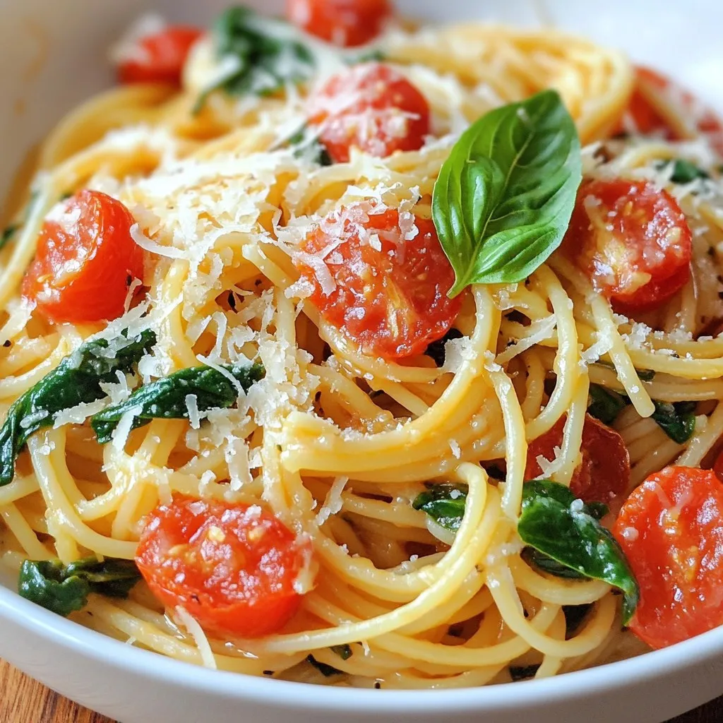 - 8 oz spaghetti or any pasta of your choice - 3 tablespoons olive oil - 4 cloves garlic, minced - 1 small onion, finely chopped - 1 can (14 oz) diced tomatoes (with juices) - 4 cups fresh spinach, roughly chopped - 1 teaspoon dried oregano - 1 teaspoon red pepper flakes (adjust to taste) - Salt and pepper to taste - Fresh basil leaves for garnish - Grated Parmesan cheese for serving (optional) When cooking, use a kitchen scale for precise measurements. This helps ensure even cooking. Choose high-quality olive oil for the best flavor. Fresh garlic and spinach will enhance the taste. Look for vibrant, crisp spinach leaves. Use canned tomatoes with no added sugar for a pure flavor. You can swap spaghetti for whole grain or gluten-free pasta. Instead of olive oil, try avocado oil for a different flavor. If you don’t have fresh spinach, use frozen spinach. Just make sure to thaw and drain it first. For a milder taste, you can leave out the red pepper flakes. If you prefer a cheesy touch, nutritional yeast works well in place of Parmesan. {{ingredient_image_1}} First, fill a large pot with water and add salt. Bring the water to a boil. Add 8 oz of your favorite pasta, like spaghetti. Cook the pasta until it is al dente, which means it should still have a little bite. This usually takes about 8 to 10 minutes. Once done, save 1 cup of the pasta water. Drain the pasta and set it aside. Next, grab a large skillet and pour in 3 tablespoons of olive oil. Heat the oil over medium heat. Add 4 minced garlic cloves and 1 small finely chopped onion. Sauté them for about 2 to 3 minutes. You want the garlic to be fragrant and the onion to turn translucent. Now, it's time to add flavor. Pour in 1 can of diced tomatoes with their juices. Also, add in 1 teaspoon of dried oregano and 1 teaspoon of red pepper flakes. Season with salt and pepper to taste. Let this mixture simmer for about 5 minutes. This helps to blend all the flavors together. After that, toss in 4 cups of roughly chopped fresh spinach. Cook it for another 2 to 3 minutes until the spinach wilts. Finally, add your drained pasta to the skillet. Toss everything together well. If the sauce seems too thick, add some of that reserved pasta water a little at a time. This will help create the right sauce consistency. Once combined, plate the pasta and garnish with fresh basil leaves. If you like, sprinkle some grated Parmesan cheese on top before serving. Enjoy your delicious meal! To cook perfect pasta, start with a large pot. Use plenty of salted water. This helps the pasta taste better. Bring the water to a rolling boil first. Add your spaghetti and stir it well. Follow the package instructions for cooking time. You want it al dente, which means firm but not hard. Before draining, save a cup of pasta water. This starchy water helps the sauce stick later. Enhancing flavors is key to a tasty dish. Start by sautéing garlic and onion together. This releases a wonderful aroma that fills the kitchen. Use olive oil to add richness. When you add tomatoes, don’t forget the juices. They add moisture and depth. Dried oregano and red pepper flakes bring warmth and spice. Adjust the heat to your liking. Adding fresh spinach at the end keeps its bright color and nutrients. Making this dish ahead is easy and smart. Cook the pasta and sauce separately. This keeps the pasta from becoming mushy. Store the sauce in a container in the fridge. It will last for about three days. When you’re ready to eat, reheat the sauce. Mix it with your cooked pasta and a splash of reserved water. This keeps everything fresh and flavorful. You can even freeze the sauce for later use. Pro Tips Perfect Pasta: Always cook pasta al dente for the best texture and to prevent it from becoming mushy when mixed with the sauce. Flavor Boost: For an extra layer of flavor, consider adding a splash of balsamic vinegar or a squeeze of lemon juice to the tomato and spinach mixture. Cheese Variations: Experiment with different cheeses like feta or goat cheese for a unique twist on the classic Parmesan topping. Meal Prep: This dish is great for meal prepping; simply store in airtight containers and reheat for a quick lunch or dinner. {{image_2}} You can easily boost this dish with protein. Grilled chicken adds a nice flavor. Cook the chicken in the skillet before adding the garlic and onion. Shrimp is another great option. Toss shrimp in at the same time as the spinach. For a plant-based choice, use tofu. Cube it and sauté it with garlic and onion. This way, you get a meal that fills you up and tastes amazing. To make this dish vegan, skip the cheese. Instead, use nutritional yeast for a cheesy flavor. You can also add a splash of lemon juice. This adds brightness and balances the flavors. Make sure to check your pasta for egg. Some pasta contains eggs, so choose a vegan option. You can still enjoy a creamy texture by adding a splash of coconut milk. Feel free to mix in other veggies. Bell peppers, zucchini, or mushrooms all work well. Just sauté them with the garlic and onion. You can also use kale instead of spinach. It gives a different texture and taste. For a bit of crunch, add some broccoli florets. This not only adds flavor but also boosts nutrition. Enjoy experimenting with what you love! After making Garlicky Spinach Tomato Pasta, let it cool. Store leftovers in an airtight container. Keep the pasta in the fridge for up to three days. If you want to keep it longer, consider freezing it. To reheat, pour the pasta into a skillet. Add a splash of water or olive oil. Heat over medium heat, stirring often. This method keeps the pasta moist and tasty. You can also use the microwave. Heat in short bursts, stirring in between, until warm. For freezing, place the cooled pasta in a freezer-safe bag. Remove as much air as possible before sealing. Label the bag with the date. It can last up to three months in the freezer. When ready to eat, thaw it overnight in the fridge before reheating. To make Garlicky Spinach Tomato Pasta vegan, skip the Parmesan cheese. Use nutritional yeast for a cheesy flavor. Ensure your pasta is egg-free. Most dried pasta is vegan, but check the label. Yes, you can use any pasta you like! Rotini, penne, or whole wheat pasta all work well. Just adjust the cooking time based on the type of pasta you choose. You can serve this pasta with a fresh salad or garlic bread. Grilled vegetables also make a great side. For protein, consider adding grilled chicken or shrimp. Garlicky Spinach Tomato Pasta lasts about 3 to 4 days in the fridge. Store it in an airtight container. To reheat, add a splash of water to keep it moist. You learned about the key ingredients and how to use them well. Cooking steps, tips, and meal ideas help make your dish tasty. I shared how to store leftovers and answered common questions. Now, you can create your own Garlicky Spinach Tomato Pasta with confidence. Enjoy your cooking and share it with others. Keep exploring new flavors and variations. Happy cooking!