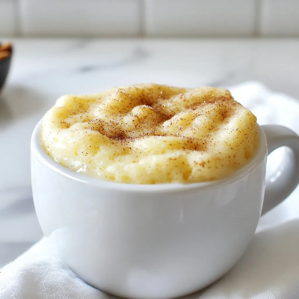 To make a Snickerdoodle Mug Cake, you need: - 4 tablespoons all-purpose flour - 2 tablespoons granulated sugar - 1/8 teaspoon baking powder - 1/8 teaspoon salt - 1 tablespoon unsalted butter, melted - 3 tablespoons milk - 1/4 teaspoon vanilla extract - 1 teaspoon cinnamon sugar (for topping) Measuring your ingredients right is key to a great mug cake. Use dry measuring cups for flour and sugar. Fill the cup, then level it with a straight edge. For liquids, use a clear measuring cup and check at eye level. This way, you avoid mistakes. If you measure with care, the cake will turn out fluffy and tasty. You might not have all ingredients on hand, and that’s okay! Here are some swaps: - Replace all-purpose flour with gluten-free flour for a gluten-free option. - Use brown sugar instead of granulated sugar for a deeper flavor. - Swap melted butter with coconut oil for a dairy-free option. - Almond milk can substitute regular milk if you need a non-dairy choice. These swaps let you enjoy the cake without missing out on flavor! {{ingredient_image_1}} First, grab a microwave-safe mug. Add 4 tablespoons of all-purpose flour. Next, put in 2 tablespoons of granulated sugar. Then, add 1/8 teaspoon of baking powder and 1/8 teaspoon of salt. Mix these dry ingredients well. I like to use a fork for this. Make sure there are no lumps. This mix is the base for your cake. Now, it’s time to add the wet ingredients. Pour in 1 tablespoon of melted unsalted butter. Then, add 3 tablespoons of milk. Don’t forget to include 1/4 teaspoon of vanilla extract. Mix everything together until you have a smooth batter. Scrape the bottom of the mug to mix well. The batter should be thick but pourable. If you want, sprinkle in a pinch of cinnamon sugar. This adds extra flavor. Put the mug in the microwave. Cook it on high for about 1 minute and 30 seconds. Microwaves can vary, so check for doneness at 1 minute. The cake should rise and feel set in the middle. If it looks wet, give it a few more seconds. After cooking, let it cool for a couple of minutes. You can add more cinnamon sugar on top if you like. Now, you’re ready to enjoy your Snickerdoodle mug cake! To get that soft and fluffy texture, mix the dry ingredients well. This step prevents lumps. When you add the wet ingredients, stir until the batter is smooth. Scrape the mug's bottom to mix everything nicely. Do not over-mix; this can make the cake tough. Aim for a thick but pourable consistency. Remember, the microwave cooks quickly, so stop once the cake rises and sets. One common mistake is overcooking the cake. Microwaves vary, so check at one minute. If it still looks wet, add another 10 seconds. Another mistake is using the wrong mug. Use a large, microwave-safe mug to allow room for the cake to rise. Don’t skip the cinnamon sugar on top; it gives that classic snickerdoodle flavor. Lastly, avoid using cold ingredients; room temperature works better for mixing. Serve your Snickerdoodle mug cake warm. You can add a scoop of ice cream or whipped cream on top. A drizzle of caramel sauce adds a nice touch too. For extra flavor, sprinkle more cinnamon sugar before serving. Pair it with a cup of coffee or milk for a sweet treat. Enjoy it right from the mug for a cozy dessert experience! Pro Tips Use Room Temperature Ingredients: Allow your butter and milk to come to room temperature for a smoother batter that mixes easily and bakes evenly. Microwave Variability: Microwaves vary in power; start with a shorter cook time and add additional seconds as needed to avoid overcooking. Cinnamon Sugar Ratio: For an extra flavor kick, try adjusting the cinnamon and sugar ratio in your topping to suit your taste. Serving Suggestions: Enhance your mug cake by adding a scoop of ice cream or a dollop of whipped cream on top before serving. {{image_2}} You can add fun flavors to your Snickerdoodle mug cake. Try mixing in chocolate chips. They melt and add a rich taste. You can also use nuts like walnuts or pecans. They give a nice crunch. Just stir them in with the wet ingredients for a tasty twist. If you need a gluten-free option, swap the all-purpose flour for almond flour. It works well and keeps the cake moist. Another option is to use a gluten-free flour blend. Make sure it has a good mix of starches and proteins for the best texture. To make a vegan mug cake, replace the milk with almond milk or oat milk. For the butter, use coconut oil or vegan butter. You can also use flaxseed meal mixed with water instead of an egg to help bind the ingredients. This way, everyone can enjoy this sweet treat! To store your leftover mug cake, let it cool first. Cover the mug with plastic wrap. You can also use a small plate to cover it. This keeps the cake moist. If you have extra cake, put it in an airtight container. Store it in the fridge for best results. When you want to eat leftover mug cake, reheat it in the microwave. Start with 10 to 15 seconds. Check if it's warm. If not, add a few more seconds. This way, your cake stays soft and yummy. Avoid overheating, as it can dry out. The shelf life of your Snickerdoodle mug cake is about 2 to 3 days in the fridge. If you freeze it, it can last up to 1 month. Just remember to wrap it well to avoid freezer burn. Enjoy your mug cake while it’s fresh for the best taste! It takes about 1 minute and 30 seconds to cook a Snickerdoodle Mug Cake in the microwave. However, microwave times vary. Start checking for doneness at 1 minute. The cake should rise and feel set in the middle. If it’s not done, cook for another 10-15 seconds. Yes, you can use any microwave-safe mug. Just make sure it holds at least 8 ounces. This helps the cake rise without spilling over. Avoid using metal mugs or those with decorative elements that may not be microwave-safe. You can double the recipe, but it needs careful attention. Use a larger mug or bowl to hold more batter. Microwaving time may also increase. Start with 2 minutes and check for doneness. If it is not done, add small increments of time. This blog post covered how to make a great mug cake. We talked about the right ingredients, how to measure them, and what substitutions work. You learned step-by-step instructions to prepare and microwave the cake. I shared tips for perfect texture and common mistakes to avoid. Also, we explored fun variations and how to store your cake. Enjoy your mug cake and feel free to experiment with flavors. Happy baking!