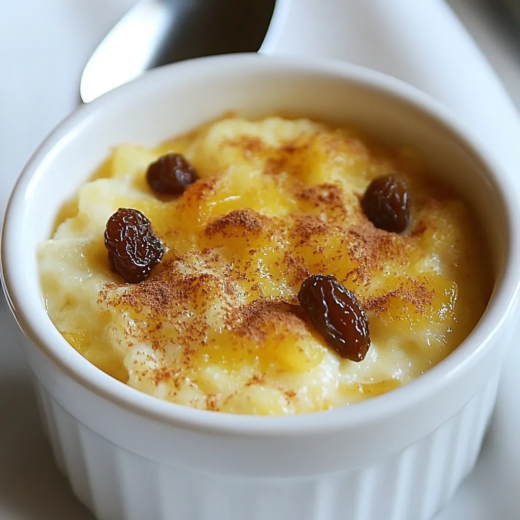 To make this creamy treat, you need these key items: - 1 cup uncooked rice (short grain or arborio for creaminess) - 2 cups water - 2 cups whole milk - 1 can (14 oz) sweetened condensed milk - 2 large eggs - 1 teaspoon vanilla extract - 1/2 teaspoon ground cinnamon - Pinch of salt These ingredients blend well to create a rich flavor. The rice gives the pudding its base, while the sweetened condensed milk adds a creamy sweetness. You can elevate your pudding with these optional items: - 1/4 teaspoon nutmeg - 1/2 cup raisins or currants - Zest of 1 lemon or orange Adding nutmeg gives a warm spice note. Raisins or currants add a fruity touch. Citrus zest brightens the flavor, making it lively. Feel free to try these fun twists: - Use coconut milk instead of whole milk for a tropical flair. - Swap in brown rice for a nuttier taste. - Add chocolate chips for a sweet surprise. These variations let you customize your pudding to your liking. Each choice offers a new taste experience. Experiment and enjoy! {{ingredient_image_1}} Start by preheating your oven to 350°F (175°C). This ensures a perfect bake. Next, rinse 1 cup of uncooked rice under cold water. Rinsing removes extra starch. You want the water to run clear. In a medium pot, combine the rinsed rice with 2 cups of water. Bring this to a boil, then lower the heat. Cover and let it simmer for about 15-20 minutes. The rice should be tender and the water absorbed. Once done, remove it from heat and set it aside. In a large bowl, whisk together 2 cups of whole milk, 1 can (14 oz) of sweetened condensed milk, and 2 large eggs. Add 1 teaspoon of vanilla extract, 1/2 teaspoon of ground cinnamon, and a pinch of salt. If using, add 1/4 teaspoon of nutmeg for extra flavor. Mix until the mixture is smooth. After the rice cools a bit, stir it into the milk mixture. If you wish, fold in 1/2 cup of raisins or currants and the zest of 1 lemon or orange. These add great flavor. Pour the rice mixture into a greased baking dish, about 9x9 inches. Place it in your preheated oven. Bake for 45-50 minutes. You want the top to be golden brown and the pudding to be set. It should jiggle slightly in the center when done. After baking, allow the pudding to cool slightly. You can slice it into squares or scoop it into bowls. For a nice touch, serve it warm or chilled with extra cinnamon on top. A drizzle of condensed milk adds sweetness too. To make your rice pudding creamy, use short-grain rice like arborio. This rice releases starch, which adds creaminess. Rinse the rice well to remove excess starch. Cook the rice until tender, but don't overcook it. Mixing the rice with whole milk and sweetened condensed milk creates a rich texture. Bake it until the top is golden for a nice finish. Avoid using long-grain rice; it won't provide the same creamy feel. Don't skip rinsing the rice. This step is key to preventing clumping. Watch the baking time closely. Overbaking will dry out the pudding. If it jiggles slightly in the center, it's perfect. If you add raisins or currants, make sure to fold them in gently. This keeps them evenly distributed. Serve the pudding warm or chilled. Dust the top with cinnamon for an extra touch. For added sweetness, drizzle more condensed milk on top. It pairs well with fresh fruits like berries or banana slices. You can also serve it with a scoop of ice cream for a delightful treat. Pro Tips Use Short Grain Rice: For a creamier texture, opt for short grain rice or arborio. These types absorb milk better and yield a richer pudding. Cool the Rice: Allow the cooked rice to cool slightly before mixing it with the milk mixture. This prevents the eggs from scrambling when added. Check for Doneness: When baking, the pudding should be golden brown on top and have a slight jiggle in the center. This indicates it’s set but still creamy. Flavor Variations: Experiment with different spices or extracts, such as almond extract or cardamom, to add unique flavors to your rice pudding. {{image_2}} You can choose different types of rice for your pudding. Short grain rice, like arborio, gives a creamy texture. Sushi rice also works well. Long grain rice is less creamy, but it cooks nicely too. Each rice brings its own flavor and feel. Experiment to find your favorite! Adding flavors can make your pudding even better. Try mixing in dried fruits like raisins or currants for sweetness and texture. If you like citrus, add lemon or orange zest for a fresh twist. A splash of coconut milk can add richness. For a touch of spice, you could include cardamom or ginger. Get creative and make it your own! If you want to switch up the sweetness, consider alternatives to condensed milk. Maple syrup or honey can add a unique flavor. Agave syrup is another option for a lighter touch. You could also use brown sugar for a deeper taste. Adjust the amount to suit your sweetness level. To keep your condensed milk baked rice pudding fresh, let it cool first. Once it’s cool, cover it tightly with plastic wrap or foil. You can also use an airtight container. This helps keep it moist and tasty. Store it in the fridge for up to five days. When ready to enjoy leftovers, take out what you need. Place it on a microwave-safe plate. Heat it in the microwave for about 30 seconds to a minute. If you like, add a splash of milk to make it creamy again. Stir it well before eating. If you want to save some for later, you can freeze it. Cut the rice pudding into squares. Wrap each square in plastic wrap, then place them in a freezer bag. Squeeze out the air to prevent freezer burn. It can stay in the freezer for up to three months. When you’re ready, thaw it in the fridge overnight before reheating. Yes, you can make this recipe without eggs. You can use a mix of cornstarch and water. For every egg, use 2 tablespoons of cornstarch mixed with 3 tablespoons of water. This keeps the pudding creamy. It also helps bind the ingredients. To make rice pudding without condensed milk, use regular milk or almond milk. You can add sugar to taste, about 1/2 cup. Use 2 cups of milk with 1/2 cup of sugar. This gives it sweetness and creaminess like condensed milk. Serve baked rice pudding warm or chilled. Dust it with cinnamon for extra flavor. You can drizzle more condensed milk on top if you like it sweeter. It pairs well with fresh fruit or whipped cream, too! In this post, I covered the key ingredients for condensed milk baked rice pudding and shared step-by-step instructions. We explored tips for a creamy texture, common mistakes to avoid, and variations to try. Proper storage and reheating methods ensure your pudding stays fresh. Remember, you can customize this dish with different rice types, sweeteners, and flavors. Enjoy making this simple yet tasty dessert! Your creativity can lead to delicious results every time.
