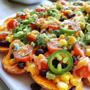 For Loaded Sweet Potato Nachos, you will need: - 2 large sweet potatoes - 1 tablespoon olive oil - 1 teaspoon smoked paprika - 1 teaspoon garlic powder - Salt and pepper to taste - 1 cup black beans, rinsed and drained - 1 cup corn (canned or frozen) - 1 cup cherry tomatoes, halved - 1 jalape&ntilde;o, sliced (optional for spice) - 1 cup shredded cheddar cheese or a dairy-free alternative - 1 avocado, diced - &frac14; cup fresh cilantro, chopped - Sour cream or Greek yogurt for drizzling (optional) These ingredients come together to create a dish that is both hearty and full of flavor. Sweet potatoes serve as the base, providing a natural sweetness that balances well with the savory toppings. You can elevate your nachos with: - Extra fresh cilantro - Lime wedges - Sliced green onions - Pickled jalape&ntilde;os These garnishes add brightness and extra flavor. They make your nachos look even more appealing. If you have dietary needs, consider these swaps: - Use olive oil or avocado oil for a healthier fat. - Opt for nutritional yeast instead of cheese for a vegan option. - Replace black beans with chickpeas for a different texture. - Use a dairy-free sour cream for those avoiding dairy. These substitutions help you enjoy Loaded Sweet Potato Nachos while fitting your diet. They ensure everyone at the table can dig in and enjoy! {{ingredient_image_1}} First, wash the sweet potatoes well. Dry them with a towel. Now, slice the sweet potatoes into thin rounds. Aim for about 1/4 inch thick pieces. This helps them cook evenly and get crispy. In a large bowl, add the sliced sweet potatoes. Drizzle in one tablespoon of olive oil. Sprinkle one teaspoon each of smoked paprika and garlic powder. Add salt and pepper to taste. Toss everything together until each piece is well coated. Preheat your oven to 425&deg;F (220&deg;C). Line a baking sheet with parchment paper. Spread the sweet potato rounds on the baking sheet in a single layer. This ensures they roast well. Bake for 20 to 25 minutes. Halfway through, flip the sweet potatoes for even cooking. Look for them to be crisp and golden brown when done. Remove them from the oven and let them cool slightly. Now, it's time to build your nachos! Arrange the roasted sweet potatoes on a large serving platter or baking tray. Start layering with one cup of black beans, followed by one cup of corn. Scatter the halved cherry tomatoes and jalape&ntilde;o slices on top. Finally, sprinkle one cup of shredded cheddar cheese over everything. Return the platter to the oven for 5 to 7 minutes. This will melt the cheese and make it bubbly. Once it's ready, take it out and add diced avocado and fresh cilantro. For extra creaminess, drizzle some sour cream or Greek yogurt if you'd like. To make sweet potatoes crisp, slice them thin. Aim for about 1/4 inch thick. Thinner slices cook better and get crispy. Toss them well with olive oil and spices. Don&rsquo;t skip the oil; it helps with crispness. Spread them in a single layer on your baking sheet. Overlapping slices will steam instead of crisp. Bake at 425&deg;F (220&deg;C) for 20-25 minutes. Flip them halfway to ensure even cooking. For great cheese melting, use shredded cheese. Shredded cheese melts more evenly than slices. Sprinkle it over hot sweet potatoes. Return the nachos to the oven for 5-7 minutes. Watch closely to avoid burning. The cheese should be bubbly and golden. If you want a richer flavor, mix in some smoked cheese. Serve your nachos on a large platter for a fun look. Layer the sweet potatoes first, then add toppings. Use colorful ingredients like cherry tomatoes and avocado. This makes your dish pop. Add fresh cilantro on top for a bright finish. For extra flair, serve with lime wedges. Guests can squeeze lime for a tangy kick. Pro Tips Uniform Slices: Ensure the sweet potato rounds are sliced evenly to promote uniform cooking and crispiness. Layering Technique: When layering toppings, start with denser ingredients like beans and corn, followed by lighter ones like tomatoes and avocado to prevent sogginess. Cheese Alternatives: For a dairy-free version, try using nutritional yeast or vegan cheese that melts well for a similar cheesy flavor. Spice it Up: Adjust the spice level by adding more jalape&ntilde;os or incorporating a spicy cheese blend for an extra kick. {{image_2}} To make vegan loaded sweet potato nachos, swap the cheese for a dairy-free option. You can use vegan cheese that melts well. You can also try nutritional yeast for a cheesy flavor. Add extra black beans and corn for protein. Guacamole makes a great topping too. This version stays just as tasty and satisfying! If you love heat, add more spice! Start by using a spicy cheese or add extra jalape&ntilde;os. You can also sprinkle red pepper flakes on top. A drizzle of hot sauce will kick it up a notch. The smoky paprika adds depth, while the spicy toppings bring a fun twist to the dish. For a gourmet touch, consider unique toppings. Try adding grilled mushrooms or roasted red peppers for extra flavor. Feta cheese or goat cheese can enhance the taste. A sprinkle of lime juice over the nachos brightens everything up. Fresh herbs like basil or dill can give your nachos a fresh flavor boost. Each of these options adds a special spin to your dish! To store leftover nachos, place them in an airtight container. This helps keep them fresh. Try to avoid stacking them, as this can make them soggy. If you have extra toppings, store those separately. Use leftovers within three days for the best taste. When you're ready to eat the nachos again, preheat your oven to 350&deg;F (175&deg;C). Spread the nachos in a single layer on a baking sheet. Heat them for about 10 minutes. This helps make them crisp again. You can also use a microwave, but they may not stay crispy. If you want to freeze sweet potatoes, slice them before cooking. Blanch the slices in boiling water for 2-3 minutes. Then, cool them in ice water. Drain and pat dry. Put the slices in a freezer bag, removing as much air as possible. Use these within three months for the best flavor. Yes, you can prepare sweet potato nachos ahead of time. Slice and roast the sweet potatoes. Let them cool and store in the fridge. You can also prepare the toppings in advance. When you are ready to eat, just layer the toppings and bake. This method saves time and keeps your meal fresh and tasty. You have many great options for toppings! Here are some ideas: - Black beans - Corn - Cherry tomatoes - Jalape&ntilde;os (for spice) - Shredded cheese (or dairy-free cheese) - Diced avocado - Fresh cilantro - Sour cream or Greek yogurt Feel free to mix and match according to your taste. You can even add grilled chicken or beef for more protein. To get crispy sweet potato nachos, follow these steps: - Slice the sweet potatoes thinly, about 1/4 inch thick. - Toss them in olive oil and spices to coat well. - Spread them evenly on a baking sheet, leaving space between each slice. - Bake at 425&deg;F (220&deg;C) and flip halfway through. Baking them at a high temperature helps them crisp up nicely. This article covered how to make loaded sweet potato nachos. We looked at the main ingredients, optional garnishes, and substitutions for different diets. I shared step-by-step instructions, including tips for crispiness and perfect cheese melting. You also saw variations like vegan or spicy options and learned how to store leftovers. Now, you can impress anyone with your tasty nachos. Enjoy every bite and share with friends!