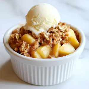 To make a tasty single-serve apple crumble, you need: - 1 medium apple (Granny Smith or Honeycrisp), peeled and diced - 1 tablespoon brown sugar - 1/2 teaspoon cinnamon - 1 tablespoon lemon juice - 2 tablespoons rolled oats - 1 tablespoon all-purpose flour - 1 tablespoon cold butter or coconut oil, cubed - Pinch of salt - A scoop of vanilla ice cream (optional, for serving) If you don&rsquo;t have a Granny Smith or Honeycrisp apple, feel free to use any firm apple. Fuji or Gala work well. For brown sugar, you can swap it with white sugar or coconut sugar. If you want a dairy-free option, use coconut oil instead of butter. You can also replace all-purpose flour with almond flour for a nutty flavor. If you want a crunchier topping, add nuts or seeds to the crumble mix. Using fresh ingredients is key for great flavor. Fresh apples give you the best taste and texture. When apples are crisp, they hold up well during baking. Fresh spices like cinnamon add a warm, rich aroma. Fresh lemons give you bright acidity, balancing the sweetness of the apples. When you use fresh ingredients, your dish tastes better and looks more inviting. Always choose the best quality for a delightful dessert! {{ingredient_image_1}} First, gather your ingredients. You need one medium apple, brown sugar, cinnamon, lemon juice, rolled oats, flour, cold butter or coconut oil, and a pinch of salt. Start by preheating your oven to 350&deg;F (175&deg;C). This helps your crumble bake evenly. Next, peel and dice your apple. I love using Granny Smith or Honeycrisp for their tartness. In a small bowl, mix the diced apple with lemon juice, brown sugar, and cinnamon. Toss everything together until the apple is coated. Then, place the apple mixture into a small, oven-safe ramekin. Spread it out evenly. While the oven preheats, prepare the crumble topping. In another bowl, combine the rolled oats, flour, cubed butter or coconut oil, and a pinch of salt. Use your fingers or a fork to mix it all together. You want it to look like coarse crumbs. Sprinkle the crumble mixture evenly over the apple. This layer adds texture and crunch. Now, place your ramekin in the oven. Bake for 25 to 30 minutes. You&rsquo;ll know it&rsquo;s done when the apple is tender and the topping turns golden brown. After baking, let it cool slightly. This makes it easier to eat. If you want to make your dessert extra special, add a scoop of vanilla ice cream right before serving! To make the best apple crumble, choose the right apple. I love using Granny Smith or Honeycrisp apples. They add a nice tartness. Make sure to peel and dice them evenly. This helps them cook at the same rate. Toss the diced apples with lemon juice, brown sugar, and cinnamon. This adds flavor and keeps the apples bright. You can add extra flavors to your crumble. Try mixing in some chopped nuts like walnuts or pecans. This adds crunch and depth. For a twist, mix in dried fruits like raisins. A splash of vanilla extract can also boost flavor. If you want a more spicy kick, add a pinch of nutmeg. Serving your apple crumble warm is the best way. A scoop of vanilla ice cream on top makes it even better. The hot crumble and cold ice cream create a great contrast. You can also serve it with whipped cream for extra creaminess. If you have leftovers, enjoy them for breakfast topped with yogurt! Pro Tips Choose the Right Apple: For the best flavor and texture, opt for tart apples like Granny Smith or sweet ones like Honeycrisp. They hold up well during baking and provide a nice contrast to the sweetness of the crumble. Enhance the Flavor: Add a pinch of nutmeg or ginger to the crumble topping for an extra layer of warmth and spice that complements the apples beautifully. Crispy Topping Tip: Ensure your butter or coconut oil is cold when mixing it with the dry ingredients. This helps achieve a crunchy, crumbly texture when baked. Serving Suggestions: For a delightful twist, serve your apple crumble with a drizzle of caramel sauce or a sprinkle of chopped nuts for added crunch and flavor. {{image_2}} You can change the fruit in this apple crumble. Try pears for a sweet twist. Berries, like blueberries or raspberries, add a nice tartness. Peach chunks give it a summer vibe. You can mix two or three fruits for a fun blend. Just remember to adjust sugar based on how sweet your fruit is. To make this dessert a bit healthier, use less sugar. You can swap brown sugar with honey or maple syrup. Use unsweetened applesauce instead of butter to cut calories. You can also use almond flour or oat flour in place of all-purpose flour. These options keep the taste yummy while being kinder to your body. For gluten-free options, simply use certified gluten-free oats and flour. Coconut oil works well in place of butter for a vegan choice. If you want to add extra flavor, sprinkle in some nuts or seeds. This adds crunch and boosts nutrition. Enjoy this treat knowing it fits your diet! To keep your apple crumble fresh, first let it cool. Then, cover the ramekin with plastic wrap or foil. You can also transfer it to an airtight container. Store it in the fridge for up to three days. This keeps it tasty and ready for you. When you want to enjoy your leftover apple crumble, preheat your oven to 350&deg;F (175&deg;C). Place the crumble in the oven, covered with foil, for about 10-15 minutes. This warms it evenly without drying it out. If you prefer, you can also microwave it. Heat it for about 30 seconds to 1 minute. Just check to see if it&rsquo;s warm enough before digging in. If stored well, your apple crumble can last for about three days in the fridge. If you freeze it, it can last for up to three months. Just make sure to use a freezer-safe container. When you're ready to eat it, let it thaw in the fridge overnight before reheating. Enjoy your delicious dessert anytime! Yes, you can use other apples! I recommend using apples that are crisp and tart. Honeycrisp and Fuji apples work well. They add a sweet touch. You can also try Granny Smith for a tangy flavor. Mixing different apples can give a great taste. Just make sure to adjust the sugar if needed. The crumble is done when the apples are soft. Check for a golden brown topping. It should look nice and crispy. Bake it for 25-30 minutes at 350&deg;F (175&deg;C). If you're unsure, you can poke the apples with a fork. They should be tender. Yes, you can prepare your apple crumble ahead of time. You can chop the apples and mix them with lemon juice and sugar. Store this mix in the fridge for up to a day. You can also make the crumble topping and keep it in a separate bowl. Just assemble and bake when you&rsquo;re ready! In this blog post, we explored key ingredients, cooking steps, and helpful tips for making apple crumble. You learned about ingredient substitutions and the importance of freshness. We discussed baking tips and serving ideas to enhance flavor. Also, we covered variations for different diets and how to store leftover crumble. Apple crumble is fun to make and share. With these steps, you can create a tasty dessert to enjoy anytime.
