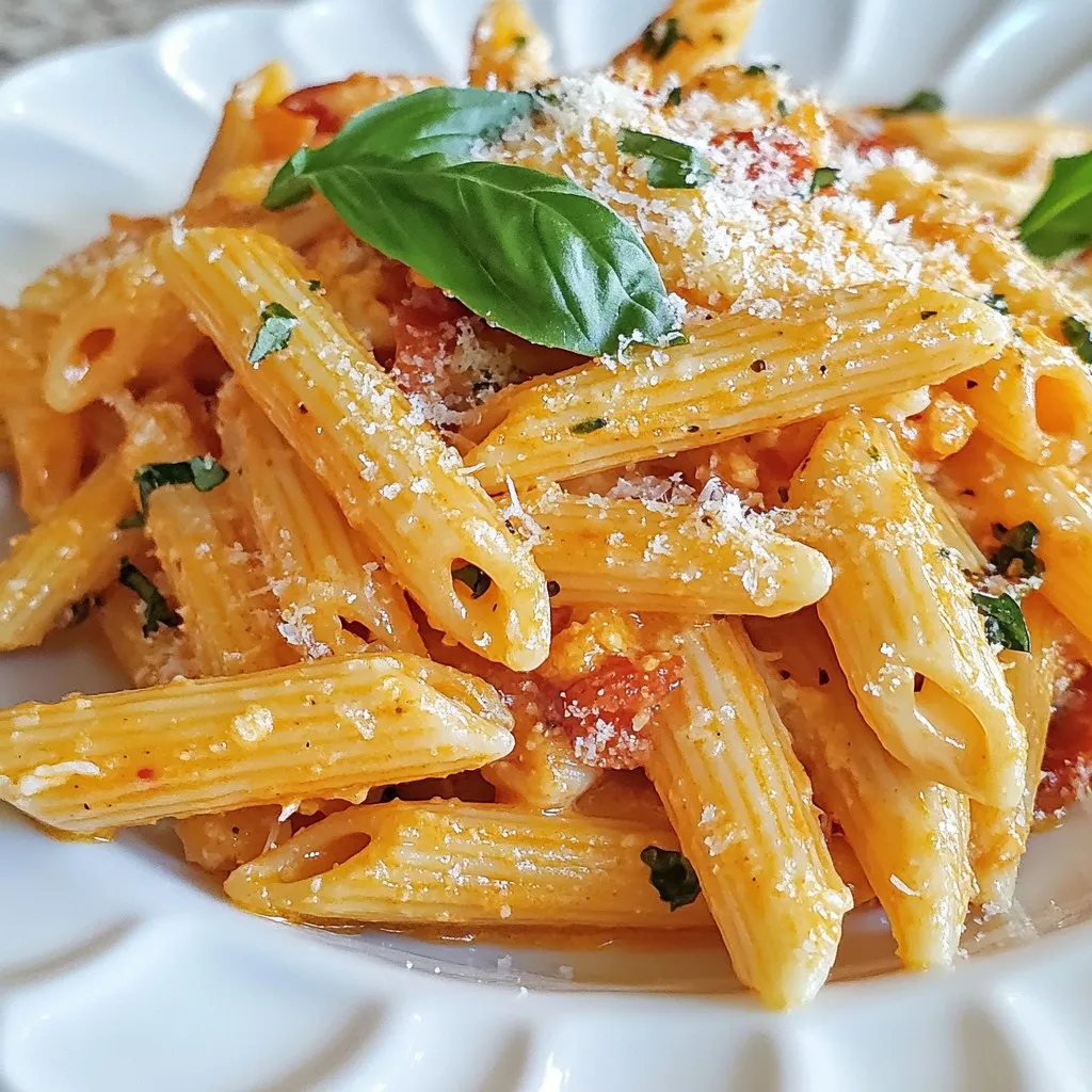 - 300g pasta (penne or fettuccine) - 2 tablespoons olive oil - 4 cloves garlic, minced - 1 can (400g) crushed tomatoes - 1 cup heavy cream or coconut cream - 1 teaspoon dried basil - 1 teaspoon dried oregano - Salt and pepper to taste - Fresh basil leaves for garnish - Grated Parmesan cheese (optional) When I prepare creamy tomato garlic pasta, I focus on fresh ingredients. Fresh garlic adds great flavor. If you can, use high-quality olive oil. It helps the sauce taste rich and smooth. You can swap the heavy cream for coconut cream if you want a dairy-free dish. Both options work well here. If you don't have penne or fettuccine, any pasta type will do. Just make sure it can hold sauce well, like rotini or rigatoni. For herbs, fresh basil is great for garnish. If you don't have it, skip it or use dried basil instead. Always taste your sauce and adjust the salt and pepper. Quality ingredients make a huge difference in flavor. Use ripe tomatoes if you opt for fresh. They will enhance the dish's overall taste. Remember, cooking is about using what you love. Enjoy the process and feel free to personalize this recipe! {{ingredient_image_1}} To cook the pasta, fill a large pot with salted water. Bring it to a boil. Add the pasta and cook until al dente. This means the pasta should be firm to the bite. Follow the package instructions for the exact time. Best Practices for Al Dente Pasta: - Use a timer to avoid overcooking. - Taste the pasta a minute before the time is up. Tips for Reserving Pasta Water: - Before draining, scoop out 1 cup of pasta water. - This water is starchy and helps the sauce stick. Common Mistakes to Avoid: - Don’t rinse the pasta. It washes away flavor. - Avoid cooking pasta in too little water. It can get sticky. When sautéing garlic, the goal is to make it fragrant. You want it soft but not brown. Brown garlic can taste bitter. Importance of Not Browning Garlic: - Overcooked garlic can ruin your dish. - It’s best to cook it just enough to release its aroma. Alternative Methods for Sautéing: - You can use butter instead of olive oil for a richer taste. - Try adding garlic powder if you run out of fresh garlic. How to Tell When Garlic is Perfectly Sautéed: - It should smell sweet and nutty. - Watch for a light golden color. Once the garlic is ready, it's time to add the tomatoes. Let them simmer to create a rich flavor. Technique for Simmering Sauce: - Stir the sauce gently to keep it from sticking. - Let it cook for 5-7 minutes to meld the flavors. How to Achieve the Perfect Creamy Texture: - Slowly mix in the cream after lowering the heat. - Stir well to combine everything smoothly. Adjusting Sauce Thickness Using Pasta Water: - If the sauce is too thick, add pasta water a bit at a time. - This helps reach your desired consistency without losing flavor. To make your creamy tomato garlic pasta shine, focus on the seasonings. You can adjust the salt and pepper to your taste. If you want a punch of flavor, add a pinch of red pepper flakes. This adds heat without overpowering the dish. Herbs can elevate the sauce. Try adding fresh basil or parsley at the end for a bright taste. If you like a deeper flavor, let the sauce simmer longer. This helps all the flavors meld together. Cooking the garlic right is key. Sauté it until just fragrant. If it browns, it can taste bitter. Keep an eye on it and stir often to prevent burning. Creamy tomato garlic pasta pairs well with a fresh salad. A simple side salad with mixed greens is perfect. You can also serve it with crusty bread to soak up the sauce. For a fun twist, add grilled chicken or shrimp on top. This adds protein and makes the meal heartier. When plating, a sprinkle of grated Parmesan cheese adds flair. Finish with fresh basil leaves for a pop of color. This not only looks nice but adds extra flavor too. Pro Tips Use Fresh Tomatoes: For a more vibrant flavor, consider using fresh tomatoes instead of canned. Simply blanch, peel, and crush them before adding to the sauce. Adjust Creaminess: If you prefer a lighter sauce, you can substitute heavy cream with Greek yogurt or a non-dairy alternative like almond milk for a creamy texture without the calories. Boost Flavor with Cheese: Add a dash of grated Pecorino Romano or a sprinkle of nutritional yeast to enhance the umami flavor of your creamy tomato sauce. Perfect Pasta Toss: To ensure the pasta absorbs the sauce better, let it sit in the sauce for a minute before serving, allowing the flavors to meld. {{image_2}} You can easily adapt creamy tomato garlic pasta to fit different diets. Here are some options: - Gluten-free pasta alternatives: Use gluten-free penne or fettuccine. They taste great and work well in this dish. - Vegan and dairy-free options: Replace heavy cream with coconut cream or a cashew cream. You can also skip cheese or use a vegan cheese. - Low-carb modifications: Try zucchini noodles or spaghetti squash. These options lower the carbs while keeping the taste. Enhancing the flavors in creamy tomato garlic pasta makes it even better. Here are some ideas: - Adding proteins: You can add cooked chicken, shrimp, or even crispy bacon. These proteins make the dish heartier and more filling. - Incorporating veggies: Toss in spinach, mushrooms, or bell peppers. They brighten the dish and add nutrition. - Experimenting with different cheeses: Try adding mozzarella, goat cheese, or feta for unique flavors. Each cheese brings something special to the dish. Feel free to play with these ideas and make the dish your own! To store leftovers, let the pasta cool first. Place it in an airtight container. This keeps the pasta fresh. Use glass or plastic containers for storage. These are best for keeping flavors in. You can store it in the fridge for up to three days. Make sure to check for any signs of spoilage before eating. When reheating pasta, use low heat on the stove. Stir often to avoid burning. You can also reheat in the microwave. Add a splash of water or cream to keep it creamy. This helps restore moisture. If it looks dry, add more liquid slowly. This way, your creamy tomato garlic pasta stays delicious and smooth. Can I use different types of pasta? Yes, you can use any pasta you like. Penne or fettuccine work well. Other options include spaghetti or farfalle. Just make sure to cook it al dente. How can I make this dish spicier? To add heat, try red pepper flakes or diced jalapeños. You can mix them in with the garlic. Start with a small amount, then taste and adjust to your liking. What’s the best way to serve creamy tomato garlic pasta? Serve it hot on a plate. Top it with fresh basil leaves and grated Parmesan cheese. This adds flavor and looks great. Pair it with a salad or garlic bread for a full meal. Can I use fresh tomatoes instead of canned? Yes, you can use fresh tomatoes. Just chop them up and cook them down. You may need to add a bit of water to get the right consistency. Is there a substitute for heavy cream? You can use coconut cream or a mix of milk and butter. This keeps the sauce creamy without heavy cream. What can I use if I don’t have basil? If you don’t have basil, you can try dried oregano or parsley. These herbs will still add great flavor to your dish. In this article, we explored the key ingredients for creamy tomato garlic pasta, the step-by-step cooking process, and helpful tips to enhance flavor. We also discussed dietary variations, storage methods, and common questions. Remember, cooking is about finding what works for you. Experiment with ingredients and flavors. Make this dish your own, whether it's adding protein or veggies. Enjoy your cooking journey and share your delicious outcomes with others. Happy cooking!