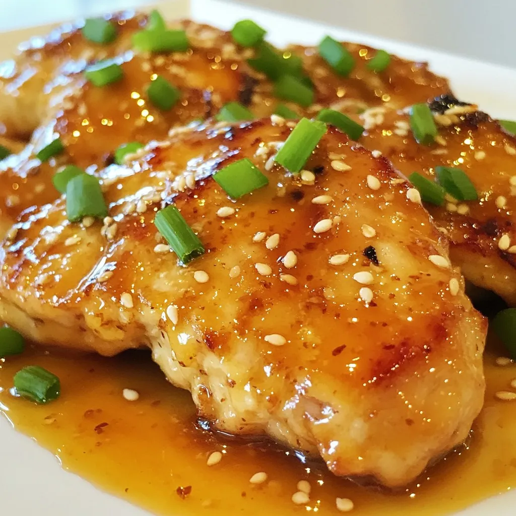 To make honey garlic chicken breasts, you need a few simple yet flavorful ingredients. These items are easy to find and will make your dish shine. Here’s what you’ll need: - 4 boneless, skinless chicken breasts - 1/2 cup honey - 4 cloves garlic, minced - 2 tablespoons soy sauce (low sodium recommended) - 2 tablespoons apple cider vinegar - 1 tablespoon olive oil - 1 teaspoon ginger, grated (fresh or ground) - Salt and pepper to taste - 1 tablespoon sesame seeds (for garnish) - 2 green onions, chopped (for garnish) Each ingredient plays a key role. The chicken breasts are the main star. Honey adds sweetness, while garlic gives a nice kick. Soy sauce adds depth, and apple cider vinegar brings brightness. Olive oil helps with cooking, and ginger adds warmth. Salt and pepper enhance all the flavors. Finally, sesame seeds and green onions add a lovely touch on top. Enjoy cooking! {{ingredient_image_1}} - Preheat your oven to 375°F (190°C). This heat helps cook the chicken evenly. - In a mixing bowl, whisk together the honey, minced garlic, soy sauce, apple cider vinegar, olive oil, and grated ginger. Mix until you see a smooth blend. This marinade brings out great flavors. - Season the chicken breasts with salt and pepper on both sides. This step adds a nice taste. - Place the chicken breasts in a baking dish. Pour the honey garlic marinade over them. Make sure they are well coated. This ensures each bite is full of flavor. - Cover the baking dish with foil. This keeps the chicken moist as it bakes. Bake for 25 minutes. - After 25 minutes, remove the foil. Baste the chicken with the sauce. This adds more flavor. Bake for an additional 10-15 minutes. The chicken should reach an internal temperature of 165°F (75°C). - Ensuring proper internal temperature: Cook the chicken until it reaches 165°F (75°C). This way, you ensure it is safe and juicy. Use a meat thermometer to check the temperature. - Tips for juicy chicken: Let the chicken rest after baking. This helps the juices stay inside. Cover it with foil to keep it warm while resting. - Adjusting sweetness and seasoning: If you like it sweeter, add more honey. If you want more salt, sprinkle a bit more on. Always taste the marinade before using it. - Using fresh ingredients: Fresh garlic and ginger give the best flavor. Avoid dried versions for this dish. Fresh ingredients can really make your meal pop. - Presentation ideas: Serve the chicken on a nice platter. Drizzle the sauce over the top. Sprinkle sesame seeds and green onions for color. - Ideal side dishes: Steamed rice pairs well. A fresh salad balances the sweetness of the chicken. Roasted veggies also make a great side. Pro Tips Marinade Time: For deeper flavor, let the chicken marinate in the honey garlic sauce for at least 30 minutes or up to overnight in the refrigerator. Cooking Method: If you prefer a caramelized finish, you can sear the chicken breasts in a skillet for 2-3 minutes on each side before baking. Garnishing: Fresh herbs like cilantro or parsley can enhance the dish's flavor and presentation when sprinkled on top before serving. Leftover Storage: Store any leftovers in an airtight container in the refrigerator for up to 3 days. Reheat gently in the oven or microwave. {{image_2}} You can switch up the honey for other sweeteners. Maple syrup works well if you want a different flavor. Agave nectar is another choice that adds sweetness without a strong taste. For sauce variations, try using teriyaki sauce instead of soy sauce. This change gives a unique taste to the chicken. You can also add chili paste if you like some heat in your meal. Grilling the chicken gives it a nice smoky flavor. Marinate the chicken as usual, then grill it on medium heat. Cook until the internal temperature hits 165°F (75°C). In a slow cooker, combine the chicken with the marinade. Cook on low for 6 hours or high for 3 hours. This method makes the chicken very tender and full of flavor. For gluten-free adjustments, use tamari instead of soy sauce. This change keeps the flavor and makes it safe for those with gluten issues. If you want low-sugar alternatives, use sugar-free honey or a sugar substitute. These options help reduce sugar while keeping your dish tasty. To keep your honey garlic chicken breasts fresh, store leftovers properly. Place them in an airtight container. This helps lock in moisture and flavor. Ideally, eat the leftovers within three to four days. If you notice any off-smells or changes in texture, it’s best to toss them. You can freeze honey garlic chicken for later. Allow the chicken to cool completely. Wrap each piece tightly in plastic wrap. Then, place them in a freezer-safe bag or container. This helps prevent freezer burn. To thaw, move the chicken to the fridge for several hours or overnight. If you’re in a hurry, you can also use the microwave on a low setting. When it’s time to enjoy your chicken again, reheating is key. The best method is to warm it in the oven. Preheat your oven to 350°F (175°C). Place the chicken in a baking dish with a splash of water or sauce. Cover it with foil to keep it moist. Heat for about 15-20 minutes or until warm. Avoid microwaving for too long, as it can dry out the chicken. Enjoy your meal! How long to bake chicken breasts? You should bake chicken breasts for 25 minutes at 375°F (190°C). After 25 minutes, remove the foil and baste the chicken. Bake for another 10-15 minutes until the chicken reaches 165°F (75°C) inside. Can I use frozen chicken? Yes, you can use frozen chicken. However, you must thaw it first. This way, the marinade will stick better. Thaw the chicken in the fridge overnight for best results. What type of honey is best for this recipe? I recommend using natural honey. Local honey adds a great flavor. Try to avoid processed honey as it may lack taste. Can I substitute garlic powder for fresh garlic? You can use garlic powder instead of fresh garlic. However, fresh garlic gives a richer flavor. If you use garlic powder, use 1 teaspoon for each clove. How can I spice it up? You can add red pepper flakes for heat. A pinch of cayenne pepper also works well. Experiment with spices to find your favorite level of heat. What are good alternative marinades? Try a teriyaki marinade for a different taste. A lemon herb mixture adds zest. You can also use a balsamic glaze for a sweet and tangy flavor. In this post, we covered the ingredients and steps to make a tasty chicken dish. You learned about essential tips and tricks for cooking, flavoring, and serving. We also explored variations and storage methods to help you enjoy it later. Remember, cooking chicken doesn't have to be hard. With the right methods and ingredients, you can create a delicious meal. Now, it’s time to try this recipe yourself. Enjoy your cooking and savor every bite!