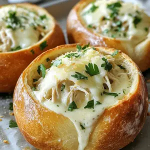 For the best Chicken Alfredo Garlic Bread Bowls, you need some key ingredients: - 2 large loaves of soft Italian bread - 2 cups cooked chicken breast, shredded - 1 cup heavy cream - 1 cup grated Parmesan cheese - 2 tablespoons butter - 4 cloves garlic, minced - 1 teaspoon garlic powder - 1 teaspoon Italian seasoning - Salt and pepper to taste These ingredients create a rich, creamy sauce that pairs perfectly with the bread. The chicken adds protein, making it a hearty dish. Adding a few garnishes can elevate your dish. Here are some you might consider: - Fresh parsley, chopped (for garnish) - Extra grated Parmesan cheese - Red pepper flakes for heat These extras bring color and flavor to your bowls. They also make your dish look great when served. To make this recipe, you will need some basic kitchen tools: - A sharp knife for slicing bread - A saucepan for the sauce - A whisk for mixing - A baking tray for toasting the bread bowls Having these tools ready will make your cooking process smooth and fun. {{ingredient_image_1}} To start, preheat your oven to 350&deg;F (175&deg;C). This temperature helps the bread get nice and warm. Next, take the two large loaves of soft Italian bread. Slice off the top of each loaf. Be careful not to cut too deep. You want to leave about a half-inch shell. Scoop out the insides and set them aside. You can use this bread later for breadcrumbs or to dip in the sauce. Now, let&rsquo;s make the creamy Alfredo sauce. In a saucepan, melt two tablespoons of butter over medium heat. Add four cloves of minced garlic and saut&eacute; for about one minute. You want it to smell great! Pour in one cup of heavy cream. Bring this to a simmer. Stir in one cup of grated Parmesan cheese, one teaspoon of garlic powder, and one teaspoon of Italian seasoning. Add salt and pepper to taste. Whisk the sauce until it is smooth and slightly thickened. This should take about three to five minutes. Now, add two cups of shredded chicken to the sauce. Stir well to coat the chicken. It&rsquo;s time to fill the bread bowls! Carefully spoon the warm chicken Alfredo mixture into each hollowed bread bowl. Pack the mixture in slightly to fit more. Place the filled bowls on a baking tray. Bake them in the preheated oven for about 15 to 20 minutes. You want the bread to get toasted and golden brown. When they are done, take them out and garnish with chopped fresh parsley. Serve them warm, and enjoy! To make the best Alfredo sauce, use fresh ingredients. Start with real butter and heavy cream. These give the sauce its rich taste. Grate your Parmesan cheese instead of using pre-shredded. Fresh cheese melts better and adds a smooth texture. Stir the sauce often to keep it creamy. Always taste and adjust salt and pepper to your liking. Toasting your bread bowls is key for a great meal. After filling them with Alfredo, place them on a baking tray. Bake them at 350&deg;F for 15-20 minutes. This makes the outside crispy while keeping the inside soft. Keep an eye on them to avoid burning. A golden-brown top means they are ready to serve. Soggy bread is not fun. To avoid this, scoop out the bread gently. Leave a thicker shell to hold the sauce. You can also toast the bread before filling it. This adds a nice crunch. If you have leftover bread, use it for dipping in the sauce. It&rsquo;s a great way to enjoy every bite! Pro Tips Use Fresh Ingredients: Always opt for fresh garlic and high-quality Parmesan cheese for the best flavor in your Alfredo sauce. Customize Your Filling: Feel free to add vegetables like spinach or broccoli to the chicken Alfredo mixture for extra nutrients and color. Toast the Bread Well: For a crispier texture, you can broil the bread bowls for the last few minutes of baking, but keep an eye on them to prevent burning. Store Leftovers Properly: If you have leftover filling, store it in an airtight container in the fridge and use it in pasta or as a filling for other dishes. {{image_2}} You can make a great vegetarian version of these bowls. Start by swapping the chicken for hearty veggies. Use mushrooms, spinach, or zucchini. They add a rich flavor and texture. For the sauce, keep the heavy cream and cheese. This makes the dish creamy and smooth. Adding vegetables boosts taste and nutrition. Try bell peppers, broccoli, or peas. Saut&eacute; them in the garlic butter before adding the cream. This brings out their flavor. You can also sprinkle in some red pepper flakes for a spicy kick. This extra step makes the dish pop! You can switch the protein to fit your taste. Shrimp or sausage work well too. Cook shrimp in the garlic butter until pink. For sausage, slice it and brown it in the pan first. Both options give a new twist to the classic recipe. You can even mix proteins for more fun! To store leftover Chicken Alfredo bowls, let them cool first. Wrap each bowl in plastic wrap or foil. You can also place them in an airtight container. Store them in the fridge for up to three days. This keeps the bread fresh and the chicken safe. When you're ready to enjoy your leftovers, preheat your oven to 350&deg;F (175&deg;C). Place the bread bowls on a baking sheet. Cover them with foil to keep them from drying out. Heat for about 10-15 minutes. You can also microwave them. If you choose the microwave, heat each bowl for about 1-2 minutes. Check to make sure they are warm all the way through. Freezing Chicken Alfredo bowls is easy! Wrap each bowl well in plastic wrap, then place them in a freezer bag. Be sure to remove as much air as you can. These bowls can last in the freezer for up to three months. To reheat, thaw in the fridge overnight, then follow the reheating steps above. This way, you can enjoy a warm, cheesy meal anytime! Yes, you can use store-bought Alfredo sauce. It saves time and effort. Just heat the sauce on the stove before mixing in the chicken. If you want a richer flavor, add some garlic and Italian seasoning. This small change gives a fresh taste. If you don't have heavy cream, use whole milk mixed with butter. For each cup of heavy cream, combine 3/4 cup of milk with 1/4 cup of melted butter. This mix keeps the sauce creamy. You can also try using half-and-half for a lighter option. Making garlic bread is easy. Here&rsquo;s a simple method: - Start with a loaf of Italian or French bread. - Mix softened butter, minced garlic, salt, and parsley in a bowl. - Spread this mix on the bread. - Bake at 375&deg;F (190&deg;C) for about 10-15 minutes. - For extra crunch, broil for 1-2 minutes after baking. This will give you a tasty garlic bread to pair with your Chicken Alfredo Garlic Bread Bowls! In this blog post, we explored how to create Chicken Alfredo Garlic Bread Bowls. We covered the main ingredients, step-by-step instructions, tips for the best results, and ways to customize your dish. I shared storage tips and answered common questions about substitutions and making garlic bread. These bowls are easy, fun, and delicious. You can impress anyone with this recipe. Enjoy experimenting with flavors and don&rsquo;t be afraid to make it your own!